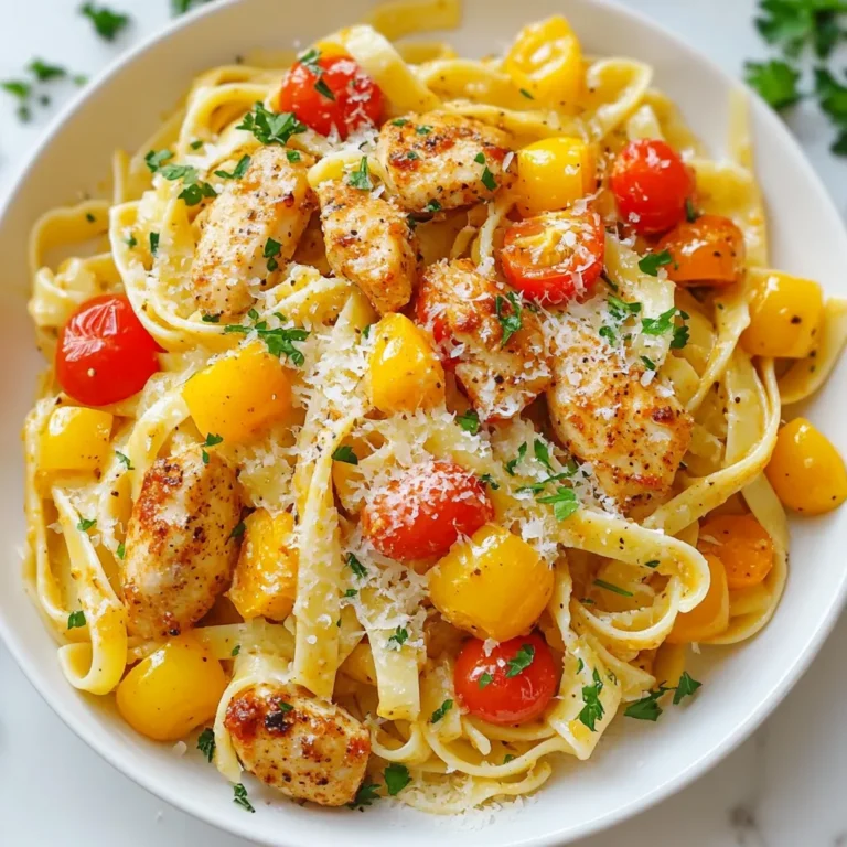 To make Creamy Cajun Chicken Pasta, gather these simple ingredients: - 8 oz (225g) fettuccine pasta - 1 lb (450g) chicken breast, cut into bite-sized pieces - 1 tablespoon Cajun seasoning - 2 tablespoons olive oil - 1 bell pepper (red or yellow), sliced - 1 small onion, finely chopped - 3 cloves garlic, minced - 1 cup heavy cream - 1 cup chicken broth - 1 cup cherry tomatoes, halved - ½ cup grated Parmesan cheese - Salt and pepper to taste - Fresh parsley, chopped (for garnish) You can swap some ingredients if needed. Here are a few options: - Use penne or spaghetti instead of fettuccine. - Swap chicken for shrimp or tofu for a different protein. - Use coconut cream instead of heavy cream for a dairy-free option. - If you don't have Cajun seasoning, mix paprika, garlic powder, and cayenne pepper. - Any sweet bell pepper works, so try green or orange if you prefer. Choosing fresh ingredients makes a big difference. Follow these tips: - Pick firm, brightly colored bell peppers. They should feel heavy for their size. - Choose chicken that is pink and moist, not gray or dry. - Look for fragrant garlic that is firm and not sprouting. - For cherry tomatoes, select ones that are shiny and without blemishes. - When buying herbs like parsley, look for vibrant green leaves and no wilting. These small steps ensure your Creamy Cajun Chicken Pasta is full of flavor and freshness! {{ingredient_image_1}} First, fill a large pot with water and add a good amount of salt. Bring the water to a boil. Once boiling, add the fettuccine pasta. Cook it according to the package instructions until it's al dente. This usually takes about 8-10 minutes. When it's done, drain the pasta and set it aside. Now your fettuccine is ready to join the party! In a bowl, grab your chicken breast pieces and sprinkle on the Cajun seasoning. Toss them well so every piece gets coated. Next, heat 2 tablespoons of olive oil in a large skillet over medium-high heat. Once hot, add your seasoned chicken pieces. Cook them for about 5-7 minutes until they turn golden brown and are cooked through. When done, take the chicken out of the pan and set it aside. In the same skillet, toss in the chopped onion and sliced bell pepper. Sauté these for 3-4 minutes until they soften and become fragrant. Then, add the minced garlic and cook for one more minute. Now, it’s time to make the sauce! Pour in the chicken broth and bring it to a gentle simmer for 2-3 minutes. Next, add the heavy cream, stirring well to mix. Once combined, return the cooked chicken to the skillet along with the halved cherry tomatoes. Let everything simmer together for an additional 3-4 minutes. Finally, add the cooked fettuccine to the skillet and toss everything together. Your creamy Cajun chicken pasta is coming together beautifully! If you want to save time, use pre-cooked chicken. This can cut your cooking time down by about 10 minutes. You can also use smaller pasta shapes, like penne, since they cook faster. Always check the pasta package for cooking times. Ensure your pasta is al dente to keep it firm and tasty. To boost flavor, try adding smoked paprika or cayenne pepper. This adds a nice kick to your dish. Fresh herbs, like thyme, can elevate the taste. You can also add a splash of lemon juice for brightness. If you love cheese, add extra Parmesan on top before serving. This creamy Cajun chicken pasta pairs well with garlic bread or a crisp salad. You can add a sprinkle of red pepper flakes for an extra kick. Serve it family-style in a large bowl. Don't forget to garnish with fresh parsley for color and flavor. Enjoy your meal with a glass of white wine for a perfect match. Pro Tips Season Your Pasta Water: Always add a generous amount of salt to your boiling water before adding the pasta. This enhances the flavor of the fettuccine from the inside out. Let the Chicken Rest: After cooking the chicken, allow it to rest for a few minutes before slicing. This helps retain its juices and keeps it moist. Customize the Heat: If you prefer a spicier dish, feel free to add a pinch of cayenne pepper or increase the amount of Cajun seasoning to suit your taste. Garnish for Freshness: Adding fresh parsley not only enhances the presentation but also adds a burst of freshness that complements the creamy sauce. {{image_2}} You can easily turn this dish into a tasty vegetarian meal. Just swap the chicken for hearty veggies. Good choices are mushrooms, zucchini, or eggplant. Sauté them in olive oil until tender. Toss in the Cajun seasoning for that bold flavor. You can follow the same steps as the original recipe. Add more cherry tomatoes for extra sweetness. This variation keeps the creamy texture and the flavor punch. If you love heat, try adding more spice to the chicken. A pinch of cayenne pepper or red pepper flakes can kick up the heat. You can also use spicy sausage instead of chicken for a different taste. Cook the sausage first, then add the veggies and follow the rest of the steps. This adds a new layer of flavor and makes the dish even more exciting. You don't have to stick with fettuccine. You can use any pasta you like. Penne, rotini, or even whole wheat pasta works great. Just keep an eye on the cooking time as it may vary. Gluten-free pasta is another option if you need it. No matter what pasta you choose, the creamy sauce pairs well with all types. It will still be creamy and delicious! To keep your Creamy Cajun Chicken Pasta fresh, let it cool first. After cooling, place it in an airtight container. Store it in the fridge for up to three days. Make sure to label the container with the date. This way, you know when to eat it! If you want to save it for later, freezing is a great option. After cooling, portion the pasta into freezer-safe bags. Try to remove as much air as possible. Seal the bags tightly and label them with the date. You can freeze it for up to three months. When ready to eat, just thaw it overnight in the fridge. Reheating your pasta is easy! You can use a microwave or stovetop. For the microwave, place the pasta in a bowl and cover it with a damp paper towel. Heat in short bursts, stirring in between. For stovetop, add a splash of chicken broth in a pan. Heat on low and stir until warm. Enjoy your pasta just like it was fresh! Yes, you can make this dish ahead of time. Cook the pasta and chicken as directed. Then, store them in an airtight container in the fridge. When ready to eat, reheat them in a pan. Add a splash of chicken broth to keep it creamy. You can use half-and-half or milk mixed with cornstarch. This will keep the creaminess. Coconut milk is another option for a dairy-free choice. Just remember, it may change the flavor slightly. To make it less spicy, use less Cajun seasoning. You can also skip the seasoning altogether. Adding more heavy cream or cheese will help balance the heat. Serve with a side of bread to cool it down, too. This blog post covered everything you need for a tasty Cajun pasta dish. You learned about ingredient choices, cooking steps, and helpful tips. We explored variations to fit any taste, from vegetarian to spicy options. Lastly, I shared storage tips to keep leftovers fresh. In making your own Cajun pasta, trust your taste buds. Try new ingredients and methods. Enjoy the cooking process and make this dish your own!