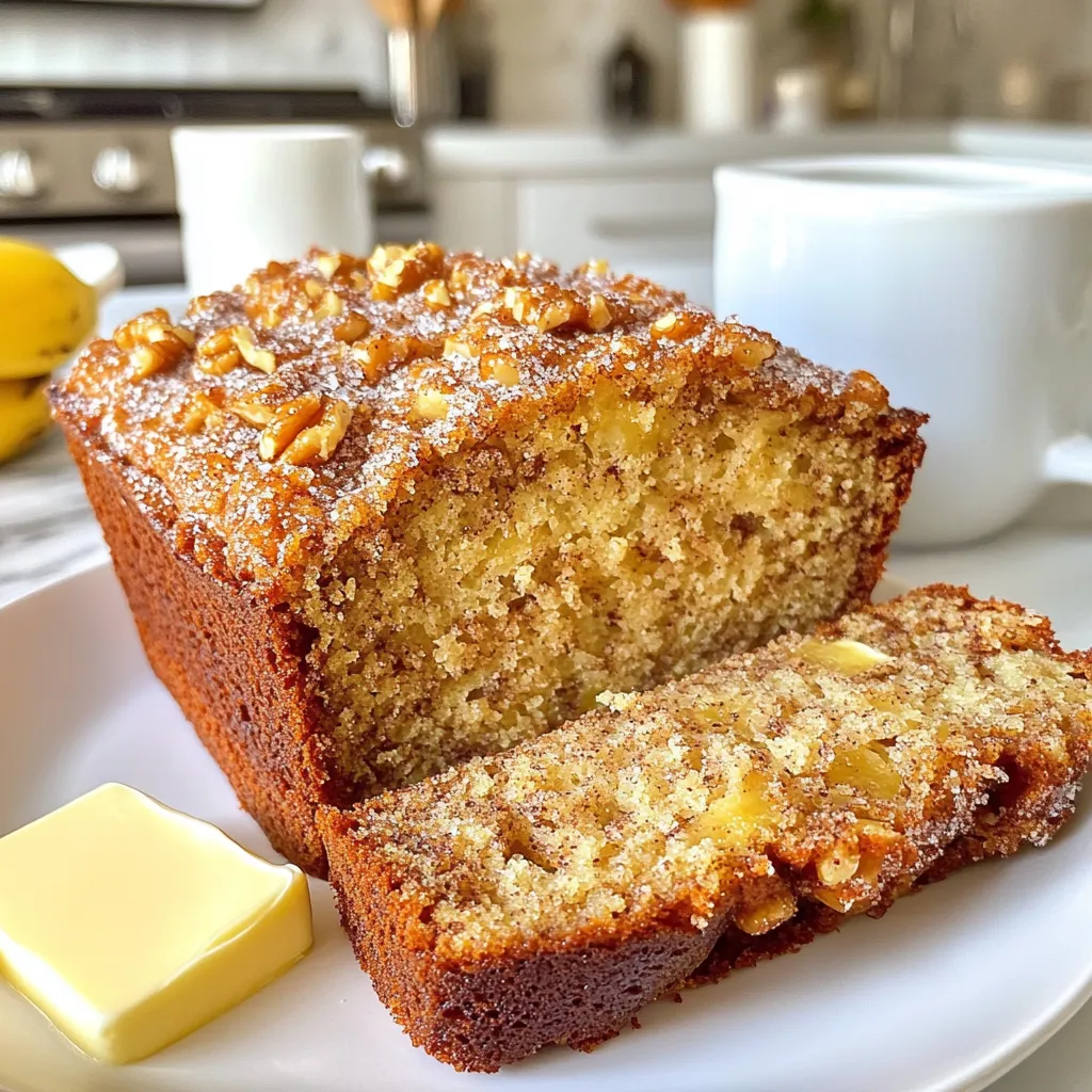 To make your Cinnamon Crunch Banana Bread, you will need the following ingredients: - 3 ripe bananas, mashed - 1/3 cup melted coconut oil (or unsalted butter) - 1/2 cup brown sugar - 1 large egg, beaten - 1 teaspoon vanilla extract - 1 teaspoon baking soda - Pinch of salt - 1 teaspoon ground cinnamon - 1 1/2 cups all-purpose flour - 1/2 cup walnuts, chopped (optional) - 1/4 cup cinnamon sugar (for the topping) Each ingredient plays an important role. The ripe bananas give the bread its sweet flavor and moist texture. Coconut oil or butter adds richness and helps bind the bread. Brown sugar adds depth with its caramel notes. The egg acts as a binder and gives structure. Vanilla extract enhances the overall flavor. Baking soda helps the bread rise while the salt balances the sweetness. Ground cinnamon infuses warm spice, making every bite comforting. All-purpose flour provides the base, while walnuts add a nice crunch if you choose to include them. The cinnamon sugar topping gives that delightful crunch and extra sweetness on top. Gather these ingredients, and you are ready to create a delicious treat that fills your kitchen with warmth and aroma. {{ingredient_image_1}} - Preheat your oven to 350°F (175°C). Grease a 9x5 inch loaf pan. - In a mixing bowl, mash the ripe bananas. Add the melted coconut oil and mix well. - Stir in the brown sugar, beaten egg, and vanilla extract until combined. - Add baking soda, salt, and cinnamon. Mix thoroughly to blend the flavors. - Gradually fold in the all-purpose flour until just combined. Be careful not to overmix! - Pour the batter into the prepared loaf pan. Smooth the top for even baking. - In a small bowl, mix 1/4 cup sugar with 1 teaspoon cinnamon. Sprinkle this mixture over the batter. - Bake for 55-60 minutes. Check doneness with a toothpick in the center. It should come out clean. To get the best texture in your banana bread, avoid overmixing the batter. When you mix too much, the bread can turn out tough. Stir until just combined for a soft loaf. It’s also key to cool the bread properly before slicing. Let it rest in the pan for 10 minutes, then move it to a wire rack. This helps the flavors settle and makes for cleaner slices. You can boost the flavor with some tasty add-ins. Try adding nuts like walnuts or pecans for a nice crunch. Chocolate chips are also a fun choice. If you want to switch it up, use different oils or butters. Coconut oil gives a light taste, while unsalted butter adds a rich flavor. Both options work well! For a lovely presentation, slice the banana bread with a sharp knife. Serve it warm for the best taste. Adding a dollop of butter or cream cheese on the side makes it special. You can also sprinkle some extra cinnamon sugar on top for a beautiful finish. A simple garnish can turn your banana bread into a showstopper! Pro Tips Choose Ripe Bananas: The riper the bananas, the sweeter and more flavorful your banana bread will be. Look for bananas with plenty of brown spots for optimal sweetness. Don’t Overmix: When incorporating the flour, mix just until combined to ensure a tender, moist bread. Overmixing can lead to a dense texture. Adjusting Sweetness: Taste your batter before baking and adjust the sugar if you prefer a sweeter bread. You can add an extra tablespoon of brown sugar if desired. Storage Tips: Store leftover banana bread in an airtight container at room temperature for up to three days, or freeze slices for up to three months for a quick treat later. {{image_2}} You can make this banana bread healthier in two main ways. First, substitute whole wheat flour for all-purpose flour. Whole wheat flour adds fiber and nutrients. This change gives the bread a nuttier taste and a denser texture. Second, reduce the sugar content. You can cut the brown sugar by 1/4 cup. The ripe bananas add natural sweetness, so you won’t miss much sugar. This makes the bread lighter without losing flavor. To add more depth to your banana bread, try adding spices. Nutmeg and cloves work well with cinnamon. Just a pinch of each can elevate the flavor. You can also incorporate fruits like blueberries. Add around 1 cup of fresh or frozen blueberries. They create a nice contrast and add a juicy burst in every bite. If you need a gluten-free option, use gluten-free flour blends. Look for blends that include rice flour and tapioca flour. These will mimic all-purpose flour well. Baking time may change slightly. Keep an eye on your bread. It may take a few extra minutes, but check for doneness with a toothpick. The texture will be similar, but it can be a bit more crumbly. You can keep your cinnamon crunch banana bread on the counter. It lasts about 3 to 4 days. Make sure to wrap it in plastic wrap or foil to keep it fresh. This way, it won’t dry out or get stale. If you want to store it longer, put it in the fridge. Wrap it tightly in plastic wrap, then place it in a zip-top bag. This helps prevent it from absorbing fridge odors. It can last up to a week in the fridge. Just remember to let it warm up a bit before eating, so it’s soft and tasty. Freezing banana bread is a great option. First, let it cool completely. Then, slice it into pieces for easy thawing. Wrap each slice in plastic wrap. Place the wrapped slices in a freezer bag. You can freeze them for up to 3 months. To thaw, just leave it at room temperature for a few hours or microwave it for a few seconds. Enjoy your delicious cinnamon crunch banana bread whenever you want! Yes, you can use frozen bananas. They work well in banana bread. Start by thawing them first. Once thawed, drain any extra liquid. Mash them until smooth. The flavor stays rich and sweet. Frozen bananas make the bread very moist. Adding walnuts brings great texture. They add a nice crunch to each bite. The nuts also give a rich, nutty flavor. If you like a softer bread, skip the walnuts. If you enjoy crunch, chop them up and fold them in. Yes, you can make it vegan! Substitute the egg with 1/4 cup of applesauce. Use a plant-based oil instead of coconut oil. You can also use a vegan butter if you want. Make sure to use vegan sugar for the topping. This way, you keep all the great flavor while staying plant-based. This blog post shared a simple recipe for banana bread with helpful details. You learned about key ingredients, step-by-step instructions, and useful tips for the best results. We discussed variations for different diets and storage advice to keep your bread fresh. Making banana bread is easy and fun. You can adapt it to your taste and share it with friends. Enjoy baking and experimenting with new flavors!