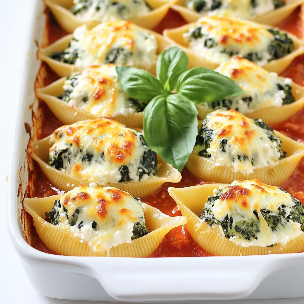 - 20 jumbo pasta shells - 2 cups fresh spinach, chopped - 1 cup ricotta cheese - 1 cup mozzarella cheese, shredded - 1/2 cup grated Parmesan cheese - 1 egg, beaten - 2 cloves garlic, minced - 1 teaspoon salt - 1/2 teaspoon black pepper - 1/2 teaspoon dried oregano - 1/2 teaspoon crushed red pepper flakes (optional) - 2 cups marinara sauce - Fresh basil leaves for garnish Gathering the right ingredients is key to making delicious spinach and ricotta stuffed shells. You want the best flavors to shine through. Start with jumbo pasta shells. They hold the filling well. Next, use fresh spinach for that vibrant green color and taste. Ricotta cheese brings creaminess to the dish. Mozzarella cheese adds melty goodness, while Parmesan gives a nice savory kick. Don't forget the egg. It helps bind everything together. Minced garlic adds a wonderful aroma. For seasonings, use salt, black pepper, oregano, and red pepper flakes if you like some heat. Marinara sauce is crucial. It bathes the shells in rich flavor. Lastly, fresh basil leaves make a lovely garnish. With all these ingredients, you are ready to create a comforting meal that tastes like a hug. Enjoy the process and get ready for a crowd-pleaser! - Boiling the shells: Start by bringing a large pot of salted water to a boil. Add 20 jumbo pasta shells and cook them for 8-10 minutes. You want them to be al dente, which means they should still have a slight bite. - Draining and cooling: After cooking, drain the shells in a colander. Set them aside to cool. This will make them easier to handle later. - Sautéing the spinach and garlic: In a skillet, add a drizzle of olive oil over medium heat. Toss in 2 minced garlic cloves and cook for about 1 minute. Then, add 2 cups of chopped fresh spinach. Sauté it for about 3-4 minutes until it wilts. Remove it from heat and let it cool slightly. - Mixing the cheeses and eggs: In a mixing bowl, combine 1 cup of ricotta cheese, half of 1 cup of shredded mozzarella cheese, 1 beaten egg, and 1/2 cup of grated Parmesan cheese. Add 1 teaspoon of salt, 1/2 teaspoon of black pepper, and 1/2 teaspoon of dried oregano. Finally, mix in the sautéed spinach. Blend until smooth. - Layering marinara sauce: Pour 1 cup of marinara sauce into the bottom of a 9x13 inch baking dish. Spread it evenly to cover the bottom. - Filling the shells: Take each cooled pasta shell and carefully fill it with the ricotta and spinach mixture. You can use a spoon or a piping bag for this step. Place the filled shells in the dish, open side up. - Adding sauce and cheese on top: Once all the shells are filled, pour the remaining marinara sauce over them. Make sure they are well covered. Sprinkle the other half of the mozzarella cheese on top. - Covering and baking: Cover the baking dish tightly with aluminum foil. Place it in the preheated oven at 375°F (190°C). Bake for 25 minutes. - Uncovering for the final bake: After 25 minutes, remove the foil. Bake for another 10-15 minutes. You want the cheese to be bubbly and golden. Enjoy your delicious spinach and ricotta stuffed shells! To get the best pasta shells, watch the cooking time closely. Cook them for 8 to 10 minutes until they are al dente. This means they should be firm but not hard. After cooking, drain the shells and cool them gently. I like to spread them out on a clean kitchen towel. This helps them cool faster and keeps them from sticking together. Mix the cheeses well for a smooth filling. I use a large bowl and combine ricotta, mozzarella, and Parmesan cheese. Add the beaten egg and mix until you see no lumps. When adding spinach, make sure it is well-cooled from cooking. This keeps the filling creamy and helps it stick together. Stir the spinach in gently, so you keep the nice green color. Add extra herbs and spices to boost the taste. Fresh basil or parsley works well. You might also try a pinch of nutmeg for a warm flavor. For a kick, sprinkle in some crushed red pepper flakes. When serving, I love to garnish with fresh basil leaves. They add color and a fresh smell that makes the dish even more appetizing. {{image_2}} You can change the filling to suit your taste. Here are some ideas: - Using different cheese: Try using goat cheese or feta. These add a tangy flavor. Cream cheese can make it extra creamy. - Adding ground meat or vegetables: If you want meat, use cooked ground beef or turkey. For veggies, try mushrooms or zucchini. Just sauté them first to soften. The sauce can change the whole dish. Here are some options: - Homemade sauces: You can make a fresh tomato sauce. Use ripe tomatoes, garlic, and herbs. This will be full of flavor. - Pesto or Alfredo options: Pesto gives a fresh taste. Alfredo adds creaminess. Both can be drizzled on top after baking. You can also adapt this dish for different diets: - Gluten-free pasta options: Use gluten-free jumbo shells. They cook well and hold the filling nicely. - Vegan alternatives: Substitute ricotta with tofu or cashew cheese. Use vegan cheese for the topping. This way, everyone can enjoy it. To keep your stuffed shells fresh, first let them cool. Then, place them in an airtight container. They will last in the fridge for up to three days. If you want to keep them longer, freezing is a great option. - Refrigeration tips: Use airtight containers to avoid moisture. Label your containers with the date you made them. - Freezing options: Wrap the shells tightly in plastic wrap, then place them in a freezer-safe bag. They can last for up to three months in the freezer. Reheating your stuffed shells can be quick and easy. You want to keep the flavors and texture just right. - Best methods for reheating: The oven is ideal. Preheat it to 350°F (175°C). Place the shells in a baking dish, cover with foil, and heat for about 20 minutes. - Maintaining flavor and texture: Add a splash of marinara sauce before reheating. This helps prevent drying out and keeps every bite flavorful. Yes, you can make stuffed shells ahead of time. Prepare them and store in the fridge. Cover them with foil to keep them fresh. Bake them when you're ready to serve. This saves time on busy days. To stop the shells from sticking, rinse them in cold water after cooking. Use a little olive oil too. This keeps them separate and easy to fill. Make sure to spread them out on a tray. You can serve a fresh salad or garlic bread. A side of steamed veggies also works well. These pair nicely with the rich flavors of the dish. Choose sides that balance the meal. Leftovers can last up to four days in the fridge. Store them in an airtight container. Make sure to reheat them until hot. This keeps them safe to eat and tasty. You can use either fresh or frozen spinach. If using frozen, thaw and drain it well. Fresh spinach gives a brighter taste. Both options work great in this recipe. Choose what you have on hand. You learned how to make delicious spinach and ricotta stuffed shells. We covered key ingredients, detailed steps, helpful tips, and tasty variations. With this guide, you can impress at dinner. Keep experimenting with flavors and fillings to make this dish your own. Enjoy every creamy bite and share it with friends and family. Happy cooking, and savor your success in the kitchen!