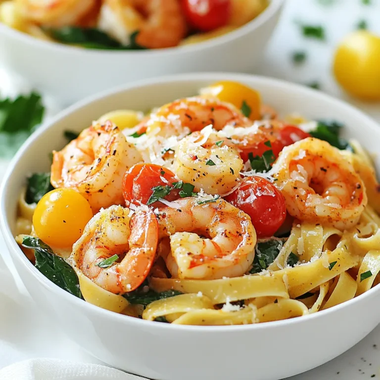 - 8 oz fettuccine pasta - 1 lb shrimp (peeled and deveined) - 2 tablespoons Cajun seasoning - 2 tablespoons olive oil - 3 cloves garlic, minced - 1 cup heavy cream - 1 cup chicken broth - 1 cup cherry tomatoes, halved - 1 cup spinach leaves - Salt and pepper to taste - Grated Parmesan cheese for serving - Fresh parsley, chopped for garnish To make Creamy Cajun Shrimp Pasta, you need a mix of fresh and flavorful ingredients. First, I use fettuccine pasta for its rich, creamy texture. It holds the sauce well, making every bite a delight. Next, the shrimp is the star of the dish. I always choose fresh, peeled, and deveined shrimp. It saves time and makes cooking easier. The Cajun seasoning adds a kick that makes this meal special. Just two tablespoons gives a nice balance of heat and flavor. The creamy sauce is key to this dish. I use heavy cream and chicken broth to create that smooth texture you crave. Minced garlic adds depth of flavor, while cherry tomatoes and spinach bring freshness. Don’t forget salt and pepper to taste. Finally, I love to garnish with grated Parmesan and fresh parsley. They add a perfect touch. This list covers all you need for a flavorful dinner delight! {{ingredient_image_1}} Boiling Water Tips Start with a big pot. Fill it with water and add salt. Use about one tablespoon of salt for every gallon of water. This helps season the pasta well. Bring the water to a rolling boil before adding the fettuccine. Achieving Al Dente Cook the fettuccine according to the package. Aim for about 8 to 10 minutes. Test it a minute or two before it’s done. You want it firm to the bite but not hard. Drain the pasta, but save a little water just in case. Seasoning Techniques In a bowl, toss the shrimp with Cajun seasoning. Make sure each shrimp gets a good coat. This adds a lot of flavor. You can use more or less seasoning based on your taste. Cooking Time Insights Heat olive oil in a large skillet over medium-high heat. Add the shrimp in a single layer. Cook for 2 to 3 minutes on each side. Look for a pink color to show they are done. Remove them from the skillet and set aside. Sautéing Garlic and Deglazing In the same skillet, add minced garlic. Sauté for one minute until it smells great. Pour in chicken broth and let it simmer. Scrape the bottom of the skillet to mix in all the flavor. Combining Ingredients for Creaminess Next, stir in the heavy cream. Let it simmer gently for 2 to 3 minutes. This thickens the sauce a bit. Then, add halved cherry tomatoes and spinach. Cook until the spinach wilts. Return the shrimp to the skillet, mixing everything well. Tossing Everything Together Add the cooked fettuccine directly to the skillet. Toss everything together until well mixed. Taste and season with salt and pepper as needed. Presentation Tips Serve the pasta in large bowls. Garnish with grated Parmesan cheese and fresh parsley. For a pop of color, add a slice of lemon on the side. Enjoy your meal! Avoiding Overcooking: Shrimp cooks fast. Aim for 2-3 minutes per side over medium-high heat. They should be pink and firm. Overcooked shrimp turn rubbery and lose flavor. Watch them closely. Best Types of Shrimp: I prefer large shrimp for this dish. They offer a nice bite and hold up well in sauces. Look for shrimp that are peeled and deveined for ease. Fresh or frozen both work. Adjusting Sauce Consistency: If your sauce is too thick, add a splash of chicken broth. For a thicker sauce, let it simmer longer. You want a nice, creamy texture that clings to the pasta. Alternative Creamy Ingredients: You can swap heavy cream for half-and-half or Greek yogurt. This can change the flavor a bit, but it still tastes great. Just remember, these options may not be as rich. Additional Seasonings to Consider: Experiment with smoked paprika or cayenne for extra heat. A pinch of lemon zest can brighten the dish. Taste as you go to find your perfect balance of flavors. Fresh Herbs for Garnish: Chopped parsley adds a fresh touch. You can also use basil or cilantro for a different flavor. Fresh herbs elevate the dish and make it look beautiful on the plate. Pro Tips Use Fresh Shrimp: For the best flavor and texture, opt for fresh shrimp instead of frozen. If using frozen, ensure they are properly thawed before cooking. Customize the Heat: Adjust the amount of Cajun seasoning based on your spice preference. Start with less and add more gradually if you like it spicy! Perfectly Cooked Pasta: To prevent overcooking, make sure to test the fettuccine a minute before the package's recommended cooking time for that perfect al dente bite. Garnish for Flavor: Don’t skip the garnish! A sprinkle of fresh parsley and a squeeze of lemon juice enhance the dish's flavor and brighten up its presentation. {{image_2}} Chicken Alternatives You can swap shrimp for chicken if you prefer. Use boneless, skinless chicken breasts or thighs. Cut them into bite-sized pieces and season with Cajun spice. Cook them the same way as the shrimp, ensuring they reach 165°F for safety. Vegetarian Options If you want to make this dish vegetarian, try using mushrooms or tofu. Both options take on flavors well. Sauté sliced mushrooms until golden or cubed tofu until crispy. This keeps the dish rich and satisfying without meat. Gluten-Free Choices For a gluten-free option, choose gluten-free pasta. Many brands offer great substitutes that taste good and hold sauce well. Look for brown rice or chickpea pasta for added nutrition. Other Pasta Shapes Fettuccine is a classic choice, but you can use other shapes too. Penne or linguine work well and can add a fun twist. Try whole wheat or spinach pasta for added flavor and color. Adding Different Vegetables Feel free to mix in other veggies! Bell peppers, zucchini, or asparagus add color and crunch. Simply sauté them with garlic before adding the cream. This boosts nutrition and flavor. Spice Level Adjustments Want more heat? Add a pinch of cayenne or red pepper flakes. Mix in some diced jalapeños for a fresh kick. Adjust the spice to fit your taste and enjoy the warmth! To keep your creamy Cajun shrimp pasta fresh, follow these tips. First, let the dish cool to room temperature. Then, store it in the fridge within two hours. Place it in an airtight container. This helps prevent any odors from other foods. Use glass or plastic containers that seal well. When it’s time to enjoy your leftovers, you have a few options. If you choose the microwave, place the pasta in a bowl. Add a splash of broth or cream to keep it moist. Cover the bowl with a damp paper towel. Heat it in short bursts, stirring in between. This ensures even warming. For stovetop reheating, use a skillet over low heat. Add a bit of oil or broth to the pan. Stir the pasta gently, allowing it to warm through. Keep an eye on it to avoid burning. If you want to save some for later, freezing is a great option. First, let the dish cool completely. Then, portion it into freezer-safe bags or containers. Remove as much air as possible to prevent freezer burn. Label the bags with the date. This way, you'll know how long it's been stored. When you’re ready to eat, defrost the pasta in the fridge overnight. For a quicker method, use the microwave on the defrost setting. Once thawed, reheat it using one of the methods mentioned above. Enjoy your flavorful meal again! Yes, you can make this dish ahead of time. Cooking the pasta and sauce in advance saves you time. - Preparing in Advance: Cook the pasta and shrimp. Keep them separate from the sauce. This helps keep everything fresh. Store them in airtight containers in the fridge for up to two days. - Best Storage Practices: Use glass or plastic containers. Make sure to cool everything before sealing. This keeps the food safe and fresh. If you need a substitute for heavy cream, use half-and-half or coconut milk. This keeps the dish creamy. - Alternative Ingredients: You can also use Greek yogurt or cashew cream for a lighter option. Each will change the flavor a bit, but they still work well. - Impact on Texture and Flavor: Half-and-half will make it less rich. Coconut milk adds a slight coconut taste. Greek yogurt makes it tangy, which can be nice. Cajun seasoning has a moderate spice level. It's flavorful but not too hot for most people. - Spice Level Overview: The heat comes from spices like cayenne pepper. Most blends have a good balance of spices that make it tasty without overwhelming heat. - Adjusting for Heat Preferences: If you want less heat, use less Cajun seasoning. You can also add a bit of sugar to balance the flavors. For more heat, add extra seasoning or some hot sauce. This post covered how to make a delicious Cajun shrimp pasta dish. You learned about essential ingredients, step-by-step cooking methods, and helpful tips. I shared variations to keep your meals exciting and storage tips for your leftovers. Cooking can be fun and simple. With practice, you can impress anyone with this dish. Enjoy your cooking journey and taste the rewards of your hard work!
