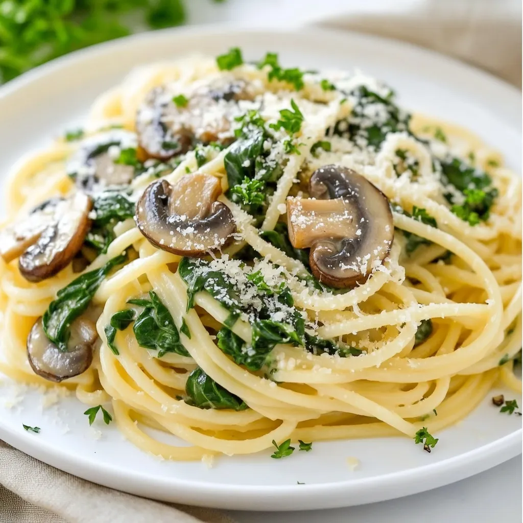 - 8 oz spaghetti or your pasta of choice - 2 cups fresh spinach, washed and chopped - 1 cup sliced mushrooms (champignon or button) - 2 cloves garlic, minced - 1/2 cup heavy cream - 1/2 cup grated Parmesan cheese - 2 tablespoons olive oil - Salt and pepper to taste - 1/4 teaspoon red pepper flakes (optional) - Fresh parsley for garnish Gathering the right ingredients makes cooking easier. I like to use fresh spinach and mushrooms. They add great flavor and nutrition. You can use any pasta you enjoy. Spaghetti works well, but feel free to choose your favorite. When you pick mushrooms, look for fresh ones. They should feel firm and have a nice smell. Minced garlic gives this dish a tasty kick. Heavy cream makes the sauce rich and creamy. Parmesan cheese adds a lovely finish. Don’t forget salt and pepper! They bring out all the flavors. If you like spice, add red pepper flakes. Lastly, fresh parsley makes a pretty garnish and adds a touch of freshness. Now that you have everything, you’re ready to start cooking! {{ingredient_image_1}} To start, fill a large pot with water and add salt. Bring it to a boil. Once boiling, toss in 8 ounces of spaghetti. Cook the pasta according to the package instructions until it is al dente. This should take about 8 to 10 minutes. After cooking, drain the pasta in a colander. Remember to save 1/2 cup of the pasta water for later. Set the drained pasta aside. Next, grab a large skillet and heat 2 tablespoons of olive oil over medium heat. Add 2 minced cloves of garlic and 1 cup of sliced mushrooms to the skillet. Sauté for about 5 to 7 minutes until the mushrooms turn tender and golden. Once they are ready, stir in 2 cups of washed and chopped spinach. Cook for another 2 to 3 minutes until the spinach wilts down. Season with salt and pepper to taste. For a kick, you can add 1/4 teaspoon of red pepper flakes if you like. Now it’s time to make the creamy sauce. Lower the heat on the skillet and pour in 1/2 cup of heavy cream. Stir it well and let it simmer for about 2 to 3 minutes. After that, add 1/2 cup of grated Parmesan cheese. Mix until the cheese melts and the sauce becomes creamy and smooth. Take the cooked pasta and add it directly to the skillet with the sauce. Toss everything together gently. If you find the sauce too thick, use the reserved pasta water to reach your desired consistency. Once combined, taste the dish and adjust the seasoning if needed. Serve it hot, garnished with chopped fresh parsley and extra Parmesan cheese if you wish. Enjoy your creamy spinach mushroom pasta! To make your pasta just right, aim for al dente. This means your pasta should be firm but not hard. It should have a slight bite when you chew it. A good way to check is to taste a piece before the time is up. When cooking, always reserve some pasta water. This starchy water helps thicken your sauce later. To do this, simply scoop out half a cup of water before draining the pasta. Keep it handy for later use. Spices can really boost your dish. I love to add a pinch of red pepper flakes for heat. Garlic is also key; it brings a nice aroma and taste. You can also try adding a bit of nutmeg for warmth. For mushrooms, I prefer using button or champignon. They have a mild flavor that pairs well with spinach. You can also explore other types, like shiitake or cremini, for a richer taste. To make the sauce rich, warm the heavy cream gently. This helps blend it smoothly with the other ingredients. Stirring constantly keeps it from burning. If you want lighter options, you can swap heavy cream for half-and-half or non-dairy milk. Just remember that these may change the flavor and texture a bit. Adjust the seasoning as needed to keep it tasty. Pro Tips Use Fresh Ingredients: Fresh spinach and mushrooms will enhance the flavor and texture of your pasta dish significantly. Adjust the Creaminess: If you prefer a lighter sauce, substitute half of the heavy cream with vegetable broth for a healthier option. Perfect Pasta Cooking: Always cook your pasta al dente for the best texture and to prevent it from becoming mushy when mixed with the sauce. Customize Your Cheese: Experiment with different cheeses like feta or goat cheese for a unique flavor profile in your pasta dish. {{image_2}} You can easily boost your meal by adding protein. Great options include chicken, shrimp, or tofu. For chicken, grill or sauté pieces until cooked. Toss them in with your pasta. Shrimp cooks fast, so add them to the skillet right after the garlic. They only need a few minutes. If you prefer tofu, cube it and fry until golden. This adds a nice crunch and flavor. While spaghetti is a classic choice, you can switch things up! Try penne, fettuccine, or even whole wheat pasta. These alternatives can give different textures. If you need gluten-free options, look for brown rice or quinoa pasta. They work well with the creamy sauce and taste great. Feel free to add more veggies! Peas, bell peppers, or zucchini can enhance the dish. You can also use seasonal veggies. In spring, add asparagus or peas. In fall, consider butternut squash or kale. These add color and nutrition, making the dish even better! To store spinach mushroom pasta, let it cool down first. Place it in an airtight container. Make sure to keep it sealed to prevent drying out. This way, it stays fresh longer. You can store it in the fridge for up to three days. I recommend glass or plastic containers. They keep the pasta safe and easy to reheat. For reheating, the best method is to use the stove. Add a splash of water or broth to a skillet. Heat it gently to rewarm without losing texture. Stir often to avoid sticking. You can also use the microwave. Place it in a bowl with a lid, adding a splash of water. Heat in short bursts, stirring in between. Before serving, refresh the dish. Add a sprinkle of Parmesan cheese or a drizzle of olive oil. This step brings back the creamy texture and flavor. Enjoy your delicious spinach mushroom pasta again! Yes, you can make Spinach Mushroom Pasta ahead of time. Here are some tips for meal prep: - Cook the pasta and sauce separately. - Store them in airtight containers in the fridge. - Combine them just before serving to keep the pasta fresh. This dish lasts for about 3 days in the fridge. It may lose some creaminess, but you can add a splash of water or milk when reheating. Absolutely! Spinach Mushroom Pasta is a great vegetarian dish. It contains no meat and is full of healthy veggies. The cream and cheese add richness without any animal products aside from dairy, making it perfect for vegetarians. If you want lighter or dairy-free options, here are some alternatives to heavy cream: - Use coconut milk for a creamy texture with a hint of sweetness. - Try cashew cream, made by blending soaked cashews with water. - For a lighter option, use half-and-half or whole milk. When using substitutes, you may need to adjust cooking times. Coconut milk can take longer to thicken, while milk may require more cheese to achieve creaminess. This blog post guided you through making a tasty spinach mushroom pasta. You learned about the essential ingredients, cooking steps, and helpful tips. Remember, you can customize this dish with proteins and veggies. Don't hesitate to try different pasta types or storage methods. Experimenting makes cooking fun and flavorful. Keep this recipe handy, and enjoy serving it to friends and family. Happy cooking!