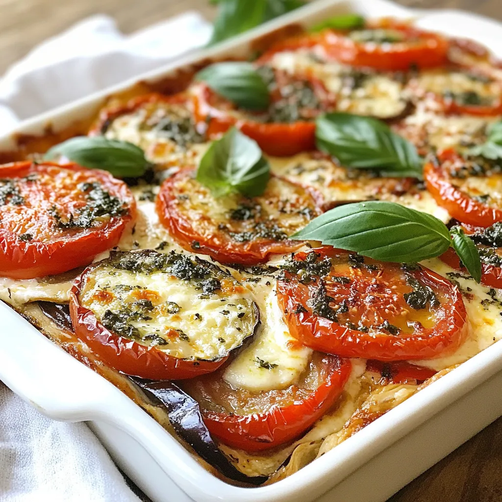 - 1 large eggplant, thinly sliced - 3 ripe tomatoes, sliced - 1 onion, finely chopped - 2 cloves garlic, minced - 1 cup ricotta cheese - 1 cup shredded mozzarella cheese - 1/2 cup grated Parmesan cheese - 1 teaspoon dried oregano - 1 teaspoon fresh basil, chopped - Salt and pepper to taste - 1 pre-made pie crust (or homemade, if preferred) - 2 tablespoons olive oil If you’re out of fresh ingredients, don’t worry! You can swap them. For eggplant, use zucchini for a similar texture. Canned tomatoes work if fresh ones are not available. Instead of ricotta, cottage cheese can work too. Use dried herbs if you lack fresh ones. Just remember that dried herbs are more potent. Using fresh, high-quality ingredients makes a big difference. Fresh tomatoes burst with flavor. A ripe eggplant brings a nice texture. Good cheese adds creaminess. Always choose local or organic ingredients when possible. They not only taste better, but they also support local farms and reduce your carbon footprint. Quality ingredients make your pie shine! {{ingredient_image_1}} To make the Summer Tomato Eggplant Pie, we start with simple steps. First, gather all your ingredients. You will need eggplant, tomatoes, onion, garlic, and cheeses. Preheat your oven to 375°F (190°C). This pie takes about 50 minutes from start to finish. 1. Heat two tablespoons of olive oil in a large skillet over medium heat. 2. Add one finely chopped onion and sauté for five minutes. It should look soft and translucent. 3. Next, add two minced garlic cloves. Cook for one more minute until you smell the garlic. 4. Now, layer the thin slices of one large eggplant into the skillet. Sauté them for five to seven minutes. They need to soften up. Season with salt, pepper, and one teaspoon of dried oregano. 5. Remove the skillet from heat and let the eggplant cool a bit. 6. In a bowl, mix one cup of ricotta cheese, half a cup of mozzarella, and half a cup of Parmesan cheese. Add fresh basil and season with salt and pepper. 7. Roll out your pie crust. Place it in a 9-inch pie dish and trim any extra crust. 8. Spread the ricotta mixture evenly over the bottom of the crust. 9. Layer the sautéed eggplant on top, followed by sliced tomatoes. Repeat these layers until you run out of ingredients. 10. Finish with a layer of tomatoes on top. Sprinkle the rest of the mozzarella and Parmesan cheese over that. 11. Bake the pie in the preheated oven for 30 to 35 minutes. Look for bubbling cheese and a golden brown top. 12. Once done, let the pie cool for ten minutes before slicing. Check that the cheese is bubbling and has a golden color. The pie should not look watery. When assembling, aim for even layers. This keeps every bite tasty. A layer of fresh basil on top adds a nice touch at the end. Enjoy your beautiful pie! To boost the flavor of your Summer Tomato Eggplant Pie, I love using herbs. Fresh basil adds a nice touch. Dried oregano works well too. You can also add a pinch of red pepper flakes for heat. If you like, try thyme or rosemary for a twist. Always taste as you go. This way, you can adjust flavors to your liking. When slicing eggplant, make sure to cut it thin. Thin slices help the eggplant cook faster and blend with the other flavors. A sharp knife makes this easier. For tomatoes, use a serrated knife to prevent squishing. Slice them evenly for a nice presentation. Layer them carefully in your pie for a beautiful look. Choosing a pie crust can change your dish. A homemade crust gives a fresh touch. It allows you to control the flavor and texture. If you're short on time, a store-bought crust is fine too. Look for one with simple ingredients. Both options will work well in your pie. Just remember to pre-bake the crust if needed. This keeps it crispy. Pro Tips Use Fresh Ingredients: Fresh, ripe tomatoes and eggplants will enhance the flavor of your pie significantly. Look for vegetables that are firm and vibrant in color. Layering Technique: To achieve a balanced flavor, layer your ingredients in a specific order—cheese, vegetables, and then remaining cheese on top. This will create a delicious crust when baked. Let It Rest: Allow the pie to rest for about 10 minutes after baking. This will help the layers set, making it easier to slice and serve without falling apart. Additional Seasoning: Feel free to experiment with additional herbs like thyme or rosemary for a unique flavor profile. A sprinkle of red pepper flakes can also add a nice kick! {{image_2}} You can make this pie vegetarian by skipping the cheese. Use tofu or cashew cheese instead. These options give a creamy texture. For a vegan twist, replace the eggs with flaxseed meal mixed with water. This mix binds the filling well. Season it with herbs for added flavor. Feel free to add more veggies! Zucchini slices add moisture and taste. Bell peppers bring color and crunch. You can sauté them with the onions. Just chop them small, so they cook evenly. Layer these veggies with eggplant and tomatoes for a hearty dish. Try different cheeses for unique flavors. Goat cheese gives a tangy twist. Feta adds a salty bite. Vegan cheese options are also available. Look for brands that melt well. This can change the flavor profile while keeping it creamy and delicious. After your Summer Tomato Eggplant Pie cools, you can store leftovers easily. First, slice the pie into portions. Then, place the slices in an airtight container. Be sure to cover it tightly. You can keep the pie in the fridge for up to three days. If you want to keep it longer, consider freezing it. Freezing the pie is a great choice for future meals. Wrap each slice in plastic wrap. Then, place the wrapped slices in a freezer bag or container. Make sure to remove as much air as possible. This will help prevent freezer burn. You can freeze the pie for up to three months. When you're ready to eat it, thaw it in the fridge overnight before reheating. To reheat your pie, the oven is best for taste. Preheat the oven to 350°F (175°C). Place the slice on a baking sheet. Cover it with foil to keep it moist. Heat for about 15-20 minutes. You can also use a microwave for convenience. Heat it for 1-2 minutes on high. However, the crust may not stay as crispy. Enjoy your warm pie, just like when it was fresh! Yes, you can prepare this pie ahead of time. I suggest making it the day before. After baking, let it cool completely. Then, cover it well and store it in the fridge. When you're ready to serve, just reheat it in the oven. This keeps the crust crisp and the flavors intact. This pie pairs well with many sides. Here are some great options: - A fresh green salad with vinaigrette - Garlic bread or crusty baguette - Grilled vegetables for a smoky taste - A simple yogurt sauce for added creaminess These sides complement the pie's rich flavors and textures. To keep your pie crust from getting soggy, start by pre-baking it. Place the crust in the oven for about 10 minutes before adding the filling. This helps it set. You can also sprinkle a thin layer of breadcrumbs or grated cheese on the bottom. This layer creates a barrier and absorbs excess moisture. In this blog post, we explored how to make a delicious Summer Tomato Eggplant Pie. We discussed the importance of using fresh, quality ingredients to boost flavor. You learned step-by-step instructions and visual cues to ensure perfect doneness. I shared tips for enhancing flavor with herbs and the best slicing techniques. We also covered ways to adapt the recipe and how to properly store leftovers. Embrace these ideas, and enjoy making your pie with confidence. Your kitchen will be filled with tasty aromas and flavors you love.