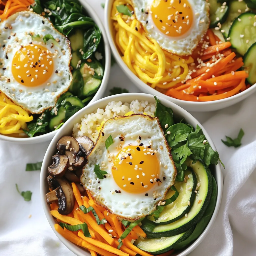 For a great bibimbap, you need specific items. Here are the must-haves: - 1 cup cooked jasmine rice - 1 cup spinach, blanched and squeezed dry - 1 medium carrot, julienned - 1 cup shiitake mushrooms, sliced - 1 small zucchini, julienned - 2 eggs - 1 tablespoon sesame oil - 2 tablespoons gochujang (Korean chili paste) - 1 tablespoon soy sauce - 1 teaspoon sesame seeds - Salt to taste - Fresh cilantro for garnish Each ingredient adds flavor and texture. The rice is the base. Spinach gives color and nutrients. Carrots and zucchini bring crunch. Shiitake mushrooms add a rich umami taste. You will need a few tools to make your bibimbap. Here’s what I recommend: - A medium-sized pot for cooking rice - A non-stick skillet for cooking eggs - A frying pan for sautéing vegetables - A cutting board and knife for chopping These tools help you prepare everything easily. They make cooking fun and quick. You can add extra toppings to make your bibimbap special. Here are some ideas: - Sliced green onions - Toasted seaweed strips - Kimchi for a spicy kick - Extra sesame seeds for crunch These garnishes add even more flavor. Feel free to mix and match based on your taste! {{ingredient_image_1}} To start, cook 1 cup of jasmine rice. Follow the package instructions for best results. Once the rice is done, set it aside and keep it warm. Warm rice will help melt the flavors together later. Next, heat a pan over medium heat and add half of the sesame oil. Sauté the sliced shiitake mushrooms until they are tender. Season them with a pinch of salt. Once done, take them out and set them aside. In the same pan, add the rest of the sesame oil. Sauté the julienned carrots and zucchini until they are just tender. Add the blanched spinach last to warm it quickly. Combine all your sautéed vegetables in a bowl. Now it’s time for the eggs. In a non-stick skillet, fry the eggs sunny-side up. Cook them until the whites are set, but the yolks should still be runny. This adds a creamy texture to your bibimbap. For assembly, divide the cooked rice into bowls. Top each bowl with portions of your sautéed vegetables. Make a small well in the center of the rice for the fried egg. This helps keep everything neat and organized. Finally, drizzle gochujang and soy sauce over the assembled bowls. You can adjust the amount based on your spice preference. Sprinkle sesame seeds on top for a nice crunch. This adds flavor and texture to your dish. To cook perfect jasmine rice, rinse it first. This removes excess starch. Use a pot with a tight lid. The ratio is 1 cup rice to 1.5 cups water. Bring it to a boil, then lower the heat. Let it simmer for 15 minutes. Turn off the heat and let it sit covered for 10 minutes. Fluff the rice with a fork before serving. Use medium heat to sauté vegetables. Start with shiitake mushrooms for flavor. Sauté them in half the sesame oil. Cook them until they are soft. For carrots and zucchini, add them next. Cook just until tender. Add spinach last to keep it bright green. Mix all the veggies together before serving. Use a non-stick skillet for easy frying. Heat the pan over low heat. Add a tiny bit of oil to prevent sticking. Crack the eggs gently into the pan. Cook until the whites are set, but the yolk is runny. This will add a rich flavor to your bibimbap. To make your bibimbap look great, use a shallow bowl. Start with a base of rice in the center. Arrange the vegetables around the rice. Create a spot for the fried egg in the middle. Drizzle gochujang and soy sauce on top. Finish with sesame seeds and fresh cilantro for color. This will make your meal look as good as it tastes! Pro Tips Fresh Ingredients: Use fresh, seasonal vegetables for the best flavor and vibrant colors in your bibimbap. Perfect Egg: For a runny yolk, cook the eggs on low heat, and cover the skillet to help the whites set evenly. Custom Heat: Adjust the amount of gochujang to suit your spice preference; start with less and add more if you like it spicy. Rice Texture: For a chewier texture, try using short-grain rice instead of jasmine rice; it holds the toppings well. {{image_2}} You can easily make a vegetarian bibimbap. Simply skip the eggs or use tofu instead. For a tasty twist, add more veggies like bell peppers or radishes. Try including kimchi for an extra kick. This version is colorful and packed with nutrients. To make a vegan bibimbap, replace the eggs with avocado slices. You can also use silken tofu for creaminess. Use vegetable broth to steam your veggies for more flavor. Remember, gochujang is usually vegan, but always check the label. This way, you can enjoy a hearty meal without animal products. If you like meat, chicken or beef works great. For chicken, grill or sauté it with soy sauce and sesame oil. For beef, use thin strips and cook them until tender. If you want a plant-based protein, tofu is perfect. Just sauté it until golden brown. Each option adds a unique taste to your bibimbap. To store leftover bibimbap, let it cool first. Place the rice and veggies in separate airtight containers. This keeps them fresh. You can combine everything when ready to eat. Store the eggs in a separate container to keep them from getting soggy. Bibimbap lasts in the fridge for about three days. Reheat bibimbap in a pan over low heat. Add a splash of water to keep it moist. Stir gently to warm it through. If you want the egg warm, heat it separately. You can also microwave it. Cover the bowl with a damp paper towel while reheating. This helps keep the steam in. Meal prep for bibimbap is fun and easy. Cook a big batch of jasmine rice at once. You can also sauté all the veggies ahead of time. Store them in small containers. When you are ready to eat, just combine everything in a bowl. Add the sauce and a fresh egg for a quick meal. This way, you enjoy healthy and tasty bibimbap all week long! Bibimbap is a Korean rice bowl. It mixes rice with various veggies and toppings. The word "bibimbap" means mixed rice. You can find it colorful and tasty. It often includes a fried egg on top. The dish is served with spicy gochujang sauce. You can enjoy it warm and fresh. Yes, you can use many types of vegetables. Bibimbap is flexible and adaptable. Try bell peppers, cucumbers, or bean sprouts. You can even use leftover veggies from your fridge. The key is to have a mix of colors and textures. This makes the dish fun and vibrant. To make Bibimbap spicy, add more gochujang. Start with one tablespoon and taste it. If you want more heat, add more to your liking. You can also add sliced fresh chilies. Another option is to mix in some chili oil. Adjust the spice level to suit your taste. You can find authentic Bibimbap at Korean restaurants. Look for places that focus on traditional dishes. Check reviews online for recommendations. Many cities have Korean neighborhoods with several options. You can also ask friends for their favorite spots. Enjoy the experience of trying Bibimbap made by experts. Korean Bibimbap combines simple ingredients into a delicious meal. We explored key ingredients and essential cooking steps. You learned how to prepare rice, sauté veggies, and cook eggs. Tips on presentation and variations help you create your unique dish. Don’t forget about storage for leftovers or meal prep. Enjoy trying different tastes and finding your perfect Bibimbap balance. Dive in and make this dish your own!