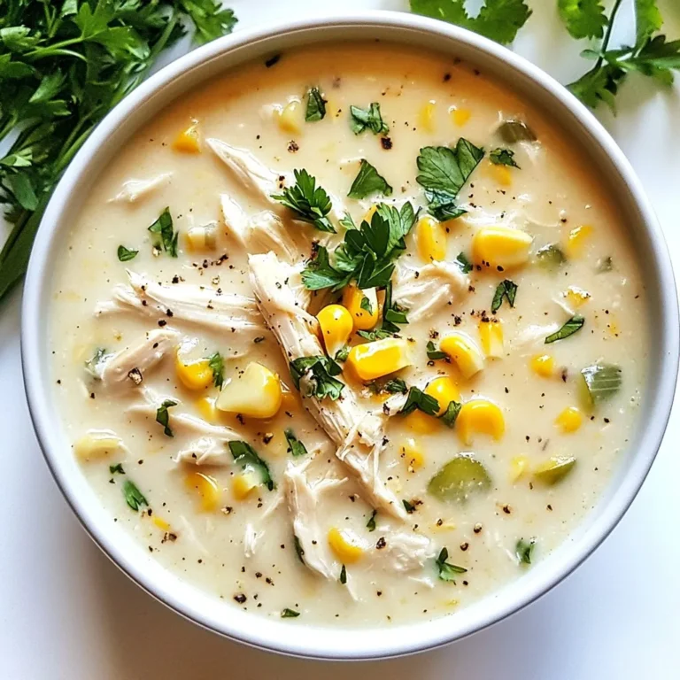 To make this tasty chowder, you need some key ingredients. Here is what you will need: - 2 boneless, skinless chicken breasts - 4 cups chicken broth - 3 cups frozen corn - 2 medium potatoes, diced - 1 onion, chopped - 2 cloves garlic, minced - 1 cup heavy cream (or coconut milk for a dairy-free option) - 1 teaspoon dried thyme - 1 teaspoon smoked paprika - Salt and pepper to taste - 3 green onions, sliced (for garnish) - Fresh parsley, chopped (for garnish) These ingredients come together to create a hearty and tasty meal. The chicken adds protein, while the corn and potatoes give it a nice texture. Want to make your chowder a bit different? You can add some optional ingredients. Here are a few ideas: - Bell peppers for a sweet crunch - Carrots for extra sweetness - Celery for a fresh taste - Bacon bits for a smoky flavor - Chili powder for a spicy kick Feel free to mix and match these options to suit your taste. The chowder is very flexible and allows for creativity. If you have dietary needs, you can still enjoy this chowder. Here are some substitutions you can use: - Use chicken thighs instead of breasts for more flavor. - Swap heavy cream for coconut milk to keep it dairy-free. - Replace potatoes with cauliflower for a low-carb option. - Use vegetable broth instead of chicken broth for a vegetarian version. These substitutions will help you enjoy the chowder without worrying about dietary restrictions. {{ingredient_image_1}} Start with the chicken. Take two boneless, skinless chicken breasts and place them at the bottom of your crockpot. This helps the chicken soak up all the flavors. Next, chop two medium potatoes into small pieces. Dice them well so they cook evenly. Chop one onion and mince two cloves of garlic. These add a nice touch to the chowder. Now, it’s time to layer the ingredients. Pour four cups of chicken broth over the chicken. This broth is the heart of the chowder. Add three cups of frozen corn, the diced potatoes, chopped onion, and minced garlic on top. Sprinkle one teaspoon of dried thyme and one teaspoon of smoked paprika over everything. Don’t forget to add salt and pepper to taste. Give it all a gentle stir. This mix creates a cozy flavor. Cover the crockpot with its lid. You can cook on low for six hours. This makes the chicken very tender. If you want it done faster, cook on high for three hours. Once it’s ready, take out the chicken and shred it with two forks. Then, return the shredded chicken to the pot. Stir in one cup of heavy cream or coconut milk. Let it cook for another 30 minutes. This step makes the chowder rich and creamy. Before serving, taste it and adjust the seasoning if needed. Top each bowl with sliced green onions and fresh parsley for a lovely finish. To make your chowder creamy, use heavy cream. You can also use coconut milk for a dairy-free choice. Stir in the cream at the end to keep it rich. This small step makes a big difference. Let it cook for another 30 minutes to blend the flavors well. Shredding chicken is simple. After cooking, take the chicken out of the crockpot. Use two forks to pull the meat apart. This method keeps the chicken tender and juicy. Make sure to return it to the chowder to soak in all the tasty broth. Serve your chowder hot in a bowl. Top with fresh green onions and parsley for color. You can pair it with crusty bread or cornbread for a full meal. A crisp salad on the side adds freshness. Enjoy it with family or friends for a cozy night in. Pro Tips Use Fresh Ingredients: For the best flavor, opt for fresh vegetables and herbs when available. They can elevate the dish significantly! Adjust the Thickness: If you prefer a thicker chowder, mash some of the potatoes in the pot before adding the cream to create a creamier texture. Make it Spicy: Add a pinch of cayenne pepper or diced jalapeños for a spicy kick that complements the sweetness of the corn. Storage Tips: This chowder stores well in the fridge for up to 3 days. Reheat gently on the stove, adding a splash of broth if it thickens too much. {{image_2}} You can make this chowder dairy-free by using coconut milk. Simply swap the heavy cream for one cup of full-fat coconut milk. This change keeps the chowder rich and creamy. Plus, it adds a subtle sweetness that pairs well with the corn. If you like, you can also use almond milk, but it may not be as creamy. Boost the nutrition in your chowder by adding more veggies. You can include carrots, bell peppers, or even spinach. Just chop them into small pieces and add them to the crockpot with the other ingredients. This way, you not only increase nutrients but also add more colors and textures to your dish. Want to spice things up? Add jalapeños for a kick. Chop one or two jalapeños and toss them in with the other ingredients. You can adjust the amount based on your spice tolerance. This version gives the chowder a whole new level of flavor. To keep your chowder fresh, let it cool first. Place it in an airtight container. Store it in your fridge for up to three days. When ready to eat, check for any signs of spoilage. If it smells good, it’s likely safe to enjoy. This chowder freezes well. Use a freezer-safe container and leave some space for expansion. Pour your cooled chowder into the container and seal tightly. Label it with the date. You can freeze it for up to three months. When you want to eat it again, thaw it in the fridge overnight. To reheat, pour the chowder into a pot over medium heat. Stir regularly to avoid sticking. If it seems thick, add a splash of chicken broth or water. Heat until it is warm throughout. You can also use a microwave. Heat it in short bursts, stirring in between. This keeps the flavor and texture just right. You can store this chowder for up to four days in the fridge. Make sure to put it in an airtight container. This helps keep it fresh and tasty. If you want to save it longer, try freezing it. In the freezer, it lasts up to three months. Just remember to let it cool first before freezing. Yes, you can use fresh corn! Fresh corn adds great flavor and texture. Just cut the kernels off the cob and use about three cups. This will give your chowder a fresh, sweet taste. If you use fresh corn, add it in the last hour of cooking to keep it tender. Absolutely! Adding beans can boost nutrition and make the chowder heartier. You can use black beans or white beans for a nice twist. Rinse the beans well and add them in when you add the corn. This will give your chowder a nice, creamy texture and extra protein. Crockpot Chicken Corn Chowder is a simple and tasty meal. We covered key ingredients, step-by-step cooking, and useful tips. You can customize the recipe to fit your likes, including dairy-free and spicy options. Proper storage can help you enjoy it later, too. Remember to try different variations to find your favorite. With this recipe, you will have a warm bowl of comfort anytime you need it. Enjoy your chowder adventures!