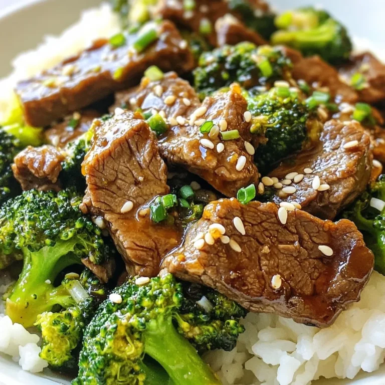 To make One-Pan Beef and Broccoli, gather these simple ingredients: - 1 pound beef sirloin, thinly sliced - 4 cups broccoli florets - 3 tablespoons soy sauce - 2 tablespoons oyster sauce (optional) - 1 tablespoon hoisin sauce - 2 teaspoons cornstarch - 1 cup beef broth - 1 tablespoon sesame oil - 3 cloves garlic, minced - 1-inch ginger, finely grated - 2 tablespoons vegetable oil - Salt and pepper to taste - Sesame seeds, for garnish - Cooked rice or noodles, for serving These ingredients create a tasty and satisfying dish. The beef sirloin gives you great flavor and texture. Broccoli adds crunch and nutrition. The sauces blend together to make a rich, savory sauce. Each bite brings a burst of flavor! {{ingredient_image_1}} To start, you need to prepare the beef. In a bowl, mix the thinly sliced beef with cornstarch, soy sauce, and a pinch of salt and pepper. This helps tenderize the meat and adds flavor. After mixing, let it marinate for 15 minutes. This time allows the beef to soak in those tasty flavors. Next, heat 1 tablespoon of vegetable oil in a large pan over medium-high heat. Once the oil is hot, add the marinated beef to the pan. Sear the beef for about 3-4 minutes until it turns a nice brown color. When it's done, remove the beef from the pan and set it aside. This step is key to keeping the beef juicy. In the same pan, add the rest of the vegetable oil. Toss in the minced garlic and grated ginger. Sauté these for about 30 seconds until they smell great. Then, add the broccoli florets. Stir-fry the broccoli for 3-5 minutes. You want it to be bright green and still crisp. This keeps it fresh and crunchy. Now, it’s time to bring everything together. Pour in the beef broth, oyster sauce (if you are using it), and hoisin sauce. Stir well to mix all the flavors. Return the beef to the pan and let it simmer for another 3-4 minutes. This allows the sauce to thicken slightly and coat the beef and broccoli. Finish your dish by drizzling sesame oil over everything, giving it a final toss. This adds a nice, rich flavor to the meal. Choosing the right cut of beef is key. I recommend beef sirloin because it’s tender and flavorful. Slice it thinly for the best results. This helps it cook evenly and quickly. You can also try flank steak if you want something different. Timing is important for cooking broccoli. You want it bright green and tender-crisp, not mushy. Add it to the pan after sautéing garlic and ginger. Stir it for about 3-5 minutes. This will keep the broccoli crunchy and vibrant. To boost flavor, use spices like black pepper and red pepper flakes. These add warmth and depth. Don't forget to taste as you cook. Adjust the sauce thickness by adding more cornstarch if needed. Mix it with a bit of water before adding it to the pan. Garnishing with sesame seeds makes your dish look lovely. Just sprinkle them on top right before serving. It adds a nice crunch too. For serving options, pair it with cooked rice or noodles. This makes it a complete meal and so satisfying. Pro Tips Choose the Right Cut: For the best flavor and tenderness, select a high-quality beef sirloin or flank steak. These cuts are ideal for quick cooking methods like stir-frying. Prep Ingredients Ahead: To ensure a smooth cooking process, prepare all your ingredients before you start cooking. This includes slicing the beef, chopping garlic and ginger, and washing the broccoli. Don’t Overcook the Broccoli: Sauté the broccoli just until it turns bright green and is tender-crisp. This helps retain its nutrients and vibrant color. Adjust Sauce to Taste: Feel free to tweak the sauce ingredients according to your preference. Adding a touch of honey or chili paste can elevate the flavor profile. {{image_2}} You can make this dish your own by swapping out some ingredients. If you want to use different vegetables, try bell peppers, snap peas, or carrots. These will add color and crunch. If you prefer a different protein, chicken or shrimp work well too. Just adjust the cooking time. Chicken will take a bit longer, while shrimp will cook quickly. To make this dish gluten-free, use tamari instead of soy sauce. This gives a similar taste without gluten. If you like spice, add red pepper flakes or sriracha to the sauce. This will give your meal a nice kick. You can also reduce the amount of hoisin sauce for less sweetness. Batch cooking this meal is a great idea. Prepare a double portion and store it for quick meals later. You can easily divide it into containers for lunch or dinner. If you have leftovers, they freeze well too. Just let them cool and put them in airtight containers. They will last about three months in the freezer. To keep your One-Pan Beef and Broccoli fresh, use airtight containers. Glass or plastic containers work well. Make sure they have tight lids to seal in moisture. You can store leftovers in the fridge for up to three days. If you'd like to keep it longer, consider freezing it. In the freezer, it can last for about three months. When you’re ready to enjoy your leftovers, reheat them gently. The best method is to use a pan on the stove. Heat it over low to medium heat. Add a splash of beef broth to keep the dish moist. Stir often to prevent sticking. To avoid sogginess in the broccoli, don't overheat it. Just warm it until it's heated through. If you prefer the microwave, place your dish in a microwave-safe bowl. Cover it loosely with a lid or microwave-safe wrap. Heat in short bursts, stirring in between. This helps keep the broccoli crisp. You can replace beef with tofu or tempeh. Use soy sauce and vegetable broth for flavor. Cook them the same way as beef. This keeps the taste rich and satisfying. Yes, you can use frozen broccoli. Just add it to the pan without thawing. It may take a bit longer to cook, but it will still taste great. If the sauce is too thick, add a little beef broth or water. Stir well and heat until it reaches your desired thickness. This will keep the flavors balanced. Absolutely! You can add bell peppers, carrots, or snap peas. Just make sure to chop them small and add them when you cook the broccoli. This way, everything cooks evenly. Check the beef for a nice brown color. It should be firm, not soft. You can also cut a piece open to see if it is no longer pink inside. This ensures it’s safe to eat. This blog post covered all the steps to make a tasty beef stir-fry. You learned about the key ingredients, like beef sirloin and broccoli, and how to cook them perfectly. I shared tips to boost flavors and ways to present your dish well. You now have ideas for variations and meal prep. Remember, you can swap ingredients and adjust the sauce to fit your taste. Enjoy cooking this dish that suits your style!
