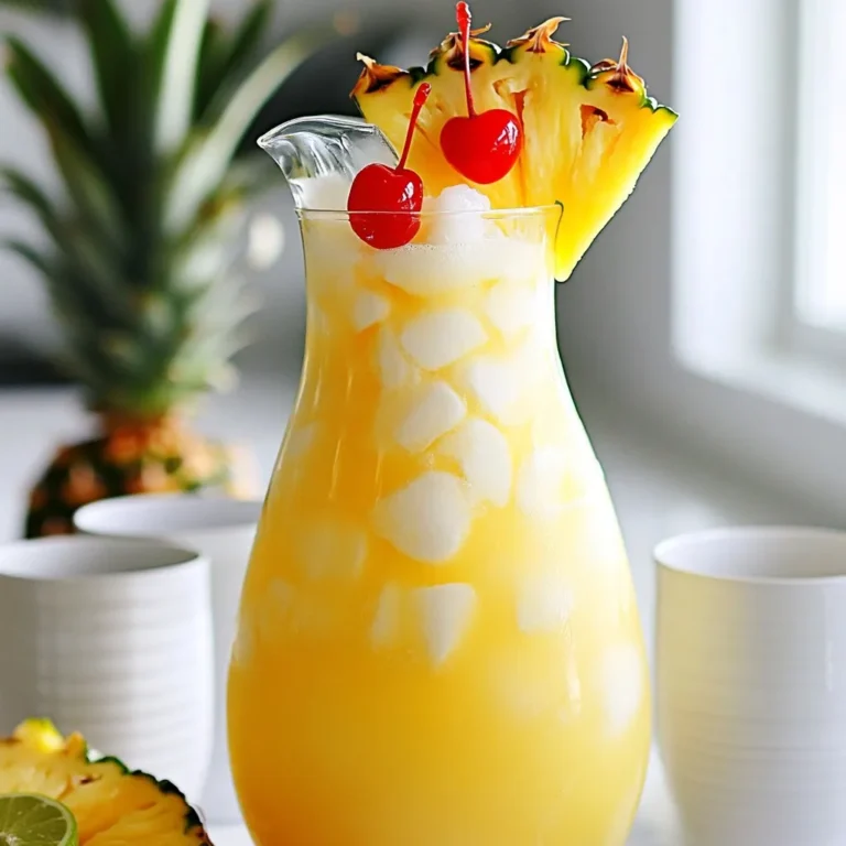 To make your Non-Alcoholic Piña Colada Punch, you need a few key ingredients. Here’s what you will need: - 2 cups pineapple juice - 1 cup coconut milk - 1 cup coconut water - 1/2 cup fresh lime juice - 1 cup crushed ice These ingredients blend together to create a smooth and tropical flavor. Pineapple juice gives the punch its sweet and fruity base. Coconut milk adds creaminess, while coconut water helps keep it refreshing. You can customize this punch with optional ingredients to suit your taste. Consider adding: - 1 tablespoon agave syrup (for extra sweetness) If you like a sweeter drink, agave syrup is a great choice. You can skip it if you prefer a lighter flavor. Feel free to experiment with other sweeteners like honey or maple syrup. For a fun and festive touch, garnish your punch with: - Fresh pineapple slices - Maraschino cherries These garnishes add a pop of color and a nice visual appeal. They also enhance the tropical theme of your drink. You can even add a little umbrella for a playful touch! Enjoy making your delicious Non-Alcoholic Piña Colada Punch. {{ingredient_image_1}} Start by gathering your ingredients. You need pineapple juice, coconut milk, coconut water, and fresh lime juice. In a large pitcher, combine these ingredients. Stir them well until they mix together nicely. This base gives your punch a tropical flavor that feels like a sunny day on the beach. If you like your punch sweet, add agave syrup. This step is optional, but it gives the drink a nice kick. Mix the syrup in until it fully dissolves. Taste the punch after mixing. Adjust the sweetness if needed by adding more syrup. Sweetness can really change how you enjoy this drink. Add crushed ice to the pitcher and stir gently. This helps chill the mixture. For the best flavor, let the punch chill in the fridge for at least 30 minutes. This waiting time allows all the flavors to blend. Before serving, stir the punch again. Pour it into glasses filled with ice. For a fun touch, garnish each glass with a fresh pineapple slice and a maraschino cherry. Enjoy your refreshing tropical drink! To boost the taste of your Non-Alcoholic Piña Colada Punch, use fresh ingredients. Fresh lime juice gives a bright flavor. You can also add a splash of vanilla extract for depth. If you love coconut, try using coconut cream instead of coconut milk. It makes the punch creamier and richer. Make your punch stand out at parties. Serve it in a large glass bowl or pitcher. This adds a fun touch. Use clear cups to show off the colorful drink. For added flair, skewer fresh pineapple slices and maraschino cherries on toothpicks. Place them on the rim of the glass. You can also add small umbrellas for a tropical vibe. This punch is easy to customize. If you want to make it dairy-free, stick with coconut water and juice. You can swap agave syrup for honey or maple syrup if you prefer. For a low-sugar option, use unsweetened coconut milk and skip the sweetener. This way, everyone can enjoy the drink! Pro Tips Use Fresh Ingredients: Fresh pineapple juice and coconut milk will enhance the flavor of your punch, giving it a vibrant and refreshing taste. Chill Before Serving: Allow the punch to chill for at least 30 minutes to let the flavors meld together for a more delicious drink. Customize Sweetness: Adjust the sweetness of the punch by adding more or less agave syrup according to your taste preference. Garnish Creatively: Use colorful garnishes like mint leaves or citrus slices to make your punch visually appealing and add a hint of extra flavor. {{image_2}} You can make your punch even more fun by adding fresh fruits. Try mango, strawberries, or kiwi. These fruits can add a new twist to the drink. Just chop them up and mix them in. They bring extra color and flavor. You can even freeze them for a cool treat. This makes your punch look pretty and taste great! If you want to change the coconut flavor, use flavored coconut milk. You can find options like vanilla or chocolate. They will give your punch a different vibe. Coconut cream is another option if you want a creamier drink. Just mix it well with the other ingredients. This can create a rich and tasty drink that you’ll love. For a fun twist, turn your punch into a sparkling drink. Use sparkling water or lemon-lime soda to add fizz. Pour it in right before serving to keep it bubbly. This adds a festive touch to any gathering. You can also add some fresh mint leaves for a bright flavor. This sparkling punch will be a hit at parties and celebrations! If you have leftover Non-Alcoholic Piña Colada Punch, store it in the fridge. Use an airtight container for the best results. This helps keep the flavors fresh. The punch can last up to three days. Before serving again, give it a good stir. You may need to add more ice for chill. For long-term storage, you can freeze the punch. Pour it into ice cube trays or freezer-safe bags. This makes it easy to use later. When you're ready, thaw it in the fridge overnight. If you want a quick fix, blend the frozen punch for a slushy treat. Each ingredient has a different shelf life. Pineapple juice lasts about a week after opening. Coconut milk can last up to a week in the fridge. Coconut water usually keeps for about five days once opened. Fresh lime juice is best used within three days. Always check for any off smells or changes in color before use. To make the punch sweeter, add agave syrup. Start with one tablespoon. Stir it in well. Taste the punch after mixing. If you want more sweetness, add more syrup. You can also use honey or simple syrup. Just remember to stir each time. Yes, you can use fresh pineapple. Blend the pineapple until smooth. Strain it to remove bits. This will give you fresh juice. Fresh juice adds a bright taste. It also makes the drink healthier. Just keep the same amount as juice in the recipe. You can prepare the punch ahead of time. Mix all the liquids in a pitcher. Keep it in the fridge for up to two hours. Add ice and garnish just before serving. This keeps the drink fresh and cold. Your guests will love it chilled and ready! You now have all the tools to make a delicious non-alcoholic piña colada punch. We explored key ingredients, step-by-step instructions, and creative tips to enhance your drink. Remember, you can customize the flavors, add fun garnishes, and even store leftovers for later. This punch works for any occasion, whether it’s a party or a quiet afternoon. Enjoy experimenting with variations to find your perfect mix. Now, go ahead and impress your friends with this simple yet tasty treat!