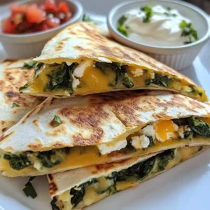 To make delicious spinach feta quesadillas, you'll need a few simple ingredients. Here is what you will require: - 4 large flour tortillas - 2 cups fresh spinach, chopped - 1 cup feta cheese, crumbled - 1 cup shredded mozzarella cheese - 1 small onion, finely chopped - 2 cloves garlic, minced - 2 tablespoons olive oil - 1 teaspoon dried oregano - Salt and pepper to taste - 1/2 cup diced tomatoes (optional) - Sour cream and salsa for serving Using fresh ingredients makes a big difference in taste. The spinach adds a nice green color and nutrition. Feta cheese gives a tangy kick that blends well with mozzarella. The onion and garlic add depth to the flavor. Don't skip the spices; they really enhance the dish. If you want to customize, add some diced tomatoes for extra freshness. You can also serve with sour cream and salsa for a fun dip. Enjoy crafting this simple and flavorful meal! {{ingredient_image_1}} To start, you will need to saut&eacute; the onions and garlic. Heat 1 tablespoon of olive oil in a skillet on medium heat. Add the finely chopped onion. Cook it for about 3-4 minutes until it turns soft and clear. Next, add 2 cloves of minced garlic. Cook for another minute. The smell will be amazing! Now, let&rsquo;s cook the spinach. Toss in the chopped spinach. Cook it until it wilts, about 2-3 minutes. Season with salt, pepper, and 1 teaspoon of dried oregano. Remove the skillet from the heat and let it cool a bit. In a mixing bowl, combine your cooked spinach mixture with the crumbled feta cheese and shredded mozzarella cheese. If you want, you can add 1/2 cup of diced tomatoes for more flavor. Mix everything well until it looks like a yummy filling. Now it&rsquo;s time to cook the quesadillas. In the same skillet, add the remaining tablespoon of olive oil. Place one tortilla in the skillet. Spread a good amount of the spinach and cheese mixture on one half of the tortilla. Fold the tortilla over to make a half-moon shape. Cook for about 3-4 minutes on each side. You want it golden brown and crispy. Repeat this with the rest of the tortillas and filling. Once they are done, take them out of the skillet. Let them cool for a minute before cutting into wedges. Enjoy your tasty Spinach Feta Quesadillas! To make great quesadillas, focus on crispiness. Start with a hot skillet. Use enough oil to coat the bottom. This helps the tortillas brown well. You want a nice crunch on each side. Flip them gently to keep the filling inside. For cooking oil, I recommend olive oil. It adds flavor and works great at medium heat. Avoid oils with strong tastes, like coconut. They can overpower your quesadilla. Feel free to add protein to your quesadillas. Chicken works well, as do beans. You can even use cooked shrimp for a twist. Adding protein makes the meal hearty and filling. If you want some heat, try peppers or chilies. Jalape&ntilde;os add spice, while bell peppers offer sweetness. You can mix and match to find your favorite combo. Pair your quesadillas with dips and sides for a full meal. Sour cream and salsa are classic choices. Guacamole also complements the flavors well. For plating, arrange wedges on a nice platter. A small bowl of dip in the center looks great. Garnish with fresh herbs or extra cheese for a beautiful touch. Pro Tips Use Fresh Spinach: For the best flavor and texture, always use fresh spinach instead of frozen. It will wilt beautifully and provide a vibrant color. Customize Your Cheese: Feel free to mix different types of cheese like cheddar or pepper jack for a unique flavor twist. Temperature Matters: Make sure your skillet is hot enough before adding the quesadillas to achieve a crispy exterior. Serving Suggestions: Pair these quesadillas with guacamole or a fresh salsa for an extra kick of flavor. {{image_2}} You can switch up the cheese in your quesadilla. Try using sharp cheddar for a bold flavor. Pepper jack adds a nice kick with its spicy notes. Mixing these cheeses with feta gives a great taste. Experimenting with cheese can change the whole dish. If you're looking for different wraps, consider whole wheat tortillas. They add a nutty flavor and extra fiber. Gluten-free tortillas are also an option for those with dietary needs. These swaps can make your quesadillas healthier and just as tasty. To make these quesadillas vegan, swap feta and mozzarella for plant-based cheese. You can also add in some black beans or lentils for protein. Use olive oil for cooking, which is already vegan. These changes keep the dish delicious while catering to more diets. To keep your spinach feta quesadillas fresh, store them in the fridge. Place them in an airtight container. This helps prevent them from drying out. They will last for about 3 to 4 days. Make sure to cool them down before sealing. You can also wrap them in foil or plastic wrap for added protection. Reheating quesadillas can be quick and easy. Here are a few methods to try: - Skillet: Heat a skillet over medium heat. Place the quesadilla in the skillet for about 2-3 minutes on each side. This keeps them crispy. - Microwave: If you're short on time, use the microwave. Place the quesadilla on a plate and cover it with a damp paper towel. Heat for 30 seconds to 1 minute. This method may not keep them crispy but is fast. - Oven: Preheat your oven to 350&deg;F. Place the quesadilla on a baking sheet and heat for about 10 minutes. This method helps maintain a nice texture. Freezing quesadillas is a great way to save leftovers. Here&rsquo;s how to do it: - Wrap well: Wrap each quesadilla in plastic wrap or foil. This prevents freezer burn. - Use a freezer bag: Place the wrapped quesadillas in a freezer bag for extra protection. Label the bag with the date. - Thawing: When ready to eat, thaw them in the fridge overnight. You can also microwave them for a few minutes to speed up the process. Then, reheat in a skillet for a crispy finish. Spinach Feta Quesadillas can last up to three days in the fridge. To keep them fresh, store them in an airtight container. Make sure they cool down before sealing. If you want to keep them longer, consider freezing them. Yes, you can use frozen spinach. Just make sure to thaw and drain it well. This step helps remove excess moisture. Using frozen spinach is a great time saver. It can still give you a tasty quesadilla. You can serve these quesadillas with sour cream and salsa. They also pair well with guacamole or a fresh salad. A side of black beans adds protein and flavor. Consider serving with a light soup for a cozy meal. You learned how to make delicious spinach feta quesadillas using simple ingredients. We covered how to prep, fill, and cook them perfectly. Remember to try different cheeses and wraps for fun variations. Storing leftovers correctly keeps them fresh for later. Enjoy these tasty quesadillas with your favorite dips and sides. Happy cooking!
