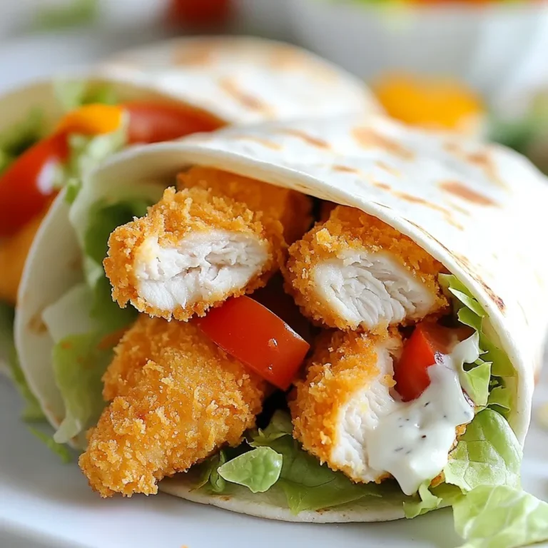 For the perfect extra crispy chicken wraps, you need just a few main ingredients: - 2 large chicken breasts, boneless and skinless - 1 cup buttermilk - 1 cup all-purpose flour - 1 cup panko breadcrumbs - 2 large tortillas (flour or corn) The chicken is the star of the show. It gives the wrap its base. The buttermilk helps tenderize the chicken. This makes it juicy and delicious. Panko breadcrumbs add that extra crunch we all love. The right spices make your wraps pop with flavor. Here’s what you need for seasoning: - 1 teaspoon garlic powder - 1 teaspoon onion powder - 1 teaspoon smoked paprika - 1/2 teaspoon cayenne pepper (adjust to taste) - 1 teaspoon salt - 1/2 teaspoon black pepper Mixing these spices into the flour makes the coating tasty. Garlic and onion powder bring out the savory notes. Smoked paprika adds a hint of smokiness. Cayenne gives a kick, but you can adjust it to your liking. To top off your wraps, consider these tasty additions: - 1 cup shredded lettuce - 1 cup diced tomatoes - 1/2 cup ranch dressing These toppings add freshness and creaminess. The lettuce gives crunch, while the tomatoes add color and flavor. Ranch dressing ties it all together with its creamy texture. Feel free to get creative with other toppings like avocado or cheese! {{ingredient_image_1}} First, you need to marinate the chicken. Take two large chicken breasts and place them in a bowl. Pour in one cup of buttermilk. Let the chicken soak for at least 30 minutes. This helps make the chicken tender and adds flavor. Next, prepare the coating. In a separate bowl, mix one cup of all-purpose flour with one teaspoon each of garlic powder, onion powder, smoked paprika, salt, and half a teaspoon of black pepper. Add cayenne pepper to taste. This mix gives the chicken a nice kick and a lot of flavor. Now, it's time to fry the chicken. Heat about half an inch of cooking oil in a large skillet over medium heat. Take each chicken breast and dredge it in the flour mixture. Dip it back into the buttermilk, then coat with one cup of panko breadcrumbs. Fry the chicken for about five to seven minutes on each side. Look for a golden brown color. Make sure the chicken’s internal temperature reaches 165°F to ensure it's fully cooked. Once the chicken is cooked, let it rest for a few minutes. This helps keep it juicy. Slice the chicken into strips. Take a tortilla and lay it flat. Place the crispy chicken strips on the tortilla. Add one cup of shredded lettuce and one cup of diced tomatoes. Drizzle half a cup of ranch dressing over the top to add creaminess. To wrap it up, fold in the sides of the tortilla and roll from the bottom. Cut the wrap in half for easy handling. Serve with extra ranch dressing or your favorite dipping sauce on the side. Enjoy your extra crispy chicken wraps! To get that extra crispy texture, follow these steps. First, use panko breadcrumbs instead of regular ones. They add more crunch. Make sure to coat the chicken well. Dredge it in the flour mix, dip in buttermilk, and then coat it with panko. This layers the texture. Fry the chicken in hot oil. The oil should be around 350°F (175°C). If the oil is too cool, the chicken will soak up oil and lose crispiness. Marinating is key to great flavor and tenderness. Soak your chicken in buttermilk for at least 30 minutes. If you have time, marinate it for 1 to 2 hours. This helps break down proteins, making the chicken juicy. For a stronger flavor, add spices to the buttermilk, like garlic or hot sauce. This gives your chicken a nice kick. The right oil makes a big difference. Use oils with high smoke points. Good choices include canola oil, vegetable oil, or peanut oil. These oils can handle high heat without burning. Avoid using olive oil for frying, as it can smoke easily. Make sure to use enough oil to submerge the chicken halfway. This helps achieve an even, crispy finish. Pro Tips Marination Time: For best flavor and tenderness, marinate the chicken for at least 1 hour or overnight if possible. Double Dip for Crunch: After coating the chicken in the flour mixture, dipping it back into the buttermilk before rolling it in panko breadcrumbs will create an even crispier texture. Oil Temperature: Use a thermometer to ensure your oil is at the right temperature (around 350°F/175°C) before frying to achieve that perfect golden-brown crust. Resting Chicken: Let the fried chicken rest for a few minutes before slicing to retain its juices and maintain moisture in the wrap. {{image_2}} If you want a healthier wrap, skip the frying. Instead, bake the chicken. Start by preheating your oven to 400°F (200°C). After coating the chicken, place it on a baking sheet lined with parchment paper. Spray the chicken lightly with cooking oil. Bake for about 20-25 minutes. This method keeps the crunch while cutting down on oil. You can use different wraps if you want a twist. Try lettuce leaves for a low-carb option. You can also use whole wheat tortillas for added fiber. If you're feeling adventurous, use pita bread or even flatbreads. Each choice gives a unique taste and texture. To change the flavor, play with the spices! For a spicy kick, add more cayenne pepper or use hot sauce in the buttermilk. If you prefer BBQ, mix BBQ sauce into the ranch dressing. You can even coat the chicken in BBQ sauce before baking or frying. Each option creates a new layer of flavor and keeps things exciting. To store leftover wraps, let them cool first. Wrap each one tightly in plastic wrap. Place the wrapped wraps in an airtight container. They will stay fresh in the fridge for about 2 to 3 days. If you have extra filling, keep it separate to avoid sogginess. When you’re ready to eat, take the wraps out of the fridge. Unwrap them and place them on a plate. You can reheat them in the microwave for about 30 seconds. If you want them crispy again, use an oven. Preheat your oven to 350°F (175°C) and bake for 10 minutes. This will help keep that extra crispy texture. You can freeze these wraps for easy meals later. Wrap each one in plastic wrap, then place them in a freezer bag. They can last up to 2 months in the freezer. When you’re ready to eat, thaw them overnight in the fridge. Reheat as mentioned earlier for the best results. You can use regular milk mixed with vinegar or lemon juice. Add 1 tablespoon of vinegar or lemon juice to 1 cup of milk. Let it sit for 5-10 minutes. This mix will act like buttermilk. You can also use yogurt or sour cream thinned with water. To make these wraps gluten-free, swap the all-purpose flour with a gluten-free flour blend. Use gluten-free panko breadcrumbs too. Ensure your tortillas are gluten-free, made from corn or a gluten-free flour mix. Always check labels to avoid hidden gluten. Yes, you can prep the chicken early. Marinate the chicken in buttermilk and seasonings. Cover and store it in the fridge for up to 24 hours. This keeps the chicken tasty and tender. When you're ready, just coat and fry it. This blog post covers all you need for tasty chicken wraps. You learned about key ingredients and how to fry chicken for extra crispiness. We shared tips for marination and storage, and even variations for health needs. In the end, you can create wraps that suit your taste and schedule. Enjoy experimenting with flavors and toppings to find what you like best. Happy cooking!