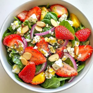 - 4 cups fresh spinach, washed and dried - 1 cup strawberries, hulled and sliced - 1/2 cup crumbled feta cheese - 1/4 cup sliced almonds (toasted, if desired) - 1/4 cup red onion, thinly sliced - 1/3 cup olive oil - 2 tablespoons apple cider vinegar - 1 tablespoon honey - 1 tablespoon poppy seeds - Salt and pepper to taste For this Strawberry Spinach Salad, I love using fresh spinach for a crisp base. The strawberries add a sweet burst of flavor. Crumbled feta cheese brings a creamy touch that complements the salad. I often sprinkle toasted sliced almonds on top for a nice crunch. Don&rsquo;t forget the red onion! It adds a sharp bite that balances the sweetness. Now, for the poppyseed dressing, I start with olive oil. It gives a rich, smooth texture. Apple cider vinegar adds bright acidity. Honey sweetens the dressing, but you can adjust it to your taste. Poppy seeds sprinkle in a unique flavor and fun texture. Lastly, salt and pepper round out the dressing perfectly. When you combine these ingredients, you create a bright, fresh salad that is colorful and tasty. Grab your ingredients and get ready to enjoy this delightful dish! {{ingredient_image_1}} Start by gathering a large salad bowl. Add 4 cups of fresh spinach, washed and dried. Next, toss in 1 cup of hulled and sliced strawberries. Add 1/2 cup of crumbled feta cheese for creamy texture. Sprinkle in 1/4 cup of sliced almonds for crunch. Finally, add 1/4 cup of thinly sliced red onion for a bit of bite. Now, gently toss all these ingredients together. Make sure everything mixes well. This colorful mix is the base of your salad. In a small bowl, whisk together 1/3 cup of olive oil. Add 2 tablespoons of apple cider vinegar for a tangy taste. Stir in 1 tablespoon of honey for sweetness. Then, add 1 tablespoon of poppy seeds to give texture. Don&rsquo;t forget to season with salt and pepper. Whisk until all ingredients blend well. For a smooth mix, keep whisking until it is fully combined. This dressing is key to making the salad shine. Now it&rsquo;s time to bring everything together. Drizzle the poppyseed dressing over your salad. Make sure to cover all the ingredients. Then, gently toss the salad again. This helps the dressing coat every piece. Let the salad sit for a few minutes. This allows the flavors to meld together. The wait will be worth it when you taste the freshness. To make the poppyseed dressing shine, balance is key. You can adjust the sweetness by adding more honey or reducing it. If you like tangy flavors, add more apple cider vinegar. This simple change can make a big difference. If you want to try new flavors, swap honey for maple syrup for a vegan option. You can also use lemon juice instead of vinegar for a fresh twist. When choosing strawberries, look for bright red ones. They should be firm and free of bruises. Sweet strawberries will add a lot of flavor to your salad. If they smell sweet, that&rsquo;s a good sign! Fresh spinach is the star of this dish. Choose vibrant green leaves that feel crisp. Avoid any that look wilted or yellow. Fresh spinach gives the salad a nice crunch and nutrients. For a beautiful presentation, serve your salad in a large bowl. You can also use individual plates for a personal touch. Garnish with extra strawberries and a sprinkle of poppy seeds. This adds color and makes the dish look fancy. This salad pairs well with grilled chicken or shrimp for a heartier meal. You can also serve it with crusty bread or a light soup. These options make for a perfect lunch or dinner. Pro Tips Fresh Ingredients: Always use the freshest spinach and strawberries for the best flavor and texture. Toast Almonds: Toasting the almonds enhances their flavor and adds a nice crunch to the salad. Dressing Variations: Feel free to experiment with different vinegars or add herbs to the dressing for a unique twist. Chilling Time: Allow the salad to sit for about 10 minutes before serving to let the flavors meld beautifully. {{image_2}} You can boost the salad's nutrition by adding proteins. Grilled chicken or shrimp work well. They add a nice flavor and texture. For a vegetarian option, use chickpeas or quinoa. Both options are filling and tasty. They make the salad a complete meal. While the poppyseed dressing is a star, you can try other dressings too. A balsamic vinaigrette adds a tangy twist. A lemon vinaigrette can brighten the flavors. If you want healthier options, try yogurt-based dressings. These give creaminess with fewer calories. Switching ingredients with the seasons keeps the salad fresh. In summer, add peaches or blueberries for sweetness. In the fall, try apples or pears for crunch. Nuts like walnuts or pecans can add flavor and texture. Adapt the salad to what is fresh and in season. This keeps every bite exciting and delicious. To keep your salad fresh, store it in an airtight container. This helps prevent wilting. Use a paper towel to absorb moisture inside the container. This tip keeps the spinach crisp. Always store the dressing in a separate jar. Mixing it with the salad too soon makes everything soggy. Prep your ingredients ahead of time for easy assembly. Wash and slice strawberries and onions in advance. Keep the spinach whole until you are ready to serve. This helps maintain its texture. Assemble the salad right before serving. This keeps flavors bright and fresh. The salad stays fresh for about two days in the fridge. After that, the spinach may wilt. The dressing can last up to a week if stored well. Freezing the dressing is not ideal. It can change the texture, making it grainy. Instead, make small batches to enjoy whenever you crave this delightful salad. Yes, you can make this salad ahead of time. To keep it fresh, follow these tips: - Prepare the salad ingredients and store them separately. - Keep the spinach, strawberries, and feta cheese in airtight containers. - Mix the poppyseed dressing in another container. - Combine everything just before serving to maintain crunch and flavor. Yes, this salad is gluten-free. Each ingredient is safe for gluten-sensitive diets. - Fresh spinach, strawberries, feta cheese, and almonds contain no gluten. - Ensure your dressing ingredients, like olive oil and apple cider vinegar, are gluten-free. - Always check labels if you buy pre-made items to avoid hidden gluten. You can easily make the dressing vegan by swapping out a few ingredients. - Replace honey with maple syrup or agave nectar for sweetness. - Omit feta cheese or use a plant-based cheese alternative. - This keeps the flavor while making it suitable for a vegan diet. This blog post covered how to make a fresh salad with poppyseed dressing. You learned about key ingredients, step-by-step instructions, and tips for perfecting your dish. Remember, using fresh spinach and ripe strawberries boosts flavor. Feel free to add proteins or try different dressings to customize your salad. Don&rsquo;t forget to store leftovers properly for lasting taste. Enjoy your salad creations, and feel free to explore variations that fit your taste!