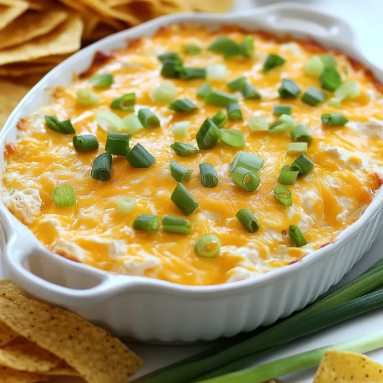 - 2 cups cooked chicken, shredded - 1 cup cream cheese, softened - 1/2 cup ranch dressing - 1/2 cup buffalo sauce (adjust to taste) - 1 cup shredded cheddar cheese - 1/2 cup crumbled blue cheese (optional) - 2 green onions, sliced (for garnish) - Tortilla chips or celery sticks (for serving) This dip has simple and tasty ingredients. The shredded chicken gives it a hearty feel. Cream cheese makes it rich and smooth. Ranch dressing adds a cool flavor. Buffalo sauce brings the heat and zing! Cheddar cheese melts beautifully on top. If you like blue cheese, feel free to add it. Green onions add color and a nice crunch as a garnish. You can serve this dip with tortilla chips for a crunchy bite. Celery sticks also work well for dipping. Enjoy the mix of flavors and textures! {{ingredient_image_1}} 1. Preheating the oven Start by preheating your oven to 350°F (175°C). This way, your dip will cook evenly. 2. Mixing the base ingredients In a large bowl, mix together 1 cup of softened cream cheese, 1/2 cup of ranch dressing, and 1/2 cup of buffalo sauce. Stir until it is smooth and creamy. 3. Adding chicken and cheeses Next, add 2 cups of shredded chicken and 1/2 cup of crumbled blue cheese (if you want it). Mix this well. Then add 1/2 of the cheddar cheese. Stir until everything is well combined. 4. Transferring to baking dish Transfer the mixture into a baking dish. Spread it out so it is even. This helps the dip cook properly. 5. Baking time and temperature Now, sprinkle the remaining 1/2 cup of cheddar cheese on top. Bake the dish in the oven for 20-25 minutes. You want it to be bubbly and the cheese to melt. - Allowing dip to cool Once it is done baking, take it out and let it cool for a few minutes. This helps prevent burns. - Garnishing tips For a nice touch, sprinkle some sliced green onions on top. This adds flavor and makes it look pretty. Serve the dip warm with tortilla chips or celery sticks for dipping. Enjoy! Adjusting spiciness with buffalo sauce Buffalo sauce can make or break your dip. If you like it spicy, add more buffalo sauce. Start with half a cup and taste. You can always add more, but you can’t take it out. For a milder dip, reduce the sauce. Try a quarter cup first and adjust as needed. Cream cheese alternatives Cream cheese gives this dip its creamy texture. If you want a lighter option, use Greek yogurt. It’s thick and adds protein. You can also try cottage cheese, but blend it first for a smoother dip. Vegan cream cheese works too if you want a dairy-free option. Ensuring even melting of cheese To get all the cheese melted evenly, mix it in well. Add half of the cheddar cheese into the dip before baking. Reserve the rest for topping. This helps create a nice cheesy crust. Stir the dip well before adding it to the baking dish. Baking dish recommendations Choose a shallow baking dish for even cooking. A 9-inch pie plate or an 8x8 inch square dish works great. Make sure to spread the dip out evenly. This way, every bite gets that gooey cheese goodness. Also, keep an eye on the dip while it bakes. If it bubbles too much, it’s ready to come out! Pro Tips Adjust the Heat: If you prefer a milder dip, start with less buffalo sauce and gradually add more until it reaches your desired spice level. Make It Ahead: Prepare the dip a day in advance and store it covered in the refrigerator. Simply bake it before serving for a quick and easy appetizer. Cheese Variations: Experiment with different types of cheese, such as Pepper Jack or Gouda, for unique flavor combinations. Serving Suggestions: For a healthier option, serve the dip with sliced cucumbers, carrot sticks, or bell pepper strips instead of tortilla chips. {{image_2}} You can switch up the flavors in your Buffalo Ranch Chicken Dip. One fun way is to add vegetables. Bell peppers add a nice crunch and a pop of color. Just chop them small and mix them in with your chicken and cheese. You could also try spinach for a leafy twist. Changing the cheese is another great option. Instead of just cheddar, consider using pepper jack for a spicy kick. Mozzarella gives a creamy texture, while gouda adds a rich flavor. Mixing different cheeses can make your dip even more exciting. If you need a gluten-free version, you can easily adjust this dip. Make sure your ranch dressing and buffalo sauce are gluten-free. Most brands offer these options. Serve with gluten-free chips or fresh veggies, and you’re all set. For a dairy-free alternative, swap the cream cheese for a dairy-free cream cheese. You can also use plant-based cheese options. This way, everyone can enjoy the dip without worry. Just check the labels to ensure they fit your needs. To keep your Buffalo Ranch Chicken Dip fresh, store it in the fridge. Use an airtight container. This helps lock in flavor and keeps the dip safe to eat. Leftovers can last up to four days in the fridge. If you need to keep it longer, you can freeze the dip. Just place it in a freezer-safe container. Make sure to leave some space at the top. The dip can stay frozen for up to three months. When you're ready to enjoy the dip again, reheating is easy. The best way is to use the oven. Preheat it to 350°F (175°C). Place the dip in an oven-safe dish and cover it with foil. Bake for about 15-20 minutes, or until it's heated through. If you're short on time, you can use the microwave. Heat it in short bursts, stirring in between. This helps it warm evenly without getting too hot. Enjoy your tasty dip warm with chips or celery sticks! Can I make this dip ahead of time? Yes, you can make this dip ahead of time. Just prepare it, then store it in the fridge. Cover the dish tightly with plastic wrap. When ready, bake it straight from the fridge. This makes it easy for parties or game day. What can I serve with Buffalo Ranch Chicken Dip? You can serve this dip with tortilla chips or celery sticks. Both options taste great and add a nice crunch. You could also use carrot sticks or pita chips for a fun twist. Get creative with your dippables! Can I use rotisserie chicken for this recipe? Absolutely! Rotisserie chicken works well in this dip. It saves time and adds great flavor. Just shred the chicken and mix it in with the other ingredients. It's a smart way to make cooking easier. How long does it take to bake? Baking this dip takes about 20 to 25 minutes. You want to see it bubble and the cheese melt. Keep an eye on it to avoid burning the top. The dip should be nice and warm when you take it out. What can I substitute for ranch dressing? If you need a substitute for ranch dressing, try blue cheese dressing. It gives a bold flavor. You can also use a homemade mix of yogurt and herbs. Mix sour cream with garlic powder and dill for a tasty alternative. This article covered how to make a delicious Buffalo Ranch Chicken Dip. We talked about key ingredients like shredded chicken, cream cheese, and buffalo sauce. I shared easy steps for preparation and serving tips. You can adjust flavors and find variations to match your taste. Don’t forget storage tips for leftovers. This dip is perfect for your next gathering. Try it out and enjoy great flavors!