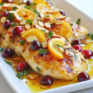 - 4 boneless, skinless chicken breasts - 1 cup fresh cranberries - 1 medium orange, zested and juiced To make this dish, you need fresh chicken breasts. They are tender and juicy. Fresh cranberries add a tart flavor that brightens the meal. Orange zest and juice bring a sweet and citrusy taste that works well with the chicken. - 1/4 cup honey - 2 tablespoons olive oil - 1 teaspoon garlic powder - 1/2 teaspoon salt - 1/2 teaspoon black pepper - 1 teaspoon fresh thyme leaves (or 1/2 teaspoon dried thyme) Sweet honey helps balance the tartness of the cranberries. Olive oil keeps the chicken moist while adding flavor. Garlic powder, salt, and pepper season the dish perfectly. Thyme adds an herbal note that ties everything together. - 1/2 cup sliced almonds - Fresh parsley for garnish Sliced almonds give a nice crunch and nutty taste. Fresh parsley adds color and a hint of freshness to your dish. These garnishes make the meal look even more appealing. {{ingredient_image_1}} 1. Preheat your oven to 375°F (190°C). This step is key for even cooking. 2. Lightly grease a 9x13-inch baking dish. This helps the chicken release easily later. 1. In a small bowl, whisk together the orange juice, zest, honey, and olive oil. 2. Add garlic powder, salt, pepper, and thyme. Mix until all ingredients blend well. 3. Place the chicken breasts in the baking dish. Pour the orange mixture over the chicken. Turn the chicken to coat it evenly. 1. Cover the baking dish with aluminum foil. Bake for 25 minutes. This keeps the chicken moist. 2. After 25 minutes, remove the foil. Bake for another 15-20 minutes. Check if the chicken reaches 165°F (74°C). The cranberries should pop, adding flavor. Once baked, let the chicken rest for five minutes before serving. This helps keep it juicy. Enjoy a simple, tasty meal! - Achieving the ideal chicken temperature: Aim for an internal temperature of 165°F (74°C). Use a meat thermometer to check. This ensures the chicken is safe to eat and not overcooked. - Preventing dry chicken: Marinate the chicken in the orange mixture for at least 30 minutes. This step helps keep the meat juicy and flavorful during baking. - Plating suggestions: Serve the chicken on a large platter. Drizzle the pan juices over the chicken for more flavor. Add extra cranberries around the dish for a pop of color. - Garnishing ideas: Use fresh parsley to add a bright touch. You can also sprinkle sliced almonds on top for a crunchy texture. - Cooking time adjustments: If you use larger chicken breasts, increase the baking time by 5 minutes. Always check the chicken's internal temperature. - Allowing the dish to rest: Let the chicken rest for 5 minutes after baking. This helps the juices settle, making the chicken more tender and juicy when you slice it. Pro Tips Marinate for More Flavor: For an extra depth of flavor, consider marinating the chicken in the orange mixture for at least 30 minutes before baking. This will allow the flavors to penetrate the meat. Use Fresh Ingredients: Fresh cranberries and citrus will provide the best flavor and texture. If using frozen cranberries, do not thaw them before baking to maintain their shape. Check Doneness with a Thermometer: To ensure your chicken is perfectly cooked, use a meat thermometer to check for an internal temperature of 165°F (74°C). This guarantees juicy, tender chicken. Customize with Herbs: Feel free to experiment with different herbs like rosemary or sage instead of thyme for a unique flavor profile that complements the citrus and cranberries. {{image_2}} You can make this dish your own by swapping out ingredients. - Alternative fruits: Instead of cranberries, try blueberries for a sweeter taste. Apples also add a nice crunch. - Different proteins: If you prefer turkey, it cooks well with this sauce. For a plant-based option, use tofu. Just press it to remove excess moisture. Adding different flavors can make your dish pop. - Using different herbs: Rosemary adds a woodsy note. Sage brings warmth and earthiness to the dish. - Adding spice: If you like heat, sprinkle red pepper flakes over the top. They add a nice kick to the sweet sauce. You can easily adjust the recipe to fit your diet. - Gluten-free versions: This dish is naturally gluten-free. Just ensure that your honey and any added ingredients are certified gluten-free. - Low-sugar options: Swap honey for agave syrup or use a sugar substitute. This keeps the sweetness without the extra sugar. To keep your Cranberry Orange Chicken Bake fresh, follow these tips: - Best practices for refrigeration: Store leftovers in an airtight container. This helps prevent moisture loss and keeps the flavors intact. Place the container in the fridge within two hours of cooking. Your chicken should stay fresh for up to three days. - Freezing options: If you want to save it for later, freezing is a great choice. Use a freezer-safe container or heavy-duty freezer bags. Make sure to remove as much air as possible. This dish can last in the freezer for up to three months. When ready to eat, thaw it in the fridge overnight before reheating. When it’s time to enjoy your leftovers, here are some effective ways to reheat: - Methods for reheating: The oven is best for even heating. Preheat it to 350°F (175°C). Place the chicken and sauce in a baking dish, cover it with foil, and heat for about 20 minutes. You can also use a microwave for quick reheating, but be careful not to overcook it. - Ensuring moisture retention: To keep your chicken juicy, add a splash of chicken broth or water while reheating. This helps maintain moisture and flavor. Knowing how long your dish stays fresh is key: - How long it stays fresh in the fridge/freezer: In the fridge, your Cranberry Orange Chicken Bake stays fresh for about three days. If frozen, it can last for up to three months. Just remember to check for any signs of freezer burn before cooking from frozen. Can I use frozen chicken? Yes, you can use frozen chicken. However, make sure to thaw it first. Cook time may need to be longer if the chicken is still a bit frozen. What can I serve with Cranberry Orange Chicken Bake? You can serve this dish with rice or mashed potatoes. A green salad or steamed veggies also pairs well. These sides will balance the sweet and tart flavors of the chicken. Why are my cranberries not popping? Cranberries pop when they cook. If they don’t, they may be too dry. Make sure to use fresh, plump cranberries for the best results. How to adjust the sweetness? To make it less sweet, reduce the honey. You can also add more orange juice or a pinch of salt. This will balance the flavors without making it too sweet. Can I use a different citrus? Yes, you can use lemon or lime instead of orange. Each will give a unique flavor to the dish. Make sure to adjust the amount to taste since they can be more sour. What can I replace honey with? You can replace honey with maple syrup or agave nectar. Brown sugar is another option. These will maintain the sweetness and flavor profile of the dish. This recipe for Cranberry Orange Chicken Bake combines bright flavors and simple steps. You learned about the key ingredients like chicken, cranberry, and orange. The detailed instructions guide you through preparation and baking for perfect results. I shared tips to keep your chicken moist and garnishing ideas that add flair. You can also explore variations to fit your taste or dietary needs. Follow these steps, and you’ll impress anyone at your table. Enjoy cooking and make this dish your own!