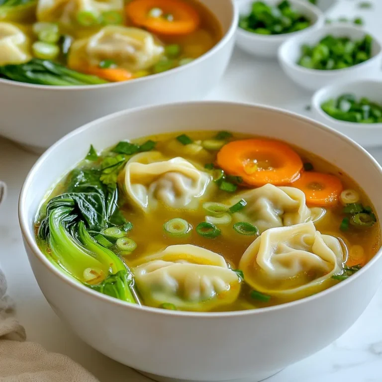 - 1 pack (9-12 pieces) pre-made wontons (chicken or vegetable filling) - 4 cups low-sodium chicken or vegetable broth - 1 tablespoon soy sauce - 1 teaspoon sesame oil - 1 clove garlic, minced - 1 inch fresh ginger, grated The base of this soup is simple. Pre-made wontons save time. You can choose chicken or vegetable filling based on your taste. Low-sodium broth keeps it light and tasty. The soy sauce adds depth, while sesame oil gives a nice finish. Fresh garlic and ginger bring warmth and flavor. - 1 cup bok choy, roughly chopped - 1 small carrot, julienned - 2 green onions, sliced - 1 tablespoon fresh cilantro, chopped (for garnish) Adding vegetables makes the soup pop. Bok choy adds crunch and nutrition. Julienned carrots bring sweetness and color. Green onions and cilantro add freshness. These veggies not only taste good but also look great in the bowl. - Salt and pepper to taste Seasoning is key. Taste your soup as you cook. Add salt and pepper to enhance flavors. Start with a little, then adjust to your liking. This helps create a balanced and delicious dish. {{ingredient_image_1}} 1. In a medium pot, bring 4 cups of low-sodium chicken or vegetable broth to a boil. 2. Once the broth is boiling, add 1 clove of minced garlic and 1 inch of grated fresh ginger. Stir for a minute. This will add great flavor. 1. Gently add the pack of pre-made wontons to the pot. You can use either chicken or vegetable filling. 2. Cook the wontons for about 5-6 minutes. They are done when they float to the surface. 1. Stir in 1 tablespoon of soy sauce and 1 teaspoon of sesame oil. This adds a nice depth of flavor. 2. Next, add 1 cup of roughly chopped bok choy and 1 small julienned carrot. Cook for another 2-3 minutes until the bok choy is tender. 3. Taste your soup and add salt and pepper as needed. 4. Remove the pot from heat. Divide the soup into bowls and top each with sliced green onions and chopped cilantro. Enjoy your quick and cozy meal! To know when your wontons are done, watch for them to float. This means they are cooked through. You can taste one to check if it’s hot inside. For maximum flavor, always add garlic and ginger early. They release their taste into the broth. Use low-sodium broth to keep it balanced. Wonton soup is great on its own, but it shines with garnishes. Top it with sliced green onions and fresh cilantro. Add a squeeze of lime for zing. Serve it with a side of rice for a full meal. It pairs well with a light salad too. To make the soup milder, cut back on garlic or ginger. You can leave out the soy sauce for a lighter flavor. Involve kids by letting them help with the veggies. They can wash the bok choy or julienne the carrot. Cooking together makes it fun and tasty! Pro Tips Fresh Ingredients: Using fresh garlic and ginger will enhance the flavor profile of your soup, making it more aromatic and delicious. Wonton Cooking Time: Keep an eye on the wontons as they cook; they are ready when they float to the top, which indicates they are fully cooked. Vegetable Variations: Feel free to add other vegetables like mushrooms or spinach for added texture and nutrition. Serving Suggestions: Serve with a drizzle of chili oil or a squeeze of lime for an extra kick of flavor! {{image_2}} You can easily make this soup fit your diet. For gluten-free wontons, look for rice flour options. Many brands offer these at stores now. If you want a vegan option, use plant-based broth. There are great vegetable broths that add nice flavor. Choose wontons with vegetable filling to keep it vegan. Want to spice things up? Try adding a pinch of red pepper flakes or chili oil. These will give your soup a nice kick. You can also change the veggies. Add mushrooms, bell peppers, or snap peas for extra crunch and color. Just remember to add them at the right time so they cook well. If you’re in a hurry, there are pre-made soup products you can buy. Look for brands that offer wonton soup in a box. They can be a lifesaver on busy days. You can also keep frozen wontons at home. Just drop them into boiling broth, and you’ll have soup in no time. This way, you can enjoy a warm meal without the fuss. Store leftover wonton soup in an airtight container. This keeps it fresh and tasty. The soup stays good in the fridge for about 3 to 4 days. When you're ready to eat, just reheat it on the stove or microwave until hot. To freeze wonton soup, let it cool first. Pour the soup into freezer-safe bags or containers. Remove as much air as possible to avoid freezer burn. It can last for up to 2 months in the freezer. For reheating, thaw the soup in the fridge overnight. Heat it slowly on the stove until hot. Check for any off smells or changes in color. If the soup looks cloudy or has strange spots, it may be spoiled. When in doubt, it’s best to throw it out. Always trust your senses to keep your meals safe and delicious. It takes about 5-6 minutes to cook wontons in soup. Wontons float when they are done. Factors like the size and filling can affect cooking time. Make sure the broth is boiling before adding the wontons. Stir gently to avoid breaking them. Always check to ensure they are hot all the way through. Yes, you can use homemade wontons in this recipe. If you make your own, adjust the cooking time slightly. Fresh wontons may need less time, while frozen ones might need a bit more. Ensure they are sealed well to keep the filling inside. Homemade options can add a personal touch to your soup. You can add many ingredients for extra flavor in wonton soup. Consider adding bok choy for greens and crunch. Mushrooms add a nice earthy taste. You could also try thin slices of bell pepper or snap peas. A dash of chili oil can give it a spicy kick. Topping with fresh herbs like cilantro or basil adds a bright finish. This blog post shows you how to make a quick and tasty wonton soup. You learned about key ingredients like pre-made wontons, broth, and flavorful spices. I shared simple steps from preparing the broth to cooking the wontons. Plus, I included tips for making it kid-friendly and different ways to enjoy this soup, whether vegan or gluten-free. Now you can enjoy a warm bowl of wonton soup anytime. Happy cooking!