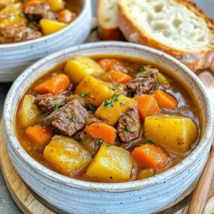 - 2 lbs beef chuck, cut into 1-inch cubes - 3 tablespoons olive oil - 1 large onion, diced - 4 cloves garlic, minced - 4 large carrots, sliced - 3 medium potatoes, diced - 2 cups beef broth - 1 cup water - 2 tablespoons tomato paste - Dried herbs: thyme, rosemary, paprika - 2 bay leaves - Salt and pepper to taste - 1 cup frozen peas - Fresh parsley for garnish This list gives you everything you need for a hearty beef stew. The beef chuck is key. It gets tender as it cooks. The olive oil helps brown the meat and adds flavor. Onions and garlic build a base of taste. Carrots and potatoes add sweetness and texture. For the broth, beef broth is rich and savory. Water helps balance the flavor. Tomato paste adds depth. The herbs bring freshness. Bay leaves add a subtle hint of earthiness. Adjust salt and pepper to your liking. Feel free to add frozen peas for a pop of color and sweetness. Fresh parsley on top makes the dish look nice. You can use this list to create a comforting one-pot meal that warms the soul. {{ingredient_image_1}} Start by browning the beef cubes. Heat 3 tablespoons of olive oil in a large pot over medium-high heat. Add the beef cubes in batches. Don't overcrowd the pot. This helps them brown better. Season with salt and pepper as you go. Brown the beef on all sides, about 5 minutes per batch. Remove the beef and set it aside. For seasoning tips, use a good amount of salt and pepper. This basic seasoning enhances the beef's natural flavor. You can also add a pinch of garlic powder or onion powder for extra taste. Next, sauté the vegetables. In the same pot, add the diced onion. Cook until it turns translucent, about 5 minutes. Stir often to prevent burning. Then, add 4 minced garlic cloves. Cook for another minute until you smell the garlic's aroma. Now it's time to add the carrots and potatoes. Add 4 sliced carrots and 3 diced potatoes to the pot. Stir them in and cook for about 5 minutes. This softens the veggies a bit and brings out their flavors. Now, it’s time to mix everything in the pot. Return the browned beef to the pot with the veggies. Add 2 cups of beef broth and 1 cup of water. Then, stir in 2 tablespoons of tomato paste, 1 teaspoon of dried thyme, 1 teaspoon of dried rosemary, 1 teaspoon of paprika, and 2 bay leaves. Mix well to combine all the flavors. For cooking times, bring the stew to a gentle boil. Once boiling, reduce the heat to low and cover the pot. Let it simmer for about 1.5 to 2 hours. The beef should be tender when done. If you want to add frozen peas, stir them in during the last 10 minutes of cooking. Remember to remove the bay leaves before serving. Adjust the seasoning with more salt and pepper if needed. To make your beef stew shine, use fresh herbs. Thyme and rosemary add warmth. Paprika brings a smoky touch. These flavors blend well during slow cooking. For tender beef, brown it first. This step locks in juices and flavor. After browning, don’t rush to add liquid. Let the beef rest a bit. This keeps it juicy. Serve beef stew with crusty bread. It soaks up the sauce nicely. A side of green salad adds freshness. For a cozy touch, pair it with mashed potatoes. For presentation, use rustic bowls. Ladle the stew and sprinkle parsley on top. This makes the dish pop with color. It feels inviting and homemade. A heavy pot or Dutch oven works best. It holds heat evenly. This helps meat cook well. A wooden spoon is great for stirring without scratching. Use a sharp knife for chopping. It makes quick work of onions and veggies. A cutting board with a groove catches juices. This keeps your space tidy while you cook. Pro Tips Browning the Beef: Ensure the beef is well-browned before simmering; this step adds depth and richness to the stew's flavor. Use Fresh Herbs: For a more vibrant flavor, consider using fresh thyme and rosemary instead of dried; just add them in the last 30 minutes of cooking. Thicken the Stew: If you prefer a thicker stew, mix a tablespoon of cornstarch with cold water and stir it into the stew about 10 minutes before serving. Rest Before Serving: Letting the stew sit for 10-15 minutes after cooking allows the flavors to meld even more, enhancing the overall taste. {{image_2}} You can change up the beef in your stew. Instead of beef chuck, try brisket or round. These cuts can add new flavors. They also work well for slow cooking. You can swap out some of the veggies too. If you have other root vegetables, add them! Sweet potatoes or parsnips can add sweetness. You can also use green beans or peas for a fresh touch. Adding red wine can deepen the stew's flavor. A cup of red wine pairs well with the beef. You can also use beer for a different twist. Both options add a rich taste to the broth. For a kick, try adding spices. A pinch of cayenne pepper or chili flakes can spice things up. You can also use smoked paprika for a smoky flavor. If you need a gluten-free option, use gluten-free beef broth. This way, you keep the stew safe for everyone. Just check the labels to be sure. For a low-carb version, you can skip the potatoes. Instead, use cauliflower or zucchini. Both options will give you a hearty texture without the carbs. After you enjoy your beef stew, let it cool down. Transfer it to an airtight container. This helps keep it fresh. Store it in the fridge for up to 3 days. If you want it to last longer, you can freeze it. To freeze beef stew, use freezer-safe containers. Leave some space at the top for expansion. This helps avoid spills. You can freeze the stew for up to 3 months. When you are ready to eat, thaw it in the fridge overnight. To reheat, warm it in a pot over low heat. Stir it often to avoid burning. You can also use the microwave. Heat it in short bursts and stir in between. Make-ahead tips are key for busy days. You can cook a big batch of beef stew. Portion it into single servings. This makes it easy to grab for lunch or dinner. Store each portion in a separate container. You can also add a side of crusty bread or a salad to your meal prep. This gives you a complete meal ready to go. The best cut of beef for stew is beef chuck. It has a good amount of fat and connective tissue. This fat melts during cooking, making the meat tender and juicy. Another great option is brisket. It also has a rich flavor and becomes soft when cooked slowly. Avoid lean cuts like sirloin. They can dry out in a stew. For the best results, cook beef stew for about 1.5 to 2 hours. This slow cooking allows the beef to become tender. The longer you cook it, the more the flavors blend. If you want to check if the beef is ready, just poke it with a fork. It should fall apart easily. Keep it covered and on low heat for the best outcome. Yes, you can make beef stew in a slow cooker. Just brown the beef first for extra flavor. Then, add all the ingredients to your slow cooker. Set it on low for 6 to 8 hours or high for 4 to 5 hours. It will still taste great! Just make sure to check the meat for tenderness before serving. This article covers how to make a delicious beef stew. We discussed the main ingredients, like beef chuck, onions, carrots, and potatoes. Next, we looked at step-by-step instructions and tips for perfect flavor. Variations and storage tips help you customize your stew. Beef stew is a warm, filling meal for any day. Now, you can make your own with ease! Enjoy experimenting with flavors and ingredients. Happy cooking!
