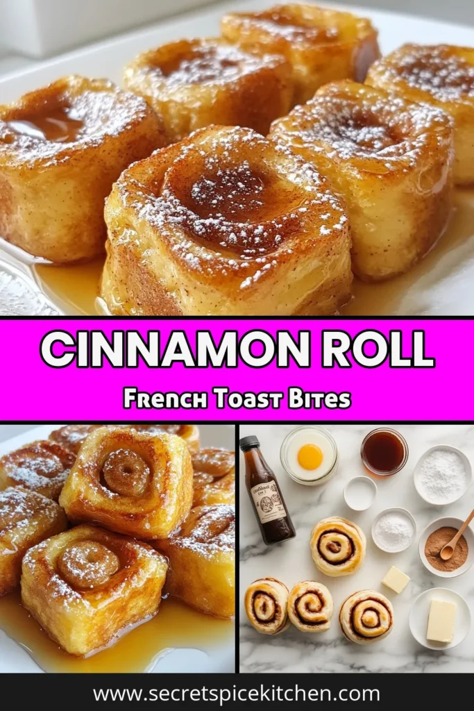 Indulge in these delicious Cinnamon Roll French Toast Bites, a fun twist on traditional breakfast ideas! This easy French toast bites recipe combines soft cinnamon rolls with a creamy egg mixture, making a perfect brunch treat. Drizzle with maple syrup for a delightful maple syrup dessert. Ready in just 20 minutes, these bites are sure to impress! Save this recipe for your next breakfast! #CinnamonRollFrenchToast #BreakfastIdeas #EasyFrenchToastBites #CinnamonRollRecipe