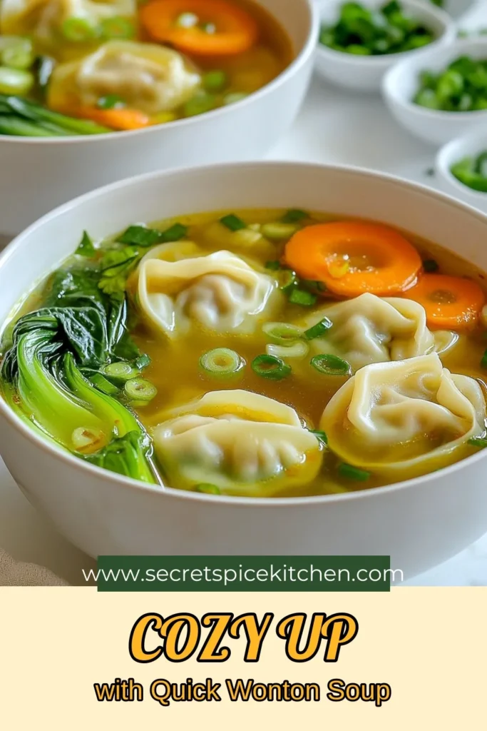 Warm up with this quick wonton soup that's perfect for any day. This easy wonton soup recipe features delicious pre-made wontons and a cozy broth enriched with garlic and ginger. In just 15 minutes, you can whip up this vegetable wonton soup that’s both comforting and healthy. Perfect for busy nights or a cozy evening in. Click to discover this delightful minute soup recipe and save for later! #WontonSoup #EasyRecipes #QuickSoup #CozyMeals