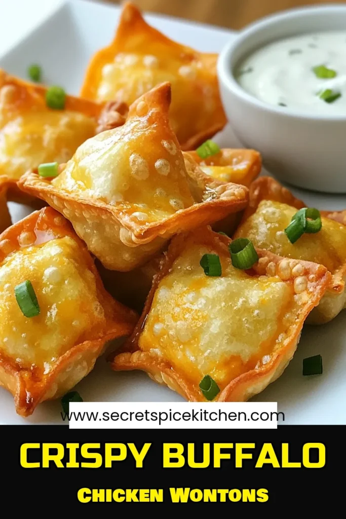 Looking for a delicious appetizer? Try this Buffalo Chicken Wontons recipe! These fried wontons are stuffed with a savory mixture of shredded chicken, cream cheese, and buffalo sauce, making for easy buffalo chicken bites that are perfect for parties. With wonton wrapper recipes like this, you're sure to impress! Serve with ranch or blue cheese dressing for dipping. Save now for your next gathering! #BuffaloChickenWontons #AppetizerRecipes #WontonWrappers #PartyFood