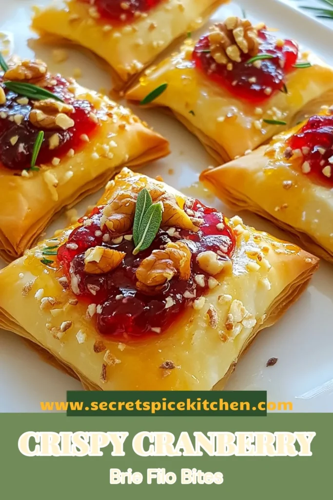 Looking for perfect holiday party snacks? Try these easy Cranberry Brie Bites! These delicious filo pastry appetizers feature creamy brie, sweet cranberry sauce, and crunchy walnuts, all wrapped in crispy filo crackers. Ideal for any celebration, they are sure to impress your guests. Follow our simple recipe and make your gatherings unforgettable. Save this for your next get-together! #CranberryBrieBites #FiloPastryAppetizers #HolidayPartySnacks #EasyCheeseAppetizers