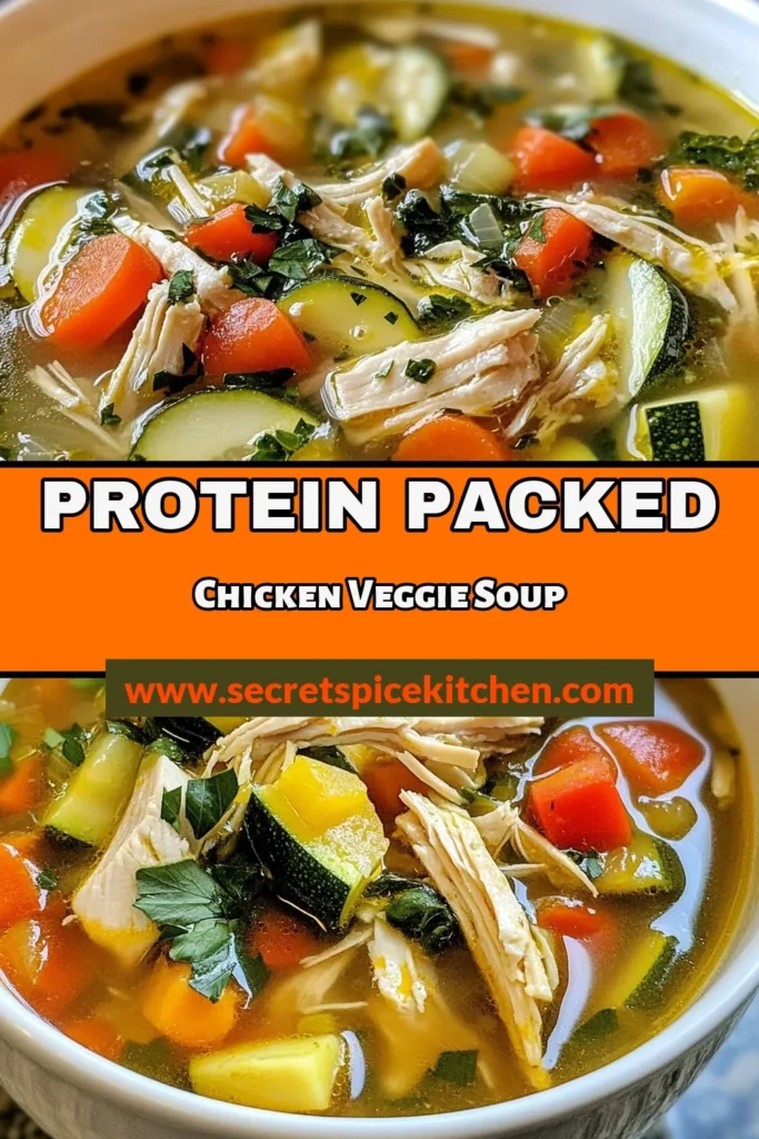 Discover the ultimate comfort food with this high-protein chicken soup packed with delicious veggies! This healthy vegetable soup recipe features tender chicken, fresh produce, and low-sodium chicken broth for a nourishing meal. With its easy chicken veggie soup preparation, you can whip up this gluten-free chicken soup recipe in just 40 minutes. Perfect for any day, save this recipe for a warm, satisfying bowl! #ChickenSoup #HealthyRecipes #GlutenFree #EasyMeals