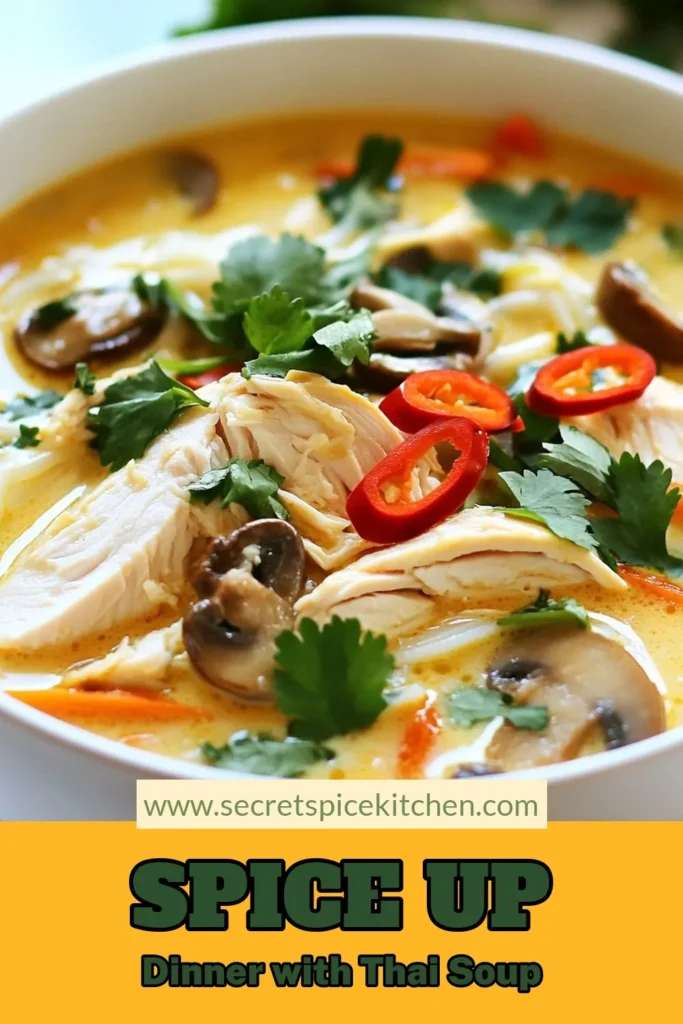 Discover the ultimate Spicy Thai soup recipe with this delicious Thai coconut chicken soup! Made with tender chicken thighs and creamy coconut milk soup, this easy Thai chicken recipe is bursting with flavor from fresh herbs and spices. Perfect for a cozy night in, this coconut chicken soup will warm you up from the inside out. Try it today and save for later! #ThaiCoconutSoup #CoconutMilkSoup #EasyThaiChickenRecipe #SpicyThaiSoupRecipe