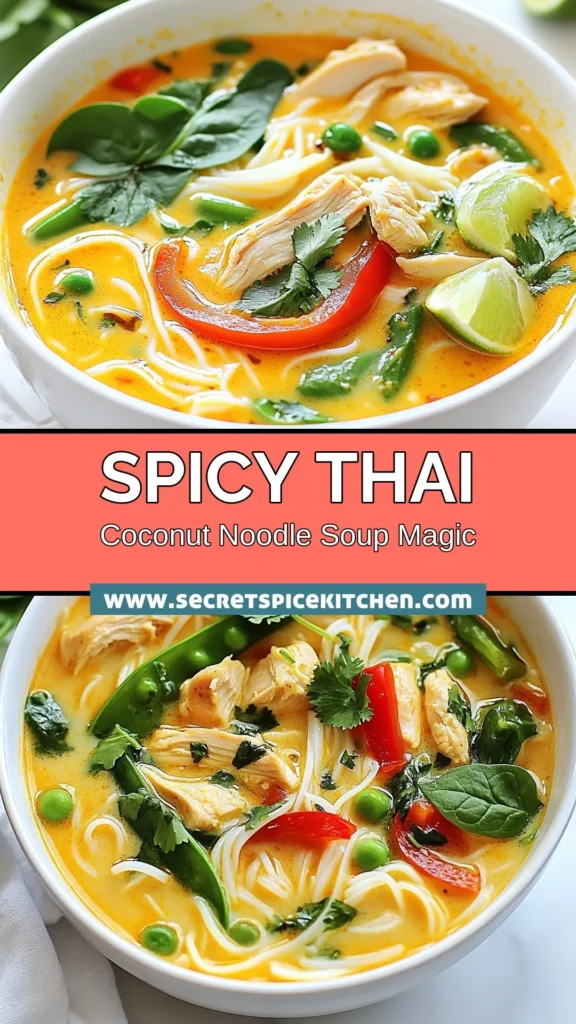 Discover the perfect bowl of Spicy Thai Coconut Chicken Noodle Soup—an easy Thai soup with noodles that brings the vibrancy of Thailand to your kitchen. This coconut noodle soup recipe features tender chicken, fresh vegetables, and a flavorful red curry chicken soup base. Ready in just 35 minutes, it's the ideal weeknight meal. Don't miss out! Save this recipe now and elevate your dinner game. #ThaiCoconutSoup #EasySoup #CoconutNoodleSoup #SpicyThaiChickenSoup