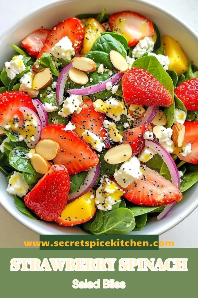 Discover a delicious Strawberry Spinach Salad that’s perfect for any occasion! This healthy salad with feta features fresh strawberries, crunchy almonds, and a delightful poppy seed dressing salad that will elevate your meal. Easy to make, this vibrant spinach salad recipe is ideal for a light lunch or a side dish at dinner. Don't miss out on this refreshing, colorful dish! Try this fresh strawberry recipe today and save it for later! #StrawberrySpinachSalad #HealthySalad #SpinachSaladRecipes #PoppySeedDressing