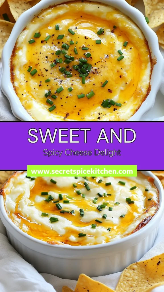 Indulge in the ultimate comfort food with this hot honey cheese dip! This creamy cheese dip recipe combines the richness of cream cheese, sharp cheddar, and mozzarella, with a delightful kick of spice from red pepper flakes. Baked to perfection, this spicy cheese dip is perfect as a baked cheese appetizer for your next gathering. Serve this mouthwatering cheese dip with honey warm alongside tortilla chips or bread. Try it today and impress your guests! #CheeseDip #BakedAppetizer #ComfortFood #SnackIdeas