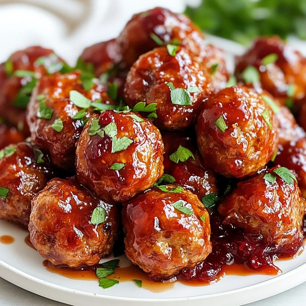 To make sweet and spicy cranberry meatballs, you need: - 1 pound ground turkey or chicken - 1/2 cup breadcrumbs - 1/4 cup grated Parmesan cheese - 1/4 cup finely chopped onion - 1 clove garlic, minced - 1 egg, beaten - 1 teaspoon salt - 1/2 teaspoon black pepper - 1/2 teaspoon cayenne pepper (adjust to taste) - 1 cup cranberry sauce - 2 tablespoons honey - 1 tablespoon apple cider vinegar - 1 teaspoon chili flakes (optional) - Fresh parsley for garnish These ingredients come together to create juicy, flavorful meatballs. The turkey or chicken serves as a lighter base, while the breadcrumbs and cheese add texture. Onions and garlic give great flavor. The egg helps bind all the elements together. To elevate your meatballs, consider adding: - 1 teaspoon chili flakes for extra heat - Fresh herbs like thyme or rosemary for added aroma These optional ingredients can enhance the flavor profile. The chili flakes will crank up the heat for those who love spice. Fresh herbs add a nice touch and freshness to the dish. If you want to swap out ingredients, here are some ideas: - Use ground beef or pork instead of turkey or chicken. - Swap breadcrumbs for crushed crackers or oats for a gluten-free option. - Replace honey with maple syrup for a vegan-friendly choice. - Use any fruit sauce if you don’t have cranberry sauce. These substitutions can help you customize the recipe to your taste. They ensure you can still enjoy this dish, even if you lack certain ingredients. {{ingredient_image_1}} First, preheat your oven to 400°F (200°C). This helps cook the meatballs evenly. Next, line a baking sheet with parchment paper. This makes cleanup easy and helps prevent sticking. Now, grab a large bowl. Combine the ground turkey, breadcrumbs, grated Parmesan, chopped onion, minced garlic, beaten egg, salt, black pepper, and cayenne pepper. Mix gently until everything is just combined. Be careful not to overmix, or your meatballs may become tough. Using your hands, form the mixture into bite-sized meatballs, about 1 inch wide. Place them on the prepared baking sheet, leaving some space between each meatball. This helps them cook evenly in the oven. Now, it’s time to bake! Place the baking sheet in your preheated oven. Bake the meatballs for about 20 to 25 minutes. You want them to be cooked through and golden brown on the outside. To check if they are done, you can cut one open. If it's no longer pink inside, they’re ready. While the meatballs are baking, let’s make the glaze. In a saucepan, combine the cranberry sauce, honey, apple cider vinegar, and chili flakes. Heat this mixture over medium heat. Stir it occasionally until it starts bubbling and becomes smooth. This glaze adds the sweet and spicy flavor that makes the meatballs shine. Once the meatballs are done baking, remove them from the oven. Place them in a large bowl. Pour the warm glaze over the meatballs and gently toss them until they are well coated. Now they are ready to impress your guests! To get the best meatballs, use ground turkey or chicken. These meats keep the dish light. Mix the meat with breadcrumbs, cheese, onion, garlic, and egg. Do not overmix the ingredients. Make sure each meatball is about one inch wide. This size cooks evenly and stays juicy. Bake them at 400°F (200°C) for 20-25 minutes. Look for a golden-brown color. Use a meat thermometer to check if they reach 165°F (74°C). This ensures they are safe to eat. Spice levels can make or break your dish. To add warmth, use cayenne pepper. Start with half a teaspoon. Taste the mixture before baking. If you want more heat, add chili flakes. For a milder taste, skip the cayenne or reduce it. Remember, you can always add more spice later. The sweet glaze balances the heat, so don’t worry too much. Trust your taste buds! These meatballs shine as a party snack. Serve them in a big bowl with toothpicks. This makes it easy for guests to grab them. You can also present them on skewers for a fun twist. Pair the meatballs with fresh parsley for color. Add a side of extra cranberry sauce for dipping. This adds flavor and looks great on the table. Serve with your favorite drink for a festive touch. Enjoy these tasty bites with friends and family! Pro Tips Use Fresh Ingredients: Fresh herbs and spices will enhance the flavor of your meatballs significantly. Always opt for fresh garlic and parsley if possible. Adjust Spice Levels: The cayenne pepper and chili flakes can be adjusted according to your heat preference. Start with less if you're unsure, and add more for a spicier kick. Keep Meatballs Moist: Avoid overmixing the meatball mixture to prevent tough meatballs. Mixing until just combined will keep them tender and juicy. Make Ahead: You can prepare the meatballs in advance and store them in the fridge for up to 24 hours before baking. This makes for a quick meal on busy days! {{image_2}} You can use different meats in this recipe. Ground turkey or chicken works best. They keep the meatballs moist. If you want to mix things up, try ground beef. Beef gives the meatballs a richer flavor. You can also use ground pork for a juicy option. Each meat adds its own touch to the dish. Serve these meatballs in fun ways. One great option is skewers. Just thread the cooked meatballs onto wooden sticks. It makes eating easy and fun. You can also cut the meatballs into smaller bites. This way, they become perfect for appetizers. Serve them on toothpicks for a party. Guests will love these tasty bites! The glaze is what makes these meatballs pop. You can change the flavor by using different sauces. Try barbecue sauce for a smoky twist. Sweet and sour sauce adds a fruity zing. If you like spicy, use sriracha mixed with cranberry. Each glaze gives a new taste that can surprise your guests. Don't be afraid to experiment and find your favorite! To keep your sweet and spicy cranberry meatballs fresh, store them in the fridge. Place them in an airtight container. They will last about three to four days. Make sure to let them cool before sealing the container. This helps prevent moisture buildup. If you want to save them for later, freezing is a great option. First, let the meatballs cool completely. Then, arrange them in a single layer on a baking sheet. Freeze them for about an hour. This helps them keep their shape. After that, transfer the meatballs to a freezer bag. Remove as much air as possible to prevent freezer burn. They can last for up to three months in the freezer. When it’s time to enjoy your meatballs again, reheating them properly is key. For the best results, heat them in the oven. Preheat your oven to 350°F (175°C). Place the meatballs on a baking sheet and cover them with foil. Heat for about 15-20 minutes or until they are warm throughout. You can also reheat them in the microwave. Just place them on a microwave-safe plate and cover them loosely. Heat in short bursts, stirring in between, until they are hot. Enjoy your meatballs just like fresh! Yes, you can use other meats. Ground beef or pork works great. You can also use plant-based meat if you prefer a vegetarian option. Just keep the same amount for each type. Cooking times may vary slightly based on your choice. Always check the internal temperature to ensure safety. The meatballs are done when they reach 165°F (74°C) inside. You can use a meat thermometer for this. They should also be golden brown on the outside. If you cut one open, it should no longer be pink on the inside. These meatballs pair well with many sides. Try serving them with rice or mashed potatoes. They also taste great with fresh bread. For a lighter option, a green salad works well too. You can even serve them as appetizers with toothpicks for easy eating. In this blog post, we covered the key ingredients and steps to make perfect Sweet and Spicy Cranberry Meatballs. You learned about the main ingredients, optional flavors, and useful substitutions. We guided you through preparation, baking, and making the glaze. Our tips helped ensure your meatballs are cooked just right. Also, we shared variations and storage info for future meals. Overall, these meatballs are easy and versatile. Enjoy creating your own tasty versions at home!