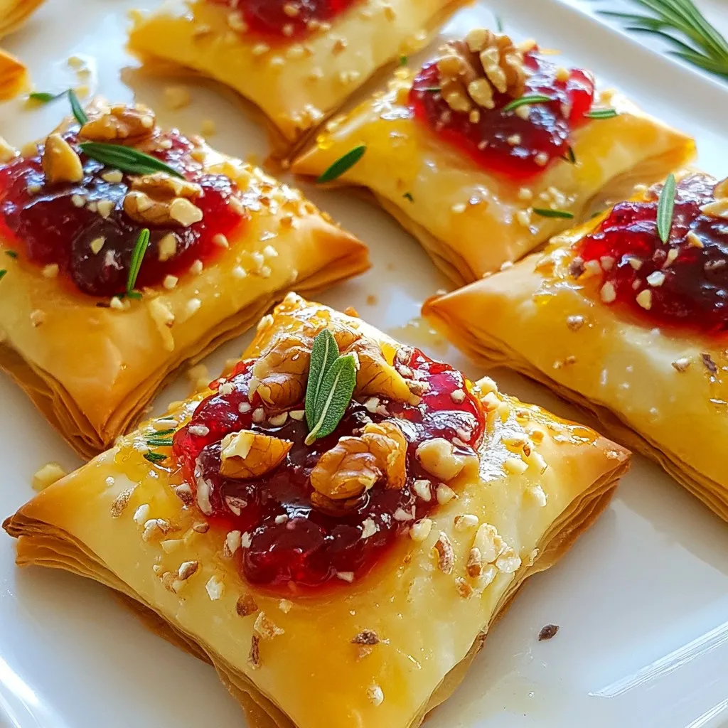 - Filo pastry sheets - Brie cheese - Cranberry sauce - Toasted walnuts - Honey - Egg wash - Olive oil - Fresh rosemary leaves - Salt and pepper Cranberry Brie Filo Crackers are a delight. The mix of flavors makes them special. You need a few simple ingredients to create these treats. Each item plays a key role in building the taste. Filo pastry sheets are thin and crispy. They provide a light crunch. I recommend using fresh sheets for the best results. They easily wrap around the filling. Brie cheese adds a creamy texture. It melts beautifully when baked. This cheese balances the sweet and tart flavors in the dish. Cranberry sauce gives a burst of flavor. You can use homemade or store-bought. Both options work well and save time. Toasted walnuts add a nice crunch. They also bring a nutty flavor. Make sure to chop them roughly for an even spread. Honey adds sweetness. It complements the tartness of the cranberries. Just a drizzle enhances each bite. An egg wash gives the crackers a golden color. It helps them look appealing when they come out of the oven. Olive oil is essential for brushing the filo. It keeps the layers from sticking. Plus, it adds flavor to the crackers. Fresh rosemary leaves are for garnish. They add a pop of color and a fragrant touch. Salt and pepper season the crackers perfectly. Use them to enhance the overall taste. Gather these ingredients, and you're on your way to making something delicious! Each one is important for the final flavor. {{ingredient_image_1}} 1. Preheating the oven: Start by preheating your oven to 375°F (190°C). This makes sure your crackers bake evenly. 2. Preparing baking sheet with parchment: Line a baking sheet with parchment paper. This helps the crackers not to stick. 3. Layering filo pastry sheets: Take your package of filo pastry sheets. Layer three sheets on top of each other. Brush a light layer of olive oil between each sheet. This keeps them together and adds flavor. 1. Cutting filo sheets into preferred sizes: Cut your layered filo sheets into squares or rectangles. I like to use 3x3 inches for a good size. 2. Adding brie, cranberry sauce, walnuts, and honey: Place a slice of brie in the center of each square. Then, add a spoonful of cranberry sauce on top. Sprinkle some chopped walnuts and drizzle a bit of honey over each one. This mix gives a great sweet and savory taste. 1. Forming and sealing the filo purses: Bring the edges of the filo square together to form a small purse. Pinch the edges to seal them well. This keeps all the filling inside. 2. Applying egg wash and seasoning: Place your filled filo purses on the baking sheet. Brush the tops with the beaten egg. This makes them golden when baked. You can also season lightly with salt and pepper for extra taste. 3. Baking time and temperature: Bake in the preheated oven for 15-20 minutes. Keep an eye out for a golden brown color and a crispy texture. Once done, take them out and let them cool slightly before serving. How to correctly layer filo pastry To start, take three sheets of filo pastry. Lay them on a clean surface. Brush a light layer of olive oil between each sheet. This helps them stick together. If you skip this step, the sheets may not hold up well. The oil makes your crackers flaky and golden. Avoiding soggy crackers Soggy crackers can ruin your snack. To prevent this, don’t overload the brie and cranberry sauce. Use just a spoonful of each. Too much filling makes the pastry wet. Also, make sure to bake them until they are golden brown. This ensures they stay crispy. Substitute ideas for cheese or nuts If you want a twist, try different cheeses. Goat cheese or sharp cheddar can work well. You can also swap walnuts for pecans or almonds. These changes can give your crackers a new taste while keeping them delicious. Adding spices or herbs for extra flavor Think about adding herbs or spices. A touch of thyme or black pepper can lift the flavor. Fresh rosemary leaves also add a nice touch. Sprinkle them on top before baking for extra aroma. These small changes can make your crackers even more special. Pro Tips Use Fresh Filo Pastry: Ensure your filo pastry is fresh and properly thawed for the best texture and crispiness. Experiment with Fillings: Feel free to mix up the fillings! Try adding different nuts, fruits, or even a touch of spice for a unique twist. Keep the Filo Covered: While working with filo pastry, keep unused sheets covered with a damp cloth to prevent them from drying out. Perfect the Egg Wash: For a richer color, mix the beaten egg with a splash of water or milk before brushing it onto the pastries. {{image_2}} You can switch brie for other cheeses. Creamy goat cheese works well. It adds a tangy flavor. Another option is Camembert, which has a similar taste. If you want a strong cheese, try blue cheese. It gives a bold twist to the dish. For those who prefer plant-based options, vegan cheese can be used. Look for creamy vegan cheese that melts well. Many brands offer great flavors that mimic traditional cheese. This way, everyone can enjoy the crackers. Seasonal fruits can enhance your crackers. In fall, try adding slices of pear or apple. In summer, fresh berries can brighten the flavor. These fruits add natural sweetness and freshness. You can also spice things up with seasonal herbs. Fresh thyme or parsley can add depth. Some people even use a hint of cinnamon for a warm flavor. These herbs can transform the taste and make the dish more exciting. To keep your cooked crackers fresh, store them in an airtight container. Line the container with paper towels to absorb any moisture. This method helps keep the crackers crispy. You can store them in the fridge for up to three days. When you want to enjoy the leftovers, reheat them in the oven. Preheat your oven to 350°F (175°C). Place the crackers on a baking sheet and warm them for about five to seven minutes. This step helps restore their crunch and flavor. If you want to prepare these crackers in advance, freezing is a great option. First, assemble the crackers but do not bake them. Arrange the filled filo purses on a baking sheet lined with parchment paper. Place the baking sheet in the freezer for about two hours, or until the purses are solid. Once frozen, transfer the purses to a freezer-safe bag. Remove as much air as possible before sealing. You can keep them in the freezer for up to three months. When you’re ready to bake, take the crackers out of the freezer. Do not thaw them. Preheat your oven to 375°F (190°C). Place the frozen crackers on a baking sheet and bake for 20-25 minutes. They should turn golden and crispy. Enjoy the delightful flavors fresh from the oven! Can I use store-bought cranberry sauce? Yes, you can use store-bought cranberry sauce. It saves time and still tastes great. Just look for a brand that you enjoy. Homemade sauce adds a personal touch, too. How long can I store these crackers? You can store these crackers for up to three days. Keep them in an airtight container. They taste best fresh, but they still hold flavor for a short time. Can I make these in advance for a party? Yes, you can prepare the crackers ahead of time. Make them up to the baking step. Then, cover them and chill in the fridge. Bake them just before serving for a warm treat. What can I serve with Cranberry Brie Filo Crackers? You can serve these crackers with a range of options. Try a cheese platter alongside fresh fruit. A small bowl of extra cranberry sauce works well for dipping. Fresh herbs can add a nice touch, too. Cranberry Brie Filo Crackers are easy to make and delightfully tasty. We covered the key ingredients, preparation, and baking steps. Remember to layer the filo carefully for the best crunch. Try out different cheeses or add seasonal flavors to make them your own. Proper storage keeps leftovers fresh for later. These crackers will impress at any gathering. Enjoy making them and share with friends!