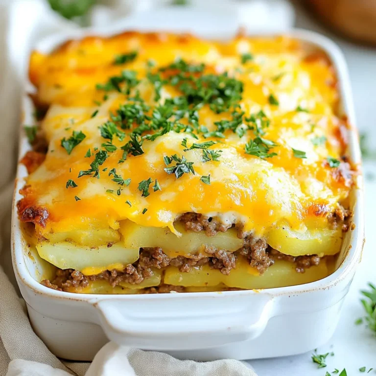 - 1 lb ground beef - 4 medium-sized potatoes, peeled and thinly sliced - 1 medium onion, chopped - 2 cloves garlic, minced The heart of this dish is the ground beef. It gives the casserole a rich flavor. The potatoes create a soft, comforting base. I like to use medium-sized potatoes for even cooking. Chopped onion and minced garlic add depth and aroma. Sautéing them together enhances their taste and makes them perfect for mixing with the beef. - 1 cup shredded cheddar cheese - 1 cup shredded mozzarella cheese - 1 cup sour cream For this casserole, I recommend using two types of cheese. Cheddar brings a sharp, tangy flavor. Mozzarella adds a nice creaminess and a stretchy texture. Sour cream binds everything together and adds a tangy twist. This combination makes the casserole creamy and cheesy, ensuring every bite is delicious. - 1 can (10.5 oz) condensed cream of mushroom soup - 1 cup beef broth - 1 teaspoon dried thyme - 1 teaspoon paprika - Salt and pepper to taste - Olive oil for cooking - Fresh parsley, chopped (for garnish) The cream of mushroom soup acts as a great base for the sauce. It adds moisture and flavor. Beef broth enhances the savory notes, making the dish even richer. I use thyme and paprika for seasoning. They add warmth and a hint of spice. Don’t forget salt and pepper to taste! Olive oil is essential for cooking the onions and garlic. Lastly, fresh parsley adds a pop of color on top. {{ingredient_image_1}} How do you cook the onions and garlic? Start by heating some olive oil in a large skillet over medium heat. Add the chopped onion and minced garlic. Cook for about 3-4 minutes. You want the onion to turn clear and smell nice. What about browning the ground beef? Next, add the ground beef to the skillet. Use a spatula to break it apart. Cook the beef for about 7-10 minutes. You want it to turn brown and be fully cooked. How do you season the mixture? Once the beef is cooked, sprinkle in salt, pepper, thyme, and paprika. Stir well to mix the flavors. This seasoning gives the beef a great taste. How do you layer the potatoes? Grease a big baking dish with olive oil. Start by layering half of the sliced potatoes on the bottom. Make sure they cover the whole dish. What comes next with the beef and soup mixtures? Spread half of the cooked beef mixture over the potatoes. Then, pour half of the creamy soup mixture on top. This adds moisture and flavor. How do you add cheeses and final layers? Sprinkle half of the cheddar and mozzarella cheese on top. Repeat these layers with the rest of the potatoes, beef, soup, and finish with the remaining cheeses. This makes for a cheesy, yummy meal. How do you cook it under foil? Cover the baking dish with aluminum foil. Bake in your preheated oven at 375°F for about 40 minutes. The foil helps cook the potatoes evenly. What about finishing without foil? After 40 minutes, take off the foil. Bake it for another 15-20 minutes. This step makes the cheese melt and bubble nicely. How do you check for doneness? To check if it’s done, poke the potatoes with a fork. If they are soft, your casserole is ready. Let it cool for about 5 minutes before you serve it. Enjoy your meal! To get the best results from your casserole, keep an eye on cooking time and temperature. I recommend using a food thermometer. The internal temperature should reach 160°F (71°C) for the beef. If you find your potatoes are not tender after cooking, cover them with foil and bake a bit longer. You can swap ingredients based on what you have. For a lighter option, use ground turkey instead of beef. If you have no cream of mushroom soup, try a can of cream of chicken soup instead. Herbs and spices can take your casserole to the next level. Try adding fresh thyme or rosemary for a lovely aroma. A pinch of cayenne pepper can give it a nice kick. Want to add more nutrients? Toss in some chopped spinach or diced bell peppers. These veggies will blend well with the other flavors. Preparing this casserole ahead of time is a great idea. You can assemble it the night before and store it in the fridge. Just cover it tightly with plastic wrap or foil. When you’re ready to bake, remove it from the fridge. Let it sit at room temperature for about 30 minutes. This helps it cook evenly. For storage, place leftovers in an airtight container. It stays fresh in the fridge for about 3-4 days. To reheat, use the oven at 350°F (175°C) for best results. This keeps the cheese melty and the potatoes soft. Pro Tips Layer Wisely: Make sure to layer your ingredients evenly to ensure that every bite is flavorful and cheesy. Potato Prep: For best results, slice your potatoes thinly so they cook evenly and become tender in the baking process. Cheese Choices: Feel free to mix different types of cheese such as pepper jack or gouda for a unique flavor twist. Make Ahead: This casserole can be assembled in advance and stored in the fridge. Just add an extra 10-15 minutes to the baking time if baking straight from the fridge. {{image_2}} You can change this cheesy ground beef potato casserole to fit your taste. For a vegetarian twist, use lentils or beans instead of ground beef. This keeps the protein but adds a new flavor. You could also add more veggies like bell peppers or spinach to boost nutrients. If you want some heat, add jalapeños or chili powder. These spicy variations make the dish exciting. You can also use spicy cheese for an extra kick. This casserole pairs well with simple sides. A fresh salad adds crunch and color. You might enjoy steamed green beans, too. They balance the richness of the casserole perfectly. For presentation, serve in a nice dish. Top with fresh parsley for a pop of color. Arrange it nicely on the table to impress your guests. For gluten-free options, choose gluten-free cream of mushroom soup. Most brands offer this tasty choice. You can also skip the soup and use a homemade sauce with cornstarch. If you're watching carbs, swap potatoes for cauliflower. Cauliflower gives a similar texture with fewer carbs. You can also lower the cheese amount for a lighter dish. To keep your cheesy ground beef potato casserole fresh, store it properly. Place any leftovers in an airtight container. Let the casserole cool down first, then seal it. Store it in the fridge for up to four days. You can also freeze this dish if you want to keep it longer. Wrap it tightly in plastic wrap and then in foil. It can stay in the freezer for about three months. When you are ready to eat your leftovers, reheating is key. The best method is to use the oven. Preheat it to 350°F (175°C). Place the casserole in an oven-safe dish, cover it with foil, and heat for about 20-30 minutes. This method helps keep the texture and flavor intact. You can also use the microwave for quick reheating. Just be sure to cover it to avoid drying out the dish. In the fridge, your casserole lasts about four days. If you freeze it, you can enjoy it for up to three months. Check for signs of spoilage before eating. If it smells off, has a strange color, or has mold, it is best to throw it away. Keeping an eye on these signs will help ensure you enjoy your casserole safely. Can I use other types of meat? Yes, you can use different meats. Ground turkey, chicken, or pork work well. Each adds a unique taste. How do I reheat the casserole without drying it out? To reheat, cover the dish with foil. Bake at 350°F for about 20 minutes. This keeps it moist. Why are my potatoes still hard? Hard potatoes mean they need more cooking time. Make sure you slice them thinly. Thinner slices cook faster and become tender. Can I make this recipe in advance? Absolutely! You can prepare it a day ahead. Just cover it and store it in the fridge. Bake it before serving. How do I know when the casserole is fully cooked? Check the potatoes. They should be tender when pierced with a fork. The cheese should be bubbly and golden. What if I don't have cream of mushroom soup? You can use a different cream soup, like chicken or celery. You can also make a homemade version with cream, broth, and mushrooms. This article guides you through making a delicious beef casserole. You learned about key ingredients, from ground beef to cheeses. I shared step-by-step instructions for preparation and baking. Tips for perfecting your dish are included, along with variations to suit different diets. In closing, this casserole is versatile and easy to make. Try different flavors to find what you love. Enjoy cooking and share your tasty results with family and friends.