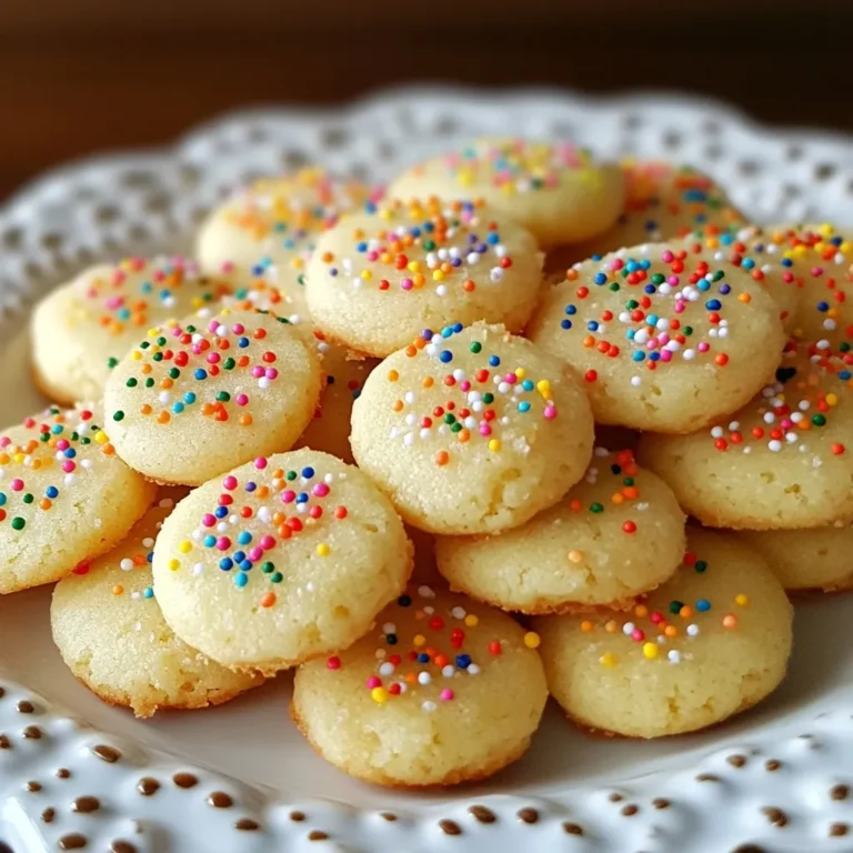 To make mini sugar cookies, you need these simple ingredients: - 1 cup unsalted butter, softened - 1 cup granulated sugar - 1 large egg - 1 teaspoon vanilla extract - 2 ½ cups all-purpose flour - 1 teaspoon baking powder - ½ teaspoon salt - Colored sugar or sprinkles for decoration These ingredients work together to create soft, sweet cookies that everyone loves. If you don’t have something on hand, here are some easy swaps: - Use salted butter instead of unsalted. Just skip the salt in the recipe. - Replace granulated sugar with brown sugar for a deeper taste. - If you lack eggs, use 1/4 cup unsweetened applesauce as a binder. - You can use almond extract instead of vanilla for a unique flavor. - For a gluten-free option, try a 1:1 gluten-free flour blend. Choosing the best ingredients makes a big difference. Here are my tips: - Use fresh butter for a rich flavor. - Check that your baking powder is active. It should puff when mixed with liquid. - Always sift your flour to avoid lumps and ensure even mixing. - Choose vibrant colored sugar or sprinkles for a fun finish. - Look for high-quality vanilla extract. Pure is best for real flavor. These choices will help you bake the best mini sugar cookies! {{ingredient_image_1}} 1. First, heat your oven to 350°F (175°C). Grab a baking sheet and line it with parchment paper. This helps your cookies not stick. 2. In a large bowl, mix the softened butter and granulated sugar. Stir until it looks light and fluffy. This step is key for soft cookies. 3. Next, add in the egg and vanilla extract. Beat these together until they blend well with the butter and sugar. 4. In a separate bowl, whisk together the flour, baking powder, and salt. Make sure there are no lumps in the flour. 5. Slowly add the dry mix to the wet mix. Stir until you form a smooth dough. Do not overmix; just combine well. 6. Now, take small scoops of dough, about 1 tablespoon each. Roll them into balls with your hands. 7. Place the dough balls on your baking sheet. Leave about 2 inches between each ball. They will spread while baking. 8. Use your hand to press down gently on each ball. Flatten them slightly to help them bake evenly. 9. Time to decorate! Sprinkle your colored sugar or sprinkles on top of each cookie. This adds a fun touch. 10. Bake the cookies for 8 to 10 minutes. Watch for the edges to turn lightly golden; that’s when they are done. 11. Once baked, let the cookies cool on the baking sheet for a few minutes. Then, move them to a wire rack to cool completely. Enjoy your sweet treats! - Creaming Butter and Sugar: This introduces air into the mix. It helps cookies rise and become fluffy. - Proper Measuring: Use the spoon and level method for flour. This keeps your cookies from being too dense. - Oven Timing: Every oven is different. Keep an eye on your cookies as they bake. - Cooling: Let cookies cool on the sheet for a bit. This helps them set before moving. *Images showing each step will enhance your baking experience. They provide clear reference points and help ensure your cookies turn out perfectly every time.* To make your mini sugar cookies soft and chewy, start with room-temperature butter. It helps create a fluffier texture. Cream the butter and sugar well until they are light. This step adds air, which makes the cookies soft. When adding flour, measure it correctly. Too much flour makes cookies dry. Use a spoon to scoop flour into your measuring cup, then level it off. Also, do not overmix the dough; mix until just combined. Chill the dough for about 30 minutes before scooping. This makes it easier to handle and helps cookies keep their shape. One common mistake is baking at the wrong temperature. Always preheat your oven properly. If your oven is too hot, cookies can burn quickly. If it’s too cool, they may spread too much. Another mistake is not spacing the cookies on the baking sheet. Leave at least two inches between each cookie. They need room to spread while baking. Lastly, avoid opening the oven door too soon. This can cause the cookies to collapse. Wait until they are almost done before peeking. To boost flavor, try adding a pinch of salt. It makes sweet flavors pop. You can also switch up the vanilla extract. Use almond extract for a nutty twist. Mix in some citrus zest, like lemon or orange. It adds a fresh taste that pairs well with sugar cookies. For added texture, consider folding in mini chocolate chips or nuts. They provide a nice crunch that complements the soft dough. Pro Tips Chill the Dough: For even thicker cookies, refrigerate the dough for at least 30 minutes before baking. This helps prevent spreading and results in a fluffier texture. Use Parchment Paper: Lining your baking sheet with parchment paper not only makes cleanup easier but also helps prevent the cookies from sticking. Experiment with Flavors: Feel free to add zest from citrus fruits or a sprinkle of almond extract for a unique twist on the classic sugar cookie flavor. Don't Overbake: Keep a close eye on the cookies while baking. Remove them from the oven when the edges are lightly golden to ensure they remain soft and chewy. {{image_2}} To make gluten-free mini sugar cookies, swap the all-purpose flour for a gluten-free blend. Brands like Bob's Red Mill or King Arthur Flour work well. Use a 1:1 gluten-free mix for best results. Follow the original recipe steps, and enjoy cookies that everyone can eat. For vegan mini sugar cookies, replace the butter with coconut oil or vegan butter. Use a flax egg instead of a large egg. To make a flax egg, mix 1 tablespoon of ground flaxseed with 2.5 tablespoons of water. Let it sit for a few minutes to thicken. Follow the rest of the steps as usual, and you'll have a tasty vegan treat. You can add fun flavors and mix-ins to your mini sugar cookies. Here are some ideas: - Citrus Zest: Add the zest of a lemon or orange for a fresh twist. - Almond Extract: Swap vanilla for almond extract for a nutty flavor. - Chocolate Chips: Mix in semi-sweet or dark chocolate chips for a sweet treat. - Nuts: Toss in chopped walnuts or pecans for a crunchy texture. - Spices: Add a pinch of cinnamon or nutmeg for warmth. These variations let you customize your cookies to match your taste. Enjoy experimenting! To keep your mini sugar cookies fresh, use an airtight container. Place a piece of parchment paper between layers to avoid sticking. Store them at room temperature for the best taste. If you want to keep them longer, avoid direct sunlight and heat. These cookies stay soft and tasty this way. You can freeze mini sugar cookies if you want to save some for later. First, let them cool completely. Then, place them in a single layer on a baking sheet and freeze for about an hour. Once frozen, transfer them to a freezer bag. Make sure to squeeze out the air before sealing. They will keep well for up to three months. When you're ready to enjoy them, thaw them at room temperature. Baked mini sugar cookies last about one week at room temperature. If you store them properly, they can stay soft and yummy. If you freeze them, they can last much longer. Check for any signs of spoilage, like a change in smell or texture. If they seem off, it is best to toss them. Enjoy your sweet treats! Yes, you can use different types of sugar. Granulated sugar is the main choice. You can substitute part of it with brown sugar. Brown sugar adds a nice chew and caramel flavor. You can also use powdered sugar. This will make the cookies softer. Just remember, each sugar type changes the cookie's texture and taste. Mini sugar cookies are great for many occasions. They fit perfectly at birthday parties. Kids love their sweet taste and cute size. These cookies work well for holiday treats too. You can decorate them for Christmas, Halloween, or Valentine's Day. They make fun gifts for friends and family. You can even use them as party favors. Their simple charm makes them a hit at any gathering. You can find pre-made mini sugar cookies at many stores. Check your local grocery store first. They often have them in the bakery section. You can also look at big-box stores. Some online retailers sell them too. Make sure to read the reviews for quality. If you want fresh cookies, try your local bakery. They often make small batches for special treats. You learned about making mini sugar cookies from start to finish. We covered ingredients, step-by-step instructions, and tips for success. You also saw fun variations for special diets and creative twists. Remember, soft and chewy cookies start with good ingredients and careful baking. Proper storage helps keep them fresh. Whether you are baking for an event or just for fun, these tips will guide you. Enjoy the process and share your tasty results with others!