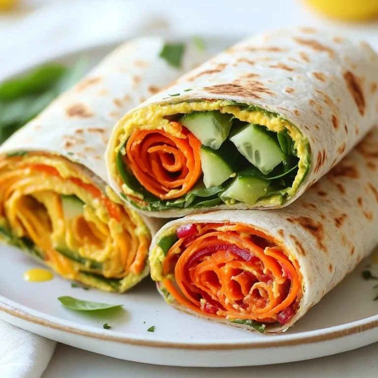- 4 large whole wheat or spinach tortillas - 1 cup hummus (store-bought or homemade) - 1 medium cucumber, thinly sliced - 1 cup shredded carrots - 1 red bell pepper, julienned - 1 avocado, sliced - 1 cup baby spinach or mixed greens - 1/2 cup alfalfa sprouts (optional) - 2 tablespoons lemon juice - Salt and pepper to taste - Optional: hot sauce or salsa for a kick These wraps are packed with healthy ingredients. Each wrap offers fiber, vitamins, and healthy fats. Whole wheat tortillas provide complex carbs. Hummus adds protein and flavor. Avocado delivers healthy fats. Carrots and bell peppers are full of vitamins. Alfalfa sprouts add crunch and nutrients. A wrap has about 200 calories, depending on your toppings. You can switch out ingredients if you like. Try different wraps like corn or gluten-free tortillas. Use bean dip instead of hummus for a change. Swap cucumbers for zucchini or radishes. If you don’t have a red bell pepper, use yellow or green ones. You can also add your favorite greens like kale or arugula. For a protein boost, add chickpeas or tofu. {{ingredient_image_1}} Start by washing all your veggies. For the cucumber, slice it thinly. This makes each bite crisp and fresh. Next, take the red bell pepper and julienne it. Slice your avocado too, so it's ready for the wrap. Shred the carrots using a grater or food processor. I love the bright color they add. If you choose to use alfalfa sprouts, rinse them under cool water. This simple prep sets the stage for a tasty wrap. Lay a large tortilla flat on your clean work surface. I prefer whole wheat or spinach tortillas for extra flavor. Spread about 1/4 cup of hummus evenly over the tortilla. Leave a small space at the edges. This helps keep everything inside. Now, in the center, layer the sliced cucumber, shredded carrots, julienned bell pepper, and avocado. Add a handful of baby spinach or mixed greens on top. If you like, sprinkle on the alfalfa sprouts. Drizzle a little lemon juice over the veggies for brightness. Season with salt and pepper to taste. Want some heat? Add a bit of hot sauce or salsa now. To wrap, fold in the sides of the tortilla first. Then, roll it up from the bottom. Make sure to keep the fillings inside. Wrap tightly but gently. Use a sharp knife to slice the wrap in half diagonally. This makes it look nice and is easier to eat. Serve right away, or wrap it in foil for later. Enjoy your colorful and healthy meal! To boost the flavor of your wraps, use fresh herbs. Cilantro, parsley, or basil add a nice touch. You can also try different spreads. Instead of hummus, use avocado or bean dip. A squeeze of lime juice gives a zesty kick. For more heat, drizzle your favorite hot sauce inside. You can change the veggies based on what you like. Swap out the cucumber for bell peppers or zucchini. Try adding roasted red peppers for a smoky taste. You can also use different greens, like kale or arugula. For a crunch, add nuts or seeds. To save time, prep your veggies in advance. Slice and store them in the fridge. You can also make hummus at home. It takes just a few minutes. Use store-bought if you’re in a hurry. Keep tortillas handy for quick wraps. This way, you get a tasty meal without much fuss. Pro Tips Freshness is Key: Use the freshest vegetables possible for the best flavor and texture. Farmers' markets are great places to find seasonal produce. Customize Your Wrap: Feel free to add or substitute your favorite veggies, proteins like chickpeas or tofu, or other spreads like guacamole or pesto for variety. Perfect Your Roll: To avoid tearing the tortilla, let it sit at room temperature for a few minutes before rolling; this makes it more pliable. Storage Tips: If preparing in advance, keep the wraps wrapped tightly in foil or plastic wrap and store them in the fridge to maintain freshness. {{image_2}} You can add protein to your veggie wraps for a hearty meal. Some great options include: - Chickpeas: Mash or leave them whole for texture. - Tofu: Use firm tofu and sauté it with spices. - Lentils: Cooked lentils add fiber and protein. - Edamame: Toss in cooked edamame for a nutty flavor. These additions not only boost nutrition but also make your wraps more filling. Sauces can elevate the taste of your veggie wraps. Here are some tasty ideas: - Tahini Sauce: This creamy sauce adds a nutty touch. - Vegan Ranch: A fan favorite that pairs well with fresh veggies. - Spicy Hummus: For those who love a kick, spicy hummus works wonders. - Guacamole: Creamy and rich, it complements the wrap nicely. Feel free to mix these sauces for a unique blend! Tortillas are just the start. You can explore many wrap types to keep things exciting. Consider these options: - Lettuce Wraps: Use large leaves like romaine or butter lettuce for a low-carb option. - Rice Paper: These wraps give a fun, chewy texture and are great for fresh rolls. - Naan Bread: A soft and flavorful choice that adds a different spin. - Collard Greens: For a sturdy, nutrient-packed wrap, try collard greens. Experimenting with different wraps adds fun and variety to your meals! Store your wraps in the fridge right away. Keep them in an airtight container. They stay fresh for about 2 to 3 days. If you notice any sogginess, try adding the veggies right before eating. You can freeze these wraps, but they change in texture. Wrap each one in plastic wrap. Place them in a freezer bag. They last for up to 3 months. When ready, thaw them in the fridge overnight. To keep your wraps fresh, use dry ingredients. Avoid watery veggies like tomatoes. Add sauces just before eating. This keeps your wraps crispy and tasty. Yes, you can make these wraps ahead of time. I suggest wrapping them tightly in foil or plastic wrap. Store them in the fridge. They stay fresh for up to two days. Just remember, the veggies might lose some crunch. To fix this, add the greens just before serving. I recommend using large whole wheat or spinach tortillas. They hold the filling well. They add flavor and nutrients too. If you want a gluten-free option, look for large corn tortillas. These options work great for wraps and keep everything together. To make low-carb wraps, skip regular tortillas. Try using large lettuce leaves instead. Romaine or collard greens work well. You can also use low-carb tortillas made from almond flour or coconut flour. Fill these with your favorite veggies and hummus for a tasty meal. This blog post covered all key topics for making delicious wraps. We explored the ingredients, nutritional facts, and tasty substitutions. I shared easy steps for preparation and assembly. You learned tricks to enhance flavor and save time while cooking. Multiple variations let you customize with proteins and sauces. Lastly, I provided storage tips to keep your wraps fresh. Enjoy creating your own wraps, and remember, the options are endless!