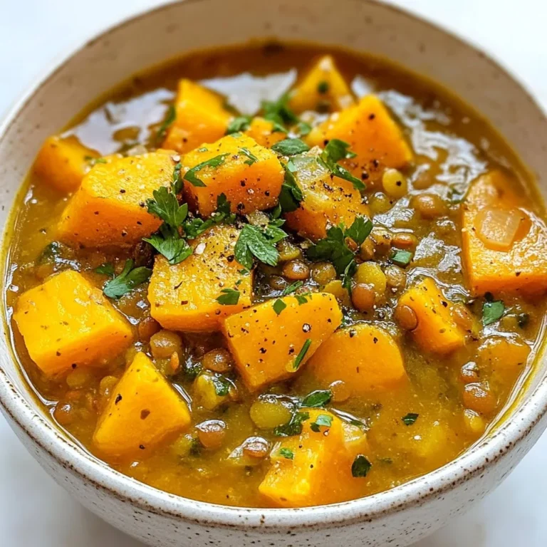 To make this warm stew, gather these simple ingredients: - 2 medium sweet potatoes, peeled and diced - 1 cup dried green or brown lentils, rinsed - 1 onion, chopped - 2 cloves garlic, minced - 2 carrots, diced - 1 bell pepper (any color), diced - 1 can (14 oz) diced tomatoes - 4 cups vegetable broth - 1 teaspoon ground cumin - 1 teaspoon ground coriander - 1/2 teaspoon smoked paprika - 1/2 teaspoon cayenne pepper (optional, for a spicy kick) - 2 tablespoons olive oil - Salt and pepper to taste - Fresh parsley or cilantro for garnish You can change some ingredients if you need to. Here are a few swaps: - Use butternut squash instead of sweet potatoes for a different taste. - Try red lentils instead of green or brown lentils to cook faster. - Swap vegetable broth for chicken broth if you prefer. - Use any leftover veggies you have, like zucchini or spinach. Sweet potatoes and lentils pack a punch of nutrition. Here’s why they are great: - Sweet Potatoes: They are high in vitamins A and C. They also have fiber, which helps digestion. - Lentils: These tiny legumes are full of protein and iron. They keep you full and help build muscles. - This stew is low in fat and high in nutrients. It’s a filling meal that warms you up on cold days. {{ingredient_image_1}} Start by gathering your ingredients. You will need: - 2 medium sweet potatoes, peeled and diced - 1 cup dried green or brown lentils, rinsed - 1 onion, chopped - 2 cloves garlic, minced - 2 carrots, diced - 1 bell pepper (any color), diced - 1 can (14 oz) diced tomatoes - 4 cups vegetable broth - 1 teaspoon ground cumin - 1 teaspoon ground coriander - 1/2 teaspoon smoked paprika - 1/2 teaspoon cayenne pepper (optional) - 2 tablespoons olive oil - Salt and pepper to taste - Fresh parsley or cilantro for garnish Chop and rinse all your vegetables. It makes cooking easier. In a large pot, heat the olive oil over medium heat. Add the chopped onion and minced garlic. Sauté for about 3-4 minutes until they turn soft and clear. Now, toss in the diced carrots and bell pepper. Cook these for another 5 minutes. You want them to soften but not turn mushy. Next, add the diced sweet potatoes and rinsed lentils. Sprinkle in the spices: cumin, coriander, smoked paprika, and cayenne pepper if you like heat. Stir for 1-2 minutes to mix the flavors with the veggies and lentils. Pour in the can of diced tomatoes and the vegetable broth. Bring everything to a boil. Once it boils, reduce the heat to low and cover the pot. Let it simmer for about 30-35 minutes. Stir occasionally to keep it from sticking. You’ll know it’s done when both the lentils and sweet potatoes are tender. Finally, taste your stew! Add salt and pepper as needed. If it’s too thick, add a bit more broth or water. Serve your stew hot in rustic bowls. Garnish with fresh parsley or cilantro to make it pop. Pair it with crusty bread for a complete meal. You can also add a dollop of yogurt for creaminess. Enjoy every spoonful! To make your Sweet Potato Lentil Stew burst with flavor, focus on the spices. Use fresh spices like cumin and coriander for the best taste. I love adding a pinch of cayenne pepper for some heat. If you want a milder stew, skip the cayenne. Sauté your onions and garlic in olive oil until fragrant. This step makes the base of the stew more tasty. You can also add a splash of lemon juice or vinegar at the end for brightness. Adjust salt and pepper to bring out flavors. If your stew turns out too thick, just add more vegetable broth or water. Stir it well while adding. If it tastes bland, add more salt, and fresh herbs. A spoonful of sugar can balance the flavors, too. If you find that your lentils are too hard, cook them longer. Check every few minutes until tender. For a smoother texture, use an immersion blender to blend part of the stew. This makes it creamy without losing all the chunks. You can easily make this stew your own. Add in chopped kale or spinach for extra greens. Try different vegetables like zucchini or corn to change it up. Switch out sweet potatoes for butternut squash or carrots for a new flavor. If you love protein, add in cooked chicken or sausage. For a fun twist, top your stew with avocado slices or toasted nuts for crunch. Pro Tips Use Fresh Spices: Fresh spices can enhance the flavor of your stew significantly. Consider using whole spices and grinding them just before cooking for the best taste. Adjust Consistency: If you prefer a thicker stew, reduce the amount of broth slightly. For a thinner consistency, add more broth or water until you reach your desired texture. Batch Cooking: This stew freezes well! Make a large batch and store leftovers in airtight containers for a quick meal later. Flavor Enhancements: Add a splash of lemon juice or a dash of vinegar just before serving to brighten the flavors of the stew. {{image_2}} You can easily make this stew vegan and gluten-free. All the ingredients are plant-based. Use vegetable broth to keep it vegan. Lentils and sweet potatoes are already gluten-free, so you are safe there. If you want to add protein, try chickpeas or quinoa. Both add great flavor and texture without any gluten. You can use different lentils for this stew. Green or brown lentils work best. They keep their shape and add a nice bite. Red lentils also work, but they break down more and make the stew thicker. If you want a smoother texture, go with red lentils. Just keep an eye on the cooking time, as they cook faster. Feel free to add seasonal veggies to your stew. In spring, try adding peas or asparagus. In summer, zucchini or bell peppers work great. In fall, add squash or kale for extra nutrients. In winter, root veggies like parsnips or turnips can add warmth. Mix and match to keep the flavors fresh and exciting. To keep your sweet potato lentil stew fresh, let it cool first. Use an airtight container. Store it in the fridge for up to five days. Make sure not to leave it out for more than two hours. This helps prevent bacteria. If you want to save stew for later, freezing is a great option. Use freezer-safe containers or bags. Divide the stew into portions. This makes it easy to thaw just what you need. It can last for up to three months in the freezer. Remember to label your containers with the date. When you are ready to eat your stew, thaw it in the fridge overnight. For reheating, use a pot on low heat. Stir often to keep it from sticking. If the stew is too thick, add a splash of broth or water. You want it warm but not boiling. This keeps the flavors just right. Sweet Potato Lentil Stew can last up to five days in the fridge. Ensure you store it in an airtight container. This helps keep it fresh and safe to eat. The flavors may even improve as it sits. Just reheat it on the stove or in the microwave before serving. Yes, you can make Sweet Potato Lentil Stew in a slow cooker. Start by sautéing the onion and garlic in a pan. Then, add everything else to the slow cooker. Set it to low for six to eight hours or high for three to four hours. This method lets the flavors blend well while you go about your day. Sweet Potato Lentil Stew pairs well with crusty bread or a fresh salad. You can also serve it over rice or quinoa for a heartier meal. Adding a dollop of yogurt or creamy avocado on top can enhance the flavors. Enjoy it with a sprinkle of fresh herbs for a bright finish! This article covered how to make a delicious Sweet Potato Lentil Stew. We explored the ingredients, cooking steps, and easy serving ideas. I shared tips for adding flavor and fixing common issues. You learned about tasty variations and how to store leftovers properly. I hope this stew becomes a favorite for you. It's healthy, easy to make, and perfect for sharing with others.