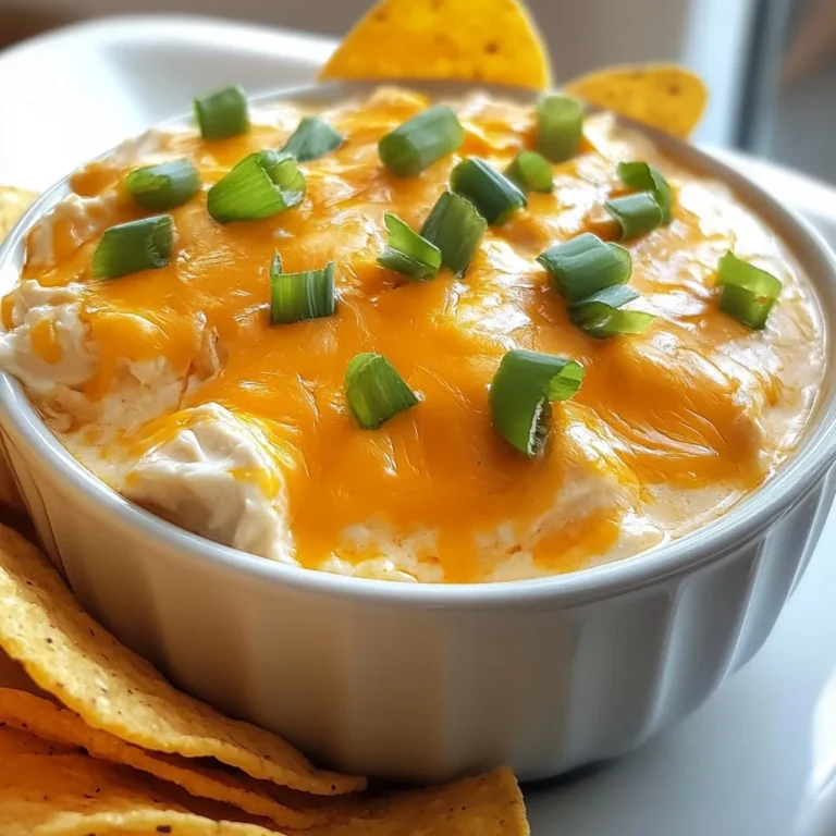 To make this tasty buffalo chicken dip, you will need: - 2 cups cooked shredded chicken - 1 (8 oz) package cream cheese, softened - 1 cup buffalo sauce (adjust to taste) - 1 cup shredded cheddar cheese - 1 cup ranch dressing - 1/2 cup finely chopped green onions (optional for garnish) - Tortilla chips or celery sticks for serving These simple ingredients create a rich and creamy dip that everyone loves. You can swap ingredients based on what you have on hand. - Use Greek yogurt instead of ranch dressing for a tangy twist. - If you like spicy, try adding jalapeños or use a spicier buffalo sauce. - For a healthier option, use low-fat cream cheese. - You can replace shredded chicken with pulled pork for a different flavor. These swaps keep your dip exciting and suit different tastes. Accurate measuring is key for great results. - Use dry measuring cups for solid ingredients, like chicken and cheese. - For liquid ingredients, use a liquid measuring cup to ensure accuracy. - Always level off the top of your measuring cup for dry ingredients. - When using cream cheese, let it soften first for easier mixing. These tips help you create a dip that’s both delicious and consistent. {{ingredient_image_1}} Start with cooked shredded chicken. You can use leftover chicken or rotisserie chicken. Place the chicken in the crockpot. Next, take an 8 oz package of cream cheese and let it soften. This step is key for a smooth dip. Once soft, add it to the crockpot with the chicken. Now, grab 1 cup of buffalo sauce. Pour it in and mix well until you see a nice blend. After the base is ready, it’s time to add more flavor. Get 1 cup of ranch dressing and pour it into the mix. This dressing adds a creamy taste. Now, take half of your shredded cheddar cheese, about 1 cup, and add it too. Stir everything together. Make sure all the ingredients are mixed well. The colors should look bright and inviting. Cover the crockpot and set it on low heat. Let it cook for about 2 hours. This slow cooking makes the dip hot and bubbly. Stir it occasionally to keep things mixed. After 2 hours, it’s time for the final touch. Sprinkle the rest of the cheddar cheese on top. Cover the pot again and let it cook for another 20 to 30 minutes. You want the cheese to melt perfectly. Once done, stir the dip again. If you like, add some chopped green onions on top for a fresh look. Now, it’s ready to serve with your favorite tortilla chips or celery sticks! Using a slow cooker is easy and fun. Here are some tips to get the best results: - Layer Ingredients: Always put dense items like chicken at the bottom. This helps them cook evenly. - Avoid Overfilling: Leave space at the top. If you fill it too much, it can overflow. - Keep the Lid On: Try not to open the lid too often. This keeps the heat in and cooks faster. - Stir Occasionally: Mix the dip as needed. This helps the flavors blend well and heat evenly. Buffalo chicken dip can be spicy. Here’s how to control the heat: - Start Small: Use less buffalo sauce at first. You can always add more later. - Use Mild Sauce: If you want less heat, choose a mild buffalo sauce. - Add Creaminess: Mix in more cream cheese or ranch dressing. This will tone down the spice. - Taste as You Go: Always taste your dip as you mix. Adjust the spice to your liking. Buffalo chicken dip is the star at any gathering. Here are some fun ways to serve it: - Chips and Sticks: Use tortilla chips or celery sticks for dipping. Both add great crunch. - Make it a Platter: Serve with a variety of veggies like carrots or bell peppers for color. - Add Toppings: Consider adding blue cheese crumbles or more green onions on top. This looks nice and adds flavor. - Set up a Station: Let guests dish out their own dip. Provide bowls and plates for easy serving. Pro Tips Balance the Heat: Adjust the amount of buffalo sauce based on your spice preference. Start with less and add more if needed to reach your desired heat level. Keep it Creamy: For an extra creamy dip, consider adding a bit of sour cream or Greek yogurt to the mixture before cooking. Perfectly Melted Cheese: To achieve a beautifully melted cheese topping, avoid stirring in the last layer of cheese until the dip is nearly done cooking. Serving Suggestions: Serve with a variety of dippers like carrot sticks, bell pepper strips, or even pita chips for a fun twist. {{image_2}} You can make a tasty vegetarian version of this dip. Replace the chicken with jackfruit or chickpeas. Both options bring a nice texture. Use your favorite buffalo sauce for that classic flavor. Cream cheese and ranch dressing work well in this mix too. If you want a lighter dip, swap out regular cream cheese for low-fat cream cheese. You can also use Greek yogurt instead of ranch dressing. This change keeps the dip creamy but cuts fat and calories. Choose a hot sauce with less sodium for a healthier kick. Cheese plays a big role in this dish. Instead of cheddar, try mozzarella or pepper jack. These choices can change the dip's flavor and heat. Mixing cheeses, like cheddar and cream cheese, adds depth. Experiment and find your favorite cheese blend! To store leftover dip, let it cool first. Place it in an airtight container. It will last for about three to four days in the fridge. If you want to keep it longer, consider freezing it. When you want to enjoy the dip again, reheat it in the crockpot. Set it to low and cook for about 30 minutes. You can also microwave it in a bowl. Heat it in 30-second bursts, stirring in between, until warm. You can freeze this dip too! Just put it in a freezer-safe container. It stays good for up to three months. When you're ready to eat it, thaw it in the fridge overnight. Then reheat it as mentioned before. Enjoy your tasty buffalo chicken dip anytime! You can keep buffalo chicken dip in the fridge for about 3 to 4 days. Make sure to store it in an airtight container. If you want to keep it longer, you can freeze it. Frozen dip lasts about 2 to 3 months. Just thaw it in the fridge before reheating. Yes, you can use raw chicken. Just add it to the crockpot with the other ingredients. Cook on low for about 6 to 8 hours. The chicken will cook through and shred easily. This method saves time on cooking the chicken first. Buffalo chicken dip pairs great with many snacks. Here are some ideas: - Tortilla chips - Celery sticks - Carrot sticks - Pita chips - Crackers - Toasted baguette slices These options add crunch and balance the spicy dip. Enjoy your tasty creation! This blog post covered all the basics for making buffalo chicken dip. We talked about key ingredients, their substitutions, and measuring tips. I shared step-by-step instructions to guide you through cooking it perfectly. You learned tips for using your slow cooker and how to tweak spice levels. We explored fun variations and how to store leftovers safely. Finally, I answered your most frequent questions. With these tips, you can make a delicious buffalo chicken dip every time. Enjoy sharing this tasty treat at your next gathering!