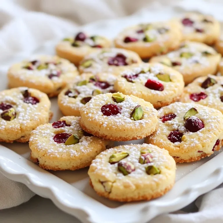 To make cranberry pistachio shortbread, gather these key ingredients: - 1 cup unsalted butter, softened - ½ cup powdered sugar - 2 cups all-purpose flour - ½ cup cornstarch - ½ teaspoon salt - 1 cup dried cranberries, chopped - ½ cup pistachios, roughly chopped - 1 teaspoon vanilla extract These ingredients create a rich and buttery cookie, with a nice crunch from the nuts. You can add a few extra flavors to brighten the cookies: - Zest of 1 orange The orange zest gives the shortbread a lovely citrus note. It adds freshness and enhances the overall flavor. If you need to make swaps, here are some ideas: - Use salted butter instead of unsalted for more flavor. - Substitute almond flour for all-purpose flour to make it gluten-free. - Replace dried cranberries with dried cherries for a different taste. These substitutions let you personalize the recipe to fit your needs. They keep the spirit of the cookies while allowing for creativity. {{ingredient_image_1}} Start by prepping your oven. Preheat it to 350°F (175°C). Line a baking sheet with parchment paper. Now, grab a large mixing bowl. Cream together 1 cup of softened unsalted butter and ½ cup of powdered sugar. Mix until it is light and fluffy. Next, add 1 teaspoon of vanilla extract. If you want a fresh taste, add the zest of 1 orange. Stir well to blend. In a separate bowl, whisk together 2 cups of all-purpose flour, ½ cup of cornstarch, and ½ teaspoon of salt. This step helps keep everything well mixed. Gradually add the dry mix to the butter mix. Stir until just combined. Then, fold in 1 cup of chopped dried cranberries and ½ cup of roughly chopped pistachios. Make sure these tasty bits are evenly spread throughout the dough. Once your dough is ready, turn it onto a lightly floured surface. Shape it into a log that is about 2 inches in diameter. Wrap the log in plastic wrap. Now, it’s time to chill! Place it in the refrigerator for at least 30 minutes. This step is vital. Chilling helps the cookies hold their shape when baked. After chilling, take the dough out of the fridge. Slice it into ¼-inch thick rounds. Place these slices on the prepared baking sheet, leaving space between each cookie. Now, bake in the preheated oven for 12-15 minutes. Watch for the edges to turn lightly golden. Once done, remove from the oven. Let the cookies cool on the baking sheet for 5 minutes. After that, transfer them to a wire rack to cool completely. Enjoy the lovely smell as they cool! Start with soft butter. It should feel like a cloud. Cream it with powdered sugar until it turns light and fluffy. This step is key to getting a nice texture. Mix for about 3 to 5 minutes. Don’t rush this process; it helps the cookies rise well. For the best texture, don’t overmix your dough. Mix until just combined. When you fold in the cranberries and pistachios, be gentle. Overmixing makes cookies tough. The dough should be soft but not sticky. If it feels too wet, add a little more flour. After baking, let the cookies cool on a wire rack. This keeps them crispy. For a nice touch, dust them with powdered sugar before serving. Arrange them on a colorful plate or platter. Adding a few whole pistachios and cranberries on top enhances their look. Pro Tips Chill the Dough: Make sure to chill the dough for at least 30 minutes to help the cookies hold their shape while baking. Perfect Slicing: Use a sharp knife to slice the dough into even rounds for uniform baking and presentation. Watch the Baking Time: Keep an eye on the cookies as they bake; they can go from perfectly golden to overbaked quickly. Storage Tips: Store the cooled cookies in an airtight container to keep them fresh for longer, or freeze for up to 3 months. {{image_2}} You can change the nuts or fruits in this shortbread. Try using walnuts or almonds instead of pistachios. Each nut brings its own taste. For fruits, consider using chopped dried apricots or cherries. They add a sweet twist. You can even mix different fruits for new flavors. Experimenting makes baking fun and tasty. If you need a gluten-free option, swap the all-purpose flour for a gluten-free blend. Make sure it has a good texture. For a vegan option, replace the butter with coconut oil or vegan butter. Use powdered sugar made from cane sugar for sweetness. This way, everyone can enjoy these cookies. You can add seasonal flavors to fit the holidays. During winter, add spices like cinnamon or nutmeg. This gives your shortbread a warm aroma. In spring, try adding lemon zest for a fresh taste. You can also use festive colors in sprinkles or toppings. These changes make your cookies perfect for any season. To keep your cranberry pistachio shortbread fresh, place the cookies in an airtight container. Line the bottom with parchment paper to avoid sticking. Store them at room temperature for up to a week. Keep them away from heat and moisture to maintain their crispness. If you want to preserve their great taste, use a container that seals tightly. You can freeze these cookies for later enjoyment. First, let the cookies cool completely. Then, layer them between sheets of parchment paper in a freezer-safe container. Seal the container tightly to prevent freezer burn. These cookies can last up to three months in the freezer. When you’re ready to enjoy them, just thaw at room temperature. For the best flavor and texture, consume the cookies within a week when stored at room temperature. If you freeze them, remember that they will still taste great after three months. Always check for any signs of spoilage, like a change in smell or texture. This way, you can always enjoy your delicious cranberry pistachio shortbread at its best! You can tell the cookies are done when the edges are lightly golden. They might look soft in the middle, but they will firm up as they cool. Keep an eye on them during baking, as ovens can vary. I usually check around the 12-minute mark. If they look slightly golden, take them out. Let them cool on the baking sheet for five minutes before moving them to a wire rack. You can use fresh cranberries, but they will change the texture and taste. Fresh cranberries are tart, so your cookies might need more sugar. If you choose fresh cranberries, chop them finely. This helps distribute their flavor better. You can also add a bit more powdered sugar to balance the tartness. These cookies pair well with many drinks. I love serving them with hot tea or coffee. They also go great with a glass of milk. For a festive touch, arrange them on a plate with some seasonal fruit. They make a lovely gift, too, when wrapped nicely! This blog post covered everything you need for great Cranberry Pistachio Shortbread. We explored required and fun optional ingredients, and even substitutions. I shared step-by-step instructions that make baking easy, plus tips for perfect texture and serving ideas. Try fun variations to match your taste and diet. Remember, proper storage keeps your cookies fresh longer. Now, you can bake, enjoy, and share your treats with confidence! Happy baking!