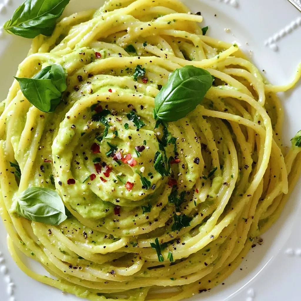 - 2 ripe avocados - 2 cloves garlic, minced - 2 tablespoons fresh lemon juice - 1 tablespoon olive oil - 1/4 cup fresh basil leaves, plus extra for garnish - 1/2 teaspoon red pepper flakes (optional) - Salt and pepper to taste - 8 oz spaghetti or your choice of pasta - 1/4 cup grated Parmesan cheese (optional) When I make creamy avocado pasta, I love using ripe avocados. They bring a rich, buttery taste. The garlic adds a nice kick, balancing the creaminess. Fresh lemon juice brightens the dish with a zesty note. Olive oil gives the sauce a smooth texture and a hint of earthiness. I always add fresh basil leaves for a pop of flavor. If you like heat, red pepper flakes work well. Salt and pepper help bring out all the tastes. For the pasta, I prefer spaghetti, but any type you like will do. If you want extra creaminess, grated Parmesan cheese is a great choice. It adds depth and richness. This ingredient list is simple, but each one plays an important role. Together, they create a fresh and vibrant dish that you can enjoy any day of the week. {{ingredient_image_1}} To start, boil a large pot of salted water. Add your pasta to the boiling water. Cook the pasta until it is al dente. This usually takes about 8-10 minutes. Once cooked, reserve one cup of the pasta water. Drain the rest and set the pasta aside. Next, grab a food processor. Combine the ripe avocados, minced garlic, lemon juice, olive oil, and fresh basil in it. If you like a bit of spice, add red pepper flakes. Blend everything until it is smooth and creamy. If the sauce is too thick, splash in some reserved pasta water to reach your desired creaminess. In a large bowl, mix the cooked pasta with the avocado sauce. Toss it well to coat the pasta evenly. If the sauce remains thick, add more reserved pasta water a little at a time. This will help you get the right texture. Now it’s time to taste the dish. Add salt, pepper, and a bit more lemon juice if you want. If you love cheese, mix in grated Parmesan for extra creaminess. Serve the creamy avocado pasta in bowls. Garnish with fresh basil and a sprinkle of red pepper flakes to make it pop. Enjoy your flavorful dish! To check for ripeness, gently squeeze the avocado. It should feel slightly soft but not mushy. Look for a dark color, but keep in mind that some varieties stay green. If your avocados are not ripe, place them in a paper bag with a banana. This can speed up the ripening process. For perfect sauce consistency, blend your avocado mixture until smooth. If it’s too thick, add a splash of reserved pasta water. You can also mix in other flavors like lemon zest or fresh herbs. This adds extra brightness and depth. Creamy avocado pasta pairs well with a fresh salad or grilled veggies. Try serving it with a simple arugula salad dressed in lemon and olive oil. Crusty bread goes great too. Add some cheese on top for an extra touch. Pro Tips Use Ripe Avocados: Make sure your avocados are perfectly ripe for the creamiest sauce. A ripe avocado will yield slightly to pressure and have a deep green color. Customize the Pasta: Feel free to swap out the spaghetti for whole wheat, gluten-free, or even zoodles for a healthier alternative. Adjust the Creaminess: Depending on your preference, you can add more reserved pasta water slowly until you reach your desired sauce thickness. Garnish for Flavor: Enhance the presentation and flavor by garnishing with extra basil and a sprinkle of red pepper flakes or even toasted nuts for added crunch. {{image_2}} You can add protein to your creamy avocado pasta for extra flavor and nutrition. - Grilled chicken or shrimp: These proteins work well. They add a nice texture and taste. Just grill them, slice, and mix into the pasta. - Vegetarian protein options: Consider using chickpeas or tofu. They soak up flavors and make great additions for a plant-based meal. Spice up your dish with fun flavor boosts. - Adding spice or different herbs: You can add red pepper flakes for heat. Fresh herbs like parsley or cilantro also add a fresh twist. - Incorporating seasonal vegetables: Try adding cherry tomatoes or spinach. They bring color and nutrients to your dish. Switching pasta types can change the dish. - Gluten-free options: Use gluten-free pasta made from rice or lentils. They taste great and keep the dish light. - Whole grain or vegetable-based pasta suggestions: Whole grain pasta adds fiber. Vegetable-based pasta, like zucchini noodles, gives a unique twist to the meal. After making creamy avocado pasta, you may have some leftovers. To store them, place the pasta in an airtight container. This keeps air out and helps maintain freshness. For the best taste, eat the pasta within three days. To keep the avocado sauce fresh, store it separately from the pasta. The sauce may brown if it sits too long. To slow this, press plastic wrap directly onto the surface of the sauce. This minimizes exposure to air. When you are ready to enjoy your creamy avocado pasta again, you can use a few methods. The best way to reheat it is in a skillet on low heat. Add a splash of water or olive oil to help keep it creamy. Stir gently to warm it up evenly. You can also use the microwave. Place the pasta in a bowl and cover it with a damp paper towel. Heat in short intervals, stirring in between. This helps prevent the pasta from drying out. You can store creamy avocado pasta in the fridge for up to two days. After that, the sauce may brown and lose flavor. Always keep it in an airtight container to maintain freshness. Yes, you can easily make this recipe vegan. Just skip the Parmesan cheese. You can also use nutritional yeast for a cheesy flavor. This keeps your dish creamy and plant-based. Creamy avocado pasta is quite healthy. Avocados are rich in healthy fats and vitamins. They provide fiber, which helps digestion. Garlic adds flavor and may boost your immune system. Fresh basil brings antioxidants too, making your dish both tasty and nutritious. Freezing creamy avocado pasta is not the best idea. The sauce may change texture when thawed. If you want to freeze it, separate the pasta and sauce. You can freeze the sauce for up to three months. Thaw it in the fridge before using. Then, mix it with freshly cooked pasta. This creamy avocado pasta is simple and delicious. We covered the key ingredients and steps to create this dish. You learned tips for selecting ripe avocados and how to adjust sauce creaminess. Variations let you customize with proteins and flavors. It’s healthy, easy to store, and can even be vegan. Whether you enjoy it fresh or as leftovers, this recipe is a winner. I hope you try it and enjoy a tasty meal!