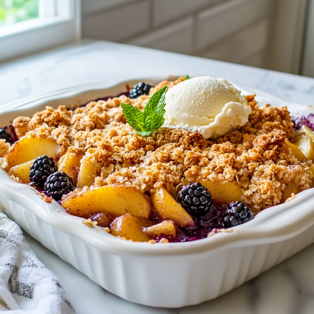 For this tasty apple blackberry crumble, you need fresh fruits. Choose 3 medium apples. Peel and dice them into small pieces. I love using tart apples like Granny Smith for that bright flavor. Next, grab 1 cup of blackberries. You can use fresh or frozen blackberries. If using frozen, there's no need to thaw them first. The fruit adds natural sweetness and flavor to your dish. Now let's talk about sweeteners. You will need 1/2 cup of granulated sugar. Adjust this based on how sweet you like your crumble. Add 1 tablespoon of lemon juice to enhance the fruit's taste. It also helps keep the apples from browning. For a warm touch, add 1 teaspoon of ground cinnamon. This spice brings a cozy flavor that pairs well with both apples and blackberries. The topping is what makes the crumble special. For this, you will need 1 cup of rolled oats. They give a nice texture. Mix in 1/2 cup of all-purpose flour for structure. Next, use 1/2 cup of packed brown sugar. This adds a lovely caramel taste. Finally, include 1/2 cup of melted unsalted butter to bind everything together. Don't forget a pinch of salt, about 1/4 teaspoon, to balance the sweetness. This crispy topping contrasts perfectly with the soft fruit below. {{ingredient_image_1}} First, gather your apples and blackberries. You will need three medium apples and one cup of blackberries. Peel and dice the apples into small pieces. Next, place the diced apples in a large bowl. Add the blackberries to the bowl. If you use frozen blackberries, there’s no need to thaw them. Squeeze one tablespoon of lemon juice over the fruit. This keeps the apples fresh and adds flavor. Pour in half a cup of granulated sugar. You can adjust the sugar based on how sweet you like it. Sprinkle a teaspoon of ground cinnamon into the bowl. Gently toss everything together until the fruit is well coated. Set the bowl aside while you make the topping. Now, it’s time for the crumble topping. Grab another bowl and mix one cup of rolled oats, half a cup of all-purpose flour, and half a cup of packed brown sugar. Add a quarter teaspoon of salt to the mixture. Pour in half a cup of melted unsalted butter. Use a fork to stir everything together until it becomes crumbly. You want to have small chunks for a perfect topping. Next, preheat your oven to 350°F (175°C). Grease an 8x8 inch baking dish with butter or oil. Spread the fruit mixture evenly across the bottom of the dish. Make sure the fruit is in one layer for even cooking. Now, sprinkle the crumble topping over the fruit. Cover the fruit well with the crumble. Bake in the oven for 30 to 35 minutes. Look for a golden brown topping and bubbling fruit. When it’s done, take it out and let it cool slightly. Serve warm, and feel free to add a scoop of vanilla ice cream on top for a tasty treat! To get that perfect crumble, focus on the topping. You want it to be crumbly but not too dry. Mix the oats, flour, and sugars well. When you add melted butter, don’t stir too much. Just combine until it looks like coarse crumbs. If it feels too wet, add more oats or flour. A good crumble should brown nicely and stay crunchy on top. Serve your Apple Blackberry Crumble warm. This dish is best enjoyed fresh from the oven. If you want a fun twist, add a scoop of vanilla ice cream on top. The cold ice cream melts into the warm crumble, creating a lovely mix of flavors. You can also sprinkle some chopped nuts or add a dash of cinnamon to the top for extra flavor. The best drinks with this crumble are tea or coffee. A nice cup of chai tea pairs well with the spices. If you prefer something colder, try a sparkling lemonade. For a special touch, serve it with whipped cream or a drizzle of caramel sauce. Always remember, a sprig of mint on top adds color and freshness! Pro Tips Adjust Sweetness: Taste the fruit mixture before baking and adjust the sugar according to the sweetness of your apples and blackberries. Butter Temperature: Ensure the melted butter is not too hot when mixing with the dry ingredients to prevent the oats from clumping together. Fruity Variations: Feel free to mix in other fruits like raspberries or blueberries for a different flavor profile. Cooling Time: Let the crumble cool for at least 10 minutes before serving; this helps the fruit juices set for easier serving. {{image_2}} You can swap apples and blackberries for other fruits. Consider using peaches, raspberries, or pears. Each fruit brings its own unique taste. For a tropical twist, try mangoes or pineapple. Just remember to adjust the sugar based on the fruit's sweetness. To make this crumble gluten-free, use gluten-free flour and oats. Almond flour works well too. For a vegan version, replace butter with coconut oil or vegan margarine. Use maple syrup or agave nectar instead of granulated sugar. These changes keep the dish tasty and friendly for everyone. Add a pinch of nutmeg or ginger for extra warmth. You can also mix in some chopped nuts like walnuts or pecans for crunch. A splash of almond extract can elevate the flavor, making it more complex. Consider adding a bit of citrus zest for brightness. These enhancements make your crumble even more delightful! To keep your apple blackberry crumble fresh, let it cool first. Once it cools, cover it tightly with plastic wrap or foil. You can also place it in an airtight container. Store it in the fridge for up to three days. This way, it stays tasty for your next dessert! Reheating your crumble is easy. Preheat your oven to 350°F (175°C). Place the crumble in an oven-safe dish. Cover it with foil to keep the top from burning. Heat for about 15-20 minutes. If you want it warm quicker, you can use a microwave. Just heat in 30-second bursts until warm. You can freeze apple blackberry crumble for later! Let it cool completely and cut it into portions. Wrap each piece tightly in plastic wrap, then place them in a freezer bag. This helps prevent freezer burn. It can last up to three months in the freezer. When you want to eat it, thaw in the fridge overnight and reheat as mentioned above. Enjoy your ready-made dessert! Yes, you can use frozen blackberries. They work well in this recipe. Just add them straight from the freezer. You may need to bake a bit longer. This helps them cook through and release their juices. You will know the crumble is done when the top is golden brown. The fruit should bubble around the edges. It usually takes about 30 to 35 minutes in the oven. Keep an eye on it during the last few minutes. Serve the crumble warm for the best taste. A scoop of vanilla ice cream makes it even better. You can also add a sprig of mint for a fresh look. If you want, drizzle some caramel sauce on top for extra sweetness. This article covered how to make a delicious apple and blackberry crumble. You learned about the key ingredients like fresh fruits, sweeteners, and spices. I shared step-by-step instructions on prepping fruit and baking. We also discussed tips for a great crumble texture and serving ideas. In conclusion, embrace the variations to make this dish your own. Whether using alternative fruits or exploring storage tips, there's much to enjoy. Get ready to impress friends and family with a tasty dessert!