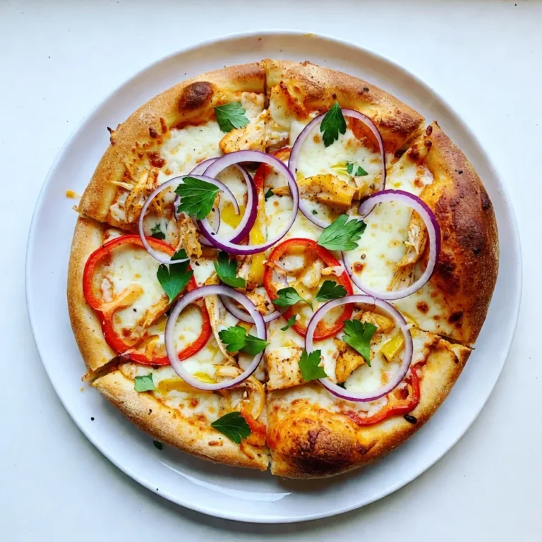 - 1 pizza crust (store-bought or homemade) - 1 cup cooked chicken, shredded - 1 tablespoon Cajun seasoning - 1 cup Alfredo sauce (store-bought or homemade) - 1 cup shredded mozzarella cheese - ½ cup grated Parmesan cheese - 1 bell pepper, sliced (any color) - ½ cup red onion, thinly sliced - ¼ cup sliced black olives (optional) - Fresh parsley, chopped for garnish - Olive oil for brushing If you don't have Cajun seasoning, try a mix of paprika, garlic powder, and cayenne pepper. For the Alfredo sauce, you can use a white pizza sauce or a creamy garlic sauce. If you prefer another cheese, swap mozzarella for provolone or gouda. You can also use rotisserie chicken for quick prep. If you want to skip the olives, that's fine too! You'll need a baking sheet or pizza stone to cook the pizza. A rolling pin helps roll out the dough. A mixing bowl is great for combining the chicken and seasoning. Don't forget a pizza cutter for easy slicing! A brush for olive oil helps add flavor and crispness to the crust. {{ingredient_image_1}} First, preheat your oven to 475°F (245°C). This step is key for a crispy crust. If you use a store-bought crust, roll it out on a floured surface. If you make your own, shape it to your liking. Transfer the crust to a baking sheet or pizza stone. Brush a thin layer of olive oil over the top. This adds flavor and crunch. Next, take your cooked chicken and shred it. In a bowl, mix the shredded chicken with one tablespoon of Cajun seasoning. Make sure to coat every piece well. This step brings out bold flavors in the chicken. Set this seasoned chicken aside while you prepare the rest of the pizza. Now, spread a generous layer of Alfredo sauce on your crust. Leave half an inch around the edge for the crust. Sprinkle half of the mozzarella and Parmesan cheese over the sauce. Then, evenly distribute the seasoned Cajun chicken. Next, add the sliced bell pepper and thinly sliced red onion on top. Finally, sprinkle the rest of the mozzarella and Parmesan cheese. If you want, add sliced black olives for extra flavor. Bake the pizza in the oven for 12-15 minutes. Look for melted cheese and a golden crust. Once done, let it cool for a few minutes. Garnish with fresh parsley before slicing. Enjoy your flavorful Cajun Chicken Alfredo Pizza! To make a great pizza crust, start with a good base. If you use store-bought crust, choose one that is fresh. If you make it at home, use flour and water with some salt. Roll it out on a floured surface. Aim for a thickness of about ¼ inch. This size gives a crisp edge and soft inside. Brush the crust with olive oil before baking. This step adds flavor and helps it brown nicely. For a tasty Alfredo sauce, use good-quality ingredients. If you buy it, look for sauces with real cream. If you make it, combine butter, heavy cream, and grated cheese. Heat the butter and cream in a pan over low heat. Stir until the butter melts, then add cheese. Mix until smooth. Add salt and pepper to taste. For a twist, you can add garlic for more depth. This sauce will complement the Cajun flavors well. Baking is key to a great Cajun Chicken Alfredo Pizza. Preheat your oven to 475°F (245°C). A hot oven helps the crust cook evenly. Use a pizza stone if you have one. It holds heat well and gives a crisp crust. Bake the pizza for 12 to 15 minutes. Keep an eye on it. The cheese should melt and bubble. The crust should turn golden brown. Let it cool for a few minutes before slicing. This step helps the cheese set. Enjoy your delicious creation! Pro Tips Use Fresh Ingredients: Fresh vegetables and herbs enhance the flavor of your pizza. Opt for in-season produce for the best taste. Customize Your Spice Level: Adjust the amount of Cajun seasoning to suit your preferences. Start with less and add more if you like it spicier! Ensure Even Cooking: For a crispy crust, preheat your baking sheet or pizza stone in the oven before placing the pizza on it. Experiment with Toppings: Feel free to add or substitute toppings like jalapeños, spinach, or different cheeses to create your perfect pizza. {{image_2}} If you want a meat-free meal, go for veggies! You can replace the chicken with a mix of your favorites. Try mushrooms, zucchini, or even spinach for color and taste. You can still use Cajun seasoning for that spicy kick. Add roasted bell peppers for sweetness. Top it off with extra cheese for a creamy finish. Want to switch up the protein? Shrimp works great with Cajun flavors. Just sauté them with Cajun seasoning before adding to the pizza. You can also use spicy sausage, grilled chicken, or even pulled pork. Each adds a unique twist while keeping the dish hearty and satisfying. Just remember to adjust cooking times to ensure all proteins are cooked well. Not a fan of Alfredo? You can try other sauces! A creamy white sauce will give a similar taste. Pesto adds a fresh, herby flavor. You can even use tomato sauce for a different vibe. Each sauce changes the taste profile, so feel free to experiment. Just ensure the sauce complements the Cajun spices for the best result. After enjoying your Cajun Chicken Alfredo Pizza, let it cool first. Then, slice it into pieces. Place the slices in an airtight container. You can also wrap them in plastic wrap. Store leftover pizza in the fridge for up to three days. This keeps it fresh and tasty. To reheat your pizza, avoid the microwave if you can. The oven is best for keeping the crust crisp. Preheat your oven to 350°F (175°C). Place the slices on a baking sheet. Heat for about 10 minutes, or until warmed through. This method ensures the cheese stays gooey and the crust stays crunchy. If you have more pizza than you can eat, freeze it! Wrap each slice in plastic wrap tightly. Then, place them in a freezer bag. Label the bag with the date for easy reference. Your pizza can last in the freezer for up to two months. When ready to eat, just reheat it directly from frozen, following the same oven tips. Enjoy your future meal! Cajun seasoning is a mix of spices used in Cajun cooking. It brings heat and flavor. You can make your own by mixing: - 1 tablespoon paprika - 1 teaspoon cayenne pepper - 1 teaspoon garlic powder - 1 teaspoon onion powder - 1 teaspoon dried oregano - 1 teaspoon dried thyme - 1 teaspoon black pepper - 1 teaspoon salt Just stir these together, and you have a tasty spice mix for your pizza! Yes, you can use different cheeses. Cheese adds creaminess and flavor. You might try: - Cheddar for a sharper taste - Gouda for a smoky flavor - Feta for a tangy twist These cheeses can give your pizza a unique taste. Absolutely! You can make this pizza gluten-free by using a gluten-free pizza crust. Many stores sell them. You can also use cauliflower crust for a low-carb option. Just follow the cooking instructions as usual. Enjoy your pizza without worry! This blog post covers everything you need for Cajun Chicken Alfredo Pizza. We explored ingredients, tools, and step-by-step instructions to make your pizza perfect. I shared tips for great crust and flavorful sauce. You learned yummy variations and how to store leftovers. Remember, cooking should be fun and creative! Use this guide, and enjoy your delicious pizza tonight or save some for later. Keep experimenting, and don’t hesitate to try new flavors. You’ve got this!