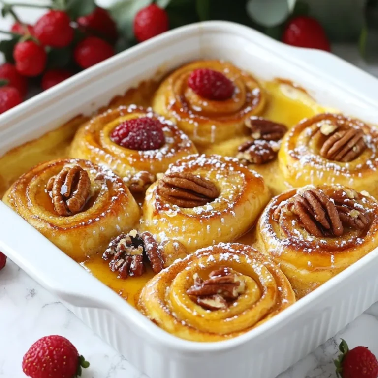 Here’s what you need for your tasty Cinnamon Roll French Toast Casserole: - 2 cans refrigerated cinnamon rolls (with icing) - 6 large eggs - 1 cup milk (whole or almond) - 1 teaspoon vanilla extract - 1 teaspoon ground cinnamon - ¼ teaspoon nutmeg - ½ cup maple syrup - ½ cup chopped pecans (optional) - Powdered sugar for sprinkling - Fresh berries for garnish (optional) Gather these ingredients before you start. This will make cooking easier and more fun. The star of the dish is the cinnamon rolls. They give it that rich, sweet flavor. Eggs and milk create a creamy base that soaks into the rolls. Vanilla adds warmth, while ground cinnamon and nutmeg boost the spice. The maple syrup brings in extra sweetness. If you like, you can sprinkle in some chopped pecans for crunch. Don’t forget the powdered sugar and fresh berries. They make your dish look pretty and add freshness. Now you are ready to create a delicious casserole that everyone will love. {{ingredient_image_1}} First, I preheat my oven to 350°F (175°C). This step helps cook the casserole evenly. Next, I grease a 9x13-inch baking dish. I use non-stick spray or butter to ensure nothing sticks while baking. Now, I open the two cans of refrigerated cinnamon rolls. I cut each roll into quarters. Then, I evenly spread the pieces across the greased baking dish. This creates a nice base for our casserole. In a mixing bowl, I whisk together six large eggs, one cup of milk, and one teaspoon of vanilla extract. I add one teaspoon of ground cinnamon and a quarter teaspoon of nutmeg too. I mix until everything blends well. This mixture adds flavor and richness to the rolls. Next, I pour the egg mixture evenly over the cinnamon roll pieces. It’s key to soak each piece well. I let it sit for about five minutes to let the bread absorb the mixture. Then, I drizzle half a cup of maple syrup over the top. If I want, I add half a cup of chopped pecans for crunch. Now, I place the dish in the oven and bake for 25-30 minutes. I look for a puffed and golden brown top. Once done, I take it out and let it cool for five minutes. Finally, I drizzle the icing from the cinnamon roll cans on top for a sweet finish! To make your cinnamon roll French toast casserole stand out, flavor is key. Cut each cinnamon roll into quarters. Spread them evenly in your baking dish. This helps every piece soak up the egg mixture. Let the casserole sit for about 5 minutes. This soaking time lets the rolls absorb the flavors well. If you skip this step, the rolls may not taste as good. Pair your casserole with fresh fruit. Berries like strawberries or blueberries add a nice touch. You can also serve it with a dollop of whipped cream or a scoop of ice cream. This adds a creamy texture that balances the dish. If you like crunch, add crispy bacon or sausage. The savory flavors work well with the sweet casserole. Want to make it sweeter? Add more maple syrup to the egg mixture. You can also use flavored syrups, like vanilla or caramel. Feel free to spice it up. A pinch of ginger or cloves can add warmth. For a fun twist, mix in chocolate chips or nuts. They bring extra texture and flavor to your dish. Pro Tips Use Day-Old Bread: If you have stale bread, it will absorb the egg mixture better, resulting in a richer flavor and texture. Customize Your Toppings: Feel free to mix in your favorite nuts, fruits, or even chocolate chips for added flavor and texture. Soak Overnight: For even more flavor, prepare the casserole the night before and let it soak in the refrigerator. Just bake it in the morning! Watch the Baking Time: Keep an eye on your casserole as ovens can vary. You want it puffed up and golden brown, but not overcooked. {{image_2}} You can easily change the flavor of your Cinnamon Roll French Toast Casserole. One popular twist is the pumpkin spice variation. Simply add 1 teaspoon of pumpkin pie spice to your egg mixture. This will give your casserole a warm, autumn flavor that many love. You can also mix in some canned pumpkin for a richer taste. Another fun option is adding chocolate chips. Stir in 1 cup of semi-sweet chocolate chips when you place the cinnamon roll pieces in the baking dish. The chocolate melts and mixes well with the sweet rolls, creating a decadent dessert that will please any chocolate lover. If you need a gluten-free option, you can use gluten-free cinnamon rolls. Many brands make delicious gluten-free rolls that taste just as good. Swap the regular rolls for gluten-free ones in the recipe. You won't lose flavor, and everyone can enjoy the dish together. For those who avoid dairy, you can make simple swaps in this recipe. Use non-dairy milk, like almond or oat milk, instead of whole milk. This keeps the dish creamy while being friendly to lactose-free diets. You can also use dairy-free butter or oil to grease the pan. This way, everyone can indulge in this tasty casserole without worry! To keep your Cinnamon Roll French Toast Casserole fresh, store it in the fridge. Place leftover casserole in an airtight container. If you don't have one, cover the dish tightly with plastic wrap or aluminum foil. The casserole will stay good for about three to four days. Make sure it cools down completely before you store it. This helps prevent moisture from making it soggy. When you're ready to enjoy the leftovers, you can reheat them easily. The best way is to use your oven. Preheat your oven to 350°F (175°C), then place the casserole in a baking dish. Cover it with foil to keep it moist. Heat for about 15 to 20 minutes or until it's warm throughout. You can also use a microwave, but it may not warm evenly. Just heat it in short bursts of 30 seconds. Yes, you can freeze this casserole! To freeze it safely, let it cool completely. Cut it into portions for easy serving. Wrap each piece in plastic wrap, then place them in a freezer-safe bag or container. This will help keep it fresh for up to two months. When you want to eat it, thaw it in the fridge overnight before reheating. You can use several pastry options if you don't have cinnamon rolls. Here are some ideas: - Croissants: They add a buttery flavor. - Brioche: This bread is rich and sweet. - Danish pastry: It has a flaky texture that works well. - Puff pastry: This can give a light and airy result. Each option will change the taste, so choose what you like best! Yes, you can prep this casserole in advance. Here’s how: 1. Prepare the casserole: Follow the main steps but stop before baking. 2. Cover it: Use plastic wrap to cover the dish. 3. Chill it: Store it in the fridge overnight. 4. Bake in the morning: Just add a few extra minutes to the bake time. This way, you can enjoy a warm breakfast without the morning rush! Look for these signs to know your casserole is perfect: - Puffed and golden: It should rise and turn a lovely golden brown. - Firm texture: The center should not jiggle when you shake the dish. - Clean toothpick: Insert a toothpick in the center. It should come out clean. These signs will help ensure your casserole is ready to serve! This blog post shared an easy and fun recipe for a cinnamon roll casserole. You learned the needed ingredients, simple steps to make it, and helpful tips for serving and storing. I hope you feel ready to create this sweet dish for your next breakfast. With so many ways to customize it, you can make it your own. Enjoy each tasty bite and share it with friends and family!