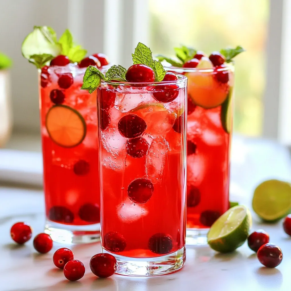 To make a Sparkling Cranberry Mocktail, gather these simple ingredients: - 2 cups cranberry juice (100% juice, no added sugar) - 1 cup sparkling water or club soda - 1 lime, juiced - 1 tablespoon honey or maple syrup (optional, adjust to taste) - Fresh cranberries for garnish - Lime wedges for garnish - Mint leaves for garnish These ingredients are fresh and easy to find. The cranberry juice adds a sweet and tart flavor. Sparkling water gives it a fizzy kick. Lime juice brightens the drink, while honey or maple syrup can add extra sweetness if you like. Fresh cranberries, lime wedges, and mint leaves make the drink look pretty and taste great. This mocktail is not just tasty; it also has a festive look. Perfect for parties or just a fun night in, this drink will impress your guests! {{ingredient_image_1}} 1. In a large pitcher, combine 2 cups of cranberry juice and the juice of 1 lime. 2. If you want a sweeter drink, stir in 1 tablespoon of honey or maple syrup. Mix well until the honey dissolves. 3. Fill your serving glasses about halfway with this mixture. 1. Top each glass with 1 cup of sparkling water or club soda. Gently stir to mix. 2. Add a few fresh cranberries, a lime wedge, and some mint leaves to each glass for a pretty look. 3. Serve immediately over ice for a cool and refreshing drink! To get the right balance of sweetness, start with less honey. You can always add more. Remember, cranberry juice can be tart. Adjust to your taste. For garnishing, fresh cranberries add color and flair. Lime wedges give a zesty touch. Mint leaves offer a fresh aroma. When serving over ice, use large ice cubes. They melt slower and keep your drink cold longer. Fill glasses halfway with the drink mix first. Then, top with sparkling water. This keeps the bubbles lively. For extra flavor, try adding a splash of orange juice. It brightens the drink. You can also use a few slices of ginger for a spicy twist. If you want an herbal note, add basil leaves instead of mint. If you want alternatives to honey or maple syrup, use agave syrup. It is sweet and has a mild flavor. You can also try stevia for a no-calorie option. Pro Tips Chill Your Ingredients: For a more refreshing drink, chill the cranberry juice and sparkling water before mixing them together. Adjust Sweetness to Taste: Depending on your preference, feel free to adjust the amount of honey or maple syrup to make the drink sweeter or less sweet. Garnish Ideas: Try adding other garnishes like orange slices or pomegranate seeds for an extra pop of color and flavor! Make It a Party Pitcher: Scale up the recipe by doubling or tripling the ingredients for a larger gathering, and serve in a punch bowl for a festive touch. {{image_2}} You can change the taste of your sparkling cranberry mocktail easily. Here are some ideas: - Adding essential oils or herbs: Use a drop of lime or lemon essential oil. You can also add fresh herbs like basil or rosemary for a unique twist. - Fruit-infused options: Try adding slices of oranges or strawberries. These fruits mix well with cranberry juice and add a fun flavor. - Creative mixers beyond juice: Swap out some cranberry juice for pomegranate or grape juice. This will give your drink a new taste while keeping it fruity. You can also adapt this mocktail for different seasons. Here’s how: - Winter variations with spices: Add a sprinkle of cinnamon or nutmeg for a warm flavor. You can also stir in some ginger for a spicy kick during the colder months. - Summer variations with additional fruits: In summer, mix in some diced peaches or watermelon. This will make your drink cool and refreshing on hot days. To keep your Sparkling Cranberry Mocktail fresh, store any leftover mixture in the fridge. Use a sealed container to prevent spills and keep flavors strong. The cranberry juice will stay good for about 5 to 7 days in the fridge. Sparkling water lasts longer, up to a month when unopened. Once opened, use it within 3 days for the best fizz. Don’t toss those garnishes! You can use leftover fresh cranberries in salads or as a topping for yogurt. Lime wedges can add zest to fish or chicken dishes. If you have extra cranberry juice or syrup, mix it into smoothies or pour it over pancakes for a tasty treat. Repurposing these ingredients reduces waste and adds flavor to other meals. What is a mocktail and how does it differ from a cocktail? A mocktail is a non-alcoholic drink that looks and tastes like a cocktail. It has fun flavors and often includes fruit juices, herbs, and sparkling water. Unlike cocktails, mocktails do not contain alcohol, which makes them perfect for everyone. You can enjoy them at parties, family meals, or any time you want a festive drink. Can I make this mocktail ahead of time? Yes, you can prepare the cranberry juice and lime juice mix in advance. Just remember to add the sparkling water or club soda right before serving. This keeps the bubbles fresh and the drink fizzy. You want it to sparkle when you pour it! Is cranberry juice good for you? Cranberry juice has many health benefits. It is full of vitamins and antioxidants. It helps support your immune system and can be good for your heart. Always choose 100% juice with no added sugar for the best health benefits. Can I use diet soda instead of sparkling water? Yes, you can use diet soda if you prefer a sweeter taste. Just remember that it may change the flavor a bit. Sparkling water gives a fresher taste, while diet soda adds sweetness. Best substitutes for honey in the recipe? If you need a substitute for honey, try maple syrup or agave nectar. You can also use stevia or a sugar substitute if you want to cut calories. Adjust the amount to your taste. What if I don’t have fresh mint? If you don’t have fresh mint, you can skip it or use dried mint. You can also try basil or rosemary for a different flavor. These herbs add a nice touch without needing fresh mint. This blog post covers all you need for a tasty cranberry mocktail. We discussed the needed ingredients, step-by-step instructions, and useful tips to enhance flavor. I also shared fun variations and smart storage tips. Try this simple recipe for your next gathering. It’s fresh, flavorful, and fun! Enjoy making your own unique mix and impress your friends.