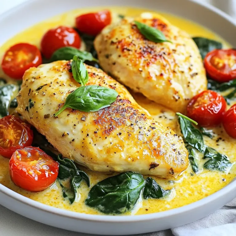 Here are the ingredients you need for Creamy Tuscan Chicken Skillet. They are simple and easy to find. - 4 boneless skinless chicken breasts - 2 tablespoons olive oil - 3 cloves garlic, minced - 1 cup cherry tomatoes, halved - 2 cups fresh spinach - 1 cup heavy cream - 1/2 cup grated Parmesan cheese - 1 teaspoon Italian seasoning - Salt and pepper to taste - Fresh basil leaves for garnish Each ingredient plays a key role in making this dish special. The chicken gives it a hearty base. The garlic adds a nice aroma. Cherry tomatoes bring sweetness and color. Fresh spinach adds a pop of green and nutrition. Heavy cream makes the sauce rich and creamy. Parmesan cheese adds depth and saltiness. Italian seasoning ties all the flavors together. Salt and pepper enhance everything. Finally, fresh basil offers a lovely finish. Gather these ingredients, and you will be ready to create a delightful meal in just 30 minutes! {{ingredient_image_1}} - Seasoning the chicken Start with the chicken breasts. Sprinkle salt and pepper on both sides. This simple step adds flavor. - Cooking the chicken in the skillet Heat two tablespoons of olive oil in a large skillet over medium heat. Place the chicken in the skillet. Cook each side for 6-7 minutes. You want them golden brown and fully cooked. Once done, remove the chicken and set it aside on a plate. - Sautéing garlic and tomatoes In the same skillet, add the minced garlic. Sauté for about 30 seconds. You will smell the garlic aroma. Then, add one cup of halved cherry tomatoes. Cook for 2-3 minutes until they soften. - Adding spinach and cream Next, toss in two cups of fresh spinach. Stir until it wilts, which takes about 2 minutes. After that, pour in one cup of heavy cream. Bring it to a gentle simmer. - Mixing in Parmesan cheese Finally, stir in half a cup of grated Parmesan cheese. Add one teaspoon of Italian seasoning. Mix well until the cheese melts. This creates a rich, creamy sauce. - Returning chicken to the skillet Place the cooked chicken back into the skillet. Spoon the creamy sauce over the chicken. - Final adjustments and heating Let it simmer for 2-3 minutes to heat through. Taste the sauce and adjust seasoning with more salt or pepper if needed. Serve it hot, garnished with fresh basil leaves for extra flavor. To get juicy chicken, always start with fresh breasts. Season them well with salt and pepper. Use olive oil in a hot skillet. Cook each breast for 6-7 minutes on both sides. This creates a nice golden crust while keeping the inside moist. Let the chicken rest for a few minutes before slicing. This step helps keep the juices locked in. Fresh herbs can elevate the sauce's taste. I love using basil or parsley. Chop them finely and stir them in just before serving. This adds color and a fresh kick. For creaminess, adjust the amount of heavy cream. If you prefer a lighter sauce, add less cream. You can also blend in more Parmesan for a thicker feel. This dish pairs perfectly with pasta or rice. The creamy sauce clings to both, making every bite delightful. You can also serve it with a side of garlic bread for extra flavor. For garnish, sprinkle fresh basil leaves on top. It adds a lovely aroma and a pop of green. Enjoy your meal! Pro Tips Use a Meat Thermometer: Ensure chicken is cooked perfectly by checking it reaches an internal temperature of 165°F (75°C). Enhance the Flavor: Marinate the chicken for a few hours in olive oil, lemon juice, and herbs for extra flavor. Opt for Fresh Ingredients: Using fresh spinach and ripe cherry tomatoes will elevate the taste and texture of the dish. Adjust Cream Consistency: If the sauce is too thick, add a splash of chicken broth or pasta water to reach your desired consistency. {{image_2}} You can swap chicken for many other proteins. Try using turkey breasts or pork chops. Each option brings its own taste. For a vegan or vegetarian dish, use tofu or tempeh. They will soak up the sauce and still taste great. To kick up the flavor, add sun-dried tomatoes. They add a nice tangy kick. You could also toss in some olives for a briny twist. Different cheeses work well too! Substitute Parmesan with feta or goat cheese for a unique taste. You can bake this dish in the oven. Just place everything in a baking dish and bake at 375°F for about 25 minutes. A slow cooker works too! Combine the chicken, veggies, and sauce, then cook on low for 4-6 hours. It’s easy and perfect for busy days. To keep your creamy Tuscan chicken fresh, follow these tips: - Refrigeration: Place leftovers in an airtight container. Store in the fridge for up to 3 days. - Freezing: For longer storage, freeze the chicken. Use a freezer-safe container or bag. It can last up to 3 months in the freezer. Reheating your creamy chicken is easy. Here’s how: - Stovetop Method: Place the chicken in a skillet over low heat. Add a splash of cream to keep it moist. Heat for about 5-7 minutes. - Microwave Method: Use a microwave-safe dish. Cover it and heat for 2-3 minutes. Stir halfway through to ensure even heating. Always check that the chicken reaches an internal temperature of 165°F for safety. Enjoy your meal! The chicken is done when it reaches an internal temperature of 165°F. You can use a meat thermometer for accuracy. Cut into the thickest part. The meat should be white, not pink. If it looks golden brown outside and firm, it is likely done. Always check to ensure safety. You can use milk, but the dish will be less creamy. Heavy cream gives a rich texture and flavor. If you use milk, consider adding a bit of flour or cornstarch to thicken it. You may also want to use half-and-half as a middle ground. This gives you some creaminess without needing heavy cream. Leftovers can last for about 3 to 4 days in the fridge. Store them in an airtight container to keep them fresh. Make sure they cool down before sealing. If you want to keep them longer, freezing is a good option. Yes, this recipe can be made in advance. Cook the chicken and sauce, then store them separately. When ready to eat, just reheat the chicken and sauce together. This makes it easy to enjoy a quick meal on busy nights. This blog post covered a creamy chicken dish that is both simple and tasty. We discussed the key ingredients, step-by-step instructions, and helpful tips to enhance flavor. You can explore variations to fit your diet and preferences. Remember to store any leftovers properly to enjoy them later. Overall, this dish offers a quick and satisfying meal for any occasion. With these easy steps, you’ll impress family and friends at the dinner table. Enjoy cooking!