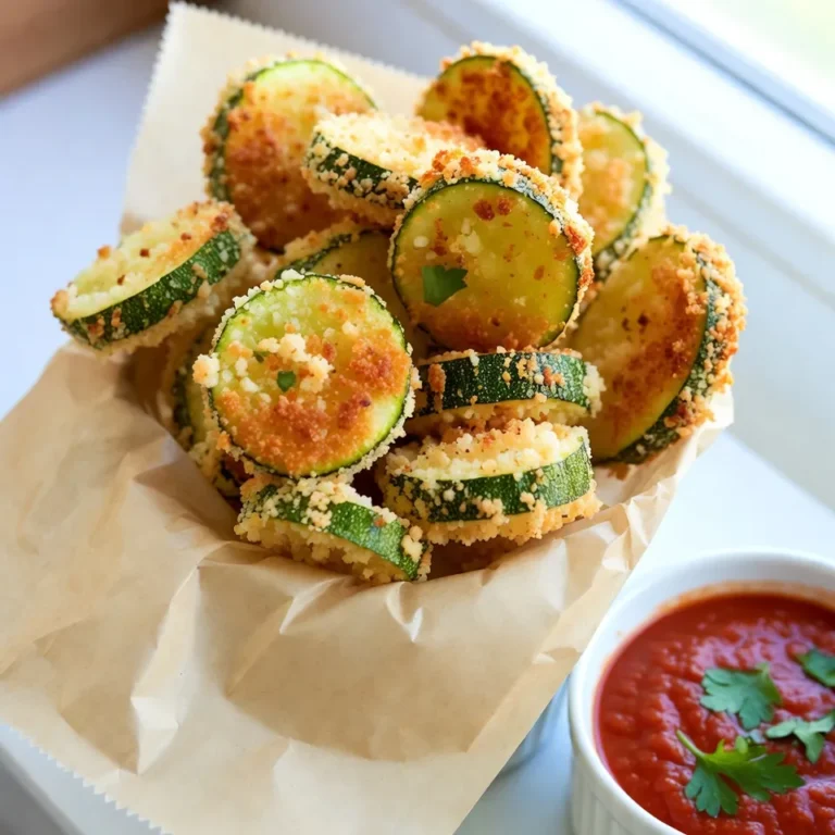To make crispy Parmesan zucchini fries, gather these ingredients: - 2 medium zucchini, cut into fry shapes - 1 cup breadcrumbs (preferably panko for extra crunch) - 1/2 cup grated Parmesan cheese - 2 large eggs - 1 teaspoon garlic powder - 1 teaspoon onion powder - 1/2 teaspoon Italian seasoning - Salt and pepper, to taste - Olive oil spray (or regular olive oil for drizzling) Choosing the right zucchini is key. Look for firm, bright green zucchini without soft spots. Medium-sized zucchini work best. They have good moisture and flavor. Panko breadcrumbs are ideal for a crunchier texture, but regular ones work too. Fresh Parmesan cheese adds a rich taste. Grate it yourself for the best flavor. Get creative with flavors by adding more spices. Consider smoked paprika for a smoky kick or cayenne pepper for heat. You can also toss in fresh herbs like basil or oregano for a burst of freshness. For a cheesy twist, mix in some mozzarella cheese with the Parmesan for extra gooeyness. {{ingredient_image_1}} Start by washing the zucchini well. You want to remove any dirt. Next, slice the zucchini into fry shapes. Aim for sticks about 1/4 inch thick. This size helps them cook evenly. Keep the skin on for extra nutrients and flavor. In a shallow bowl, mix the breadcrumbs and cheese. Use 1 cup of breadcrumbs and 1/2 cup of grated Parmesan. Add 1 teaspoon each of garlic powder and onion powder. Toss in 1/2 teaspoon of Italian seasoning. Season with salt and pepper to taste. Make sure this mix is well combined. In another bowl, crack 2 large eggs. Whisk them until they blend well. Take each zucchini fry and dip it into the egg. Ensure it's coated fully. Then, dredge it in the breadcrumb mixture. Press gently to make sure it sticks. Place the coated fries on a baking sheet. Keep them in a single layer and avoid touching. Preheat your oven to 425°F (220°C). Line your baking sheet with parchment paper. This helps prevent sticking. Lightly spray or drizzle the tops of the fries with olive oil. This step boosts crispiness. Bake the fries for 20-25 minutes. Flip them halfway through for even cooking. They should be golden brown and crispy when done. Let them cool slightly before serving. To get your zucchini fries super crispy, use panko breadcrumbs. They add great crunch. Make sure to coat each fry well with the egg and breadcrumb mix. This helps form a nice crust. Another trick is to space the fries on the baking sheet. This ensures even cooking and crispiness. Lightly spray or drizzle olive oil on top before baking for extra crunch. One common mistake is overcrowding the baking sheet. If the fries touch, they steam instead of crisp. Make sure to flip the fries halfway through baking for even browning. Also, don’t skip the seasoning. Salt and pepper are key! If you forget to season, your fries will taste bland. Lastly, be careful with the oven temperature. If it’s too low, the fries won't get crispy. Serve your crispy zucchini fries in a tall basket lined with parchment paper. This looks great and keeps them warm. Pair them with marinara sauce or garlic aioli for dipping; these add flavor and fun! You can also garnish with fresh parsley for a pop of color. If you want a full meal, serve with grilled chicken or a fresh salad. Enjoying these fries with friends makes for a perfect snack or appetizer! Pro Tips Choose the Right Zucchini: Select medium-sized zucchinis that are firm and free of blemishes for the best texture and flavor. Double-Dip for Extra Crunch: For an even crunchier finish, consider double-dipping the zucchini fries in the egg and breadcrumb mixture. Use Parchment Paper: Lining your baking sheet with parchment paper prevents sticking and makes cleanup a breeze. Experiment with Seasonings: Don’t hesitate to customize the seasoning mix with your favorite herbs and spices for a unique flavor profile. {{image_2}} You can easily make these zucchini fries gluten-free. Use gluten-free breadcrumbs instead of regular ones. There are many brands that offer gluten-free panko. This swap keeps the fries crunchy and tasty. Check the labels to ensure they fit your needs. Want to add a twist to your fries? You can mix in different spices or herbs. Try adding smoked paprika for a smoky kick. If you like heat, add some cayenne pepper. Fresh herbs like basil or oregano can also make them pop. Just remember to keep the balance. You don’t want one flavor to overpower the others. An air fryer is a great way to make these fries extra crispy. Preheat your air fryer to 400°F (200°C). Place the coated zucchini fries in a single layer in the basket. Cook them for about 10-12 minutes. Shake the basket halfway through for even cooking. Keep an eye on them, as they can brown quickly! Enjoy that crunch without the extra oil. To keep your leftover zucchini fries fresh, place them in an airtight container. Make sure they cool down before sealing. If you have a lot, use a larger container. Storing them this way helps keep some of their crunch. They can last in the fridge for about 2 to 3 days. When you want to enjoy your leftovers, the oven is best. Preheat your oven to 375°F (190°C). Place the fries on a baking sheet in a single layer. Bake them for about 10 minutes. This helps restore their crispiness. You can also use an air fryer for even quicker results. Heat them at 350°F (175°C) for about 5 minutes. If you want to keep zucchini fries for a longer time, freezing is a great option. First, let them cool completely. Then, arrange them in a single layer on a baking sheet. Freeze them for about 1 hour. Once they are firm, transfer them to a freezer bag. Label the bag with the date. They can last up to 3 months in the freezer. To cook from frozen, bake them directly without thawing. Adjust the cooking time to about 25-30 minutes. To keep zucchini fries crispy, follow these tips: - Salt the zucchini: Sprinkle salt on the cut fries. Let them sit for 15 minutes. This draws out moisture. - Pat dry: Use a paper towel to dry the zucchini. This step helps remove excess water. - Use panko: Panko breadcrumbs create a crunchier texture than regular ones. Yes, you can use regular breadcrumbs. However, panko gives a better crunch. If you use regular ones, watch the baking time. They may brown faster than panko. Crispy zucchini fries last about 2-3 days in the fridge. Store them in an airtight container. They might lose some crispiness over time. You can prepare the zucchini fries ahead of time. Coat them and place them on a baking sheet. Cover and refrigerate for a few hours. Bake them when you are ready to serve. Zucchini fries taste great with various dips. Here are some favorites: - Marinara sauce - Garlic aioli - Ranch dressing - Spicy ketchup Try different dips to find your favorite! In this blog post, I covered how to make tasty zucchini fries. We explored the best ingredients, from zucchini to breadcrumbs, and discussed ways to enhance flavors. I shared step-by-step instructions, tips for crispiness, and common mistakes to avoid. You learned about fun variations and how to store leftovers. Keep these tips in mind for a great snack. Enjoy your cooking, and don't hesitate to try new ideas!