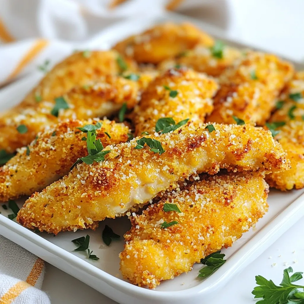 - 1 lb chicken tenders - 1 cup grated Parmesan cheese - 1 cup breadcrumbs (preferably panko for extra crunch) - 2 large eggs - 1 teaspoon garlic powder - 1 teaspoon onion powder - 1 teaspoon dried Italian herbs (oregano, basil, thyme) - Salt and pepper to taste - Olive oil spray To make Air Fryer Parmesan Crusted Chicken Tenders, you need a few simple items. Start with fresh chicken tenders. They are tender and cook quickly. You also want grated Parmesan cheese for a nice, cheesy flavor. Panko breadcrumbs give a great crunch, which is essential for a good crust. You will need two large eggs to help the breading stick to the chicken. Flavor comes from garlic powder, onion powder, and dried Italian herbs. Don’t forget to add salt and pepper to taste. Finally, an olive oil spray helps the tenders crisp up in the air fryer. Gather these ingredients, and you are ready to make a tasty meal! {{ingredient_image_1}} Set your air fryer to 400°F (200°C). Preheat it for about 5 minutes. This step helps the chicken cook evenly. You will need three shallow dishes for this. In the first dish, place 1 cup of grated Parmesan cheese. In the second dish, mix 1 cup of breadcrumbs with 1 teaspoon of garlic powder, 1 teaspoon of onion powder, 1 teaspoon of dried Italian herbs, salt, and pepper. In the third dish, whisk 2 large eggs until smooth. Take each chicken tender. First, dip it in the grated Parmesan cheese. Make sure it is coated well. Next, dip it into the egg mixture, letting any extra egg drip off. Finally, coat it in the seasoned breadcrumbs. Press gently to help the crumbs stick. Lay the breaded chicken tenders in a single layer in the air fryer basket. It is important not to overcrowd them. If needed, work in batches for even cooking. Lightly spray the tops of the chicken tenders with olive oil. This helps them become golden and crispy as they cook. Air fry the chicken tenders at 400°F (200°C) for 10-12 minutes. Flip them halfway through cooking. This ensures they brown evenly. The chicken should reach an internal temperature of 165°F (75°C). Once cooked, carefully remove the chicken tenders from the air fryer. Let them rest for a couple of minutes. Serve them on a platter with your favorite dipping sauces, like marinara or ranch. Garnish with fresh parsley for a nice touch. To get that perfect crispy bite, start with the right cooking time. I recommend air frying at 400°F for about 10-12 minutes. If you want extra crunch, use a light spray of olive oil. This helps the breading turn golden brown. Don't skip this step! It makes a big difference. For extra flavor, try marinating your chicken tenders. You can use simple options like buttermilk or a mix of olive oil and lemon juice. Let the chicken soak for at least 30 minutes. This adds moisture and taste. It’s a great way to make your tenders even better. To prevent sogginess, ensure your chicken tenders are not crowded in the air fryer. Leave space around each piece. This allows hot air to circulate. Also, remember to flip the tenders halfway through cooking. This helps them cook evenly and stay crispy. Always check the internal temperature. It should reach 165°F for safety. Pro Tips Use Fresh Ingredients: Always opt for fresh chicken tenders for the best flavor and texture. Seasoning is Key: Don’t skip on seasoning the breadcrumbs; it enhances the overall taste of the chicken. Check for Doneness: Use a meat thermometer to ensure chicken reaches an internal temperature of 165°F (75°C). Let Them Rest: Allow the chicken to rest for a few minutes after cooking for juicier tenders. {{image_2}} You can change up the flavor of your chicken tenders. Try using different herbs. Here are some ideas: - Fresh Basil: Add a sweet, peppery taste. - Thyme: This brings a warm, earthy note. - Rosemary: It adds a strong, pine-like flavor. Mix and match these herbs with your breadcrumbs. It gives your dish a fresh twist. If you like heat, make a spicy version. You can add cayenne pepper or red pepper flakes. Here’s how: - Cayenne Pepper: Start with a pinch. Increase as you like. - Chili Powder: It adds a smoky flavor. Mix these spices into your breadcrumb blend. You can also serve with hot sauce for extra kick. For a gluten-free meal, swap out regular breadcrumbs. Here are some easy substitutes: - Almond Flour: It keeps the crunch and is low-carb. - Rice Flour: This works well, too, and has a light texture. Make sure all your spices and cheese are gluten-free. This way, everyone can enjoy the meal! To keep your chicken tenders fresh, store them in the fridge. Place them in an airtight container. Make sure they cool down first. They will last for up to three days. If you want to keep them longer, freezing is a great option. For the best results, reheat your chicken tenders in the air fryer. Set it to 350°F (175°C). Heat for about 5-7 minutes. This keeps them crispy. You can also use a conventional oven. Just place them on a baking sheet and heat at the same temperature. Avoid using a microwave, as it can make them soggy. To freeze, let the chicken tenders cool completely. Wrap them tightly in plastic wrap or aluminum foil. Place them in a freezer-safe bag. They can be stored for up to three months. When ready to eat, thaw them in the fridge overnight before reheating. Yes, you can use frozen chicken tenders. However, cooking time will change. When using frozen, add about 5 minutes to your cooking time. Make sure to check that the chicken reaches 165°F. This way, you ensure safety and taste. Fresh chicken tends to cook more evenly. But frozen is a great option for quick meals. For fresh chicken tenders, cook them for 10-12 minutes at 400°F. If they are thicker, check for doneness at 12 minutes. Always flip them halfway through. This helps make them crispy all around. For frozen tenders, cook for 15-17 minutes. Adjust based on size and thickness. You can serve these tenders with many sides. Here are a few ideas: - Fresh garden salad - Steamed broccoli or green beans - Crispy French fries or sweet potato fries - Garlic mashed potatoes - Dipping sauces like marinara or ranch These pair well with the crunchy texture of the tenders. Yes, you can bake them! Preheat your oven to 425°F. Place the breaded chicken on a baking sheet lined with parchment paper. Bake for 20-25 minutes. Turn them halfway for even cooking. Check to ensure they reach 165°F. Baking gives a different texture but still tastes great! In this article, we covered how to make delicious Parmesan crusted chicken tenders in an air fryer. You learned about the key ingredients, step-by-step cooking instructions, and tips for perfect crispiness. We also shared variations, storage info, and common questions. Try these methods for a fun and tasty meal. With simple steps and great flavors, you can impress anyone. Enjoy your crispy chicken tenders!