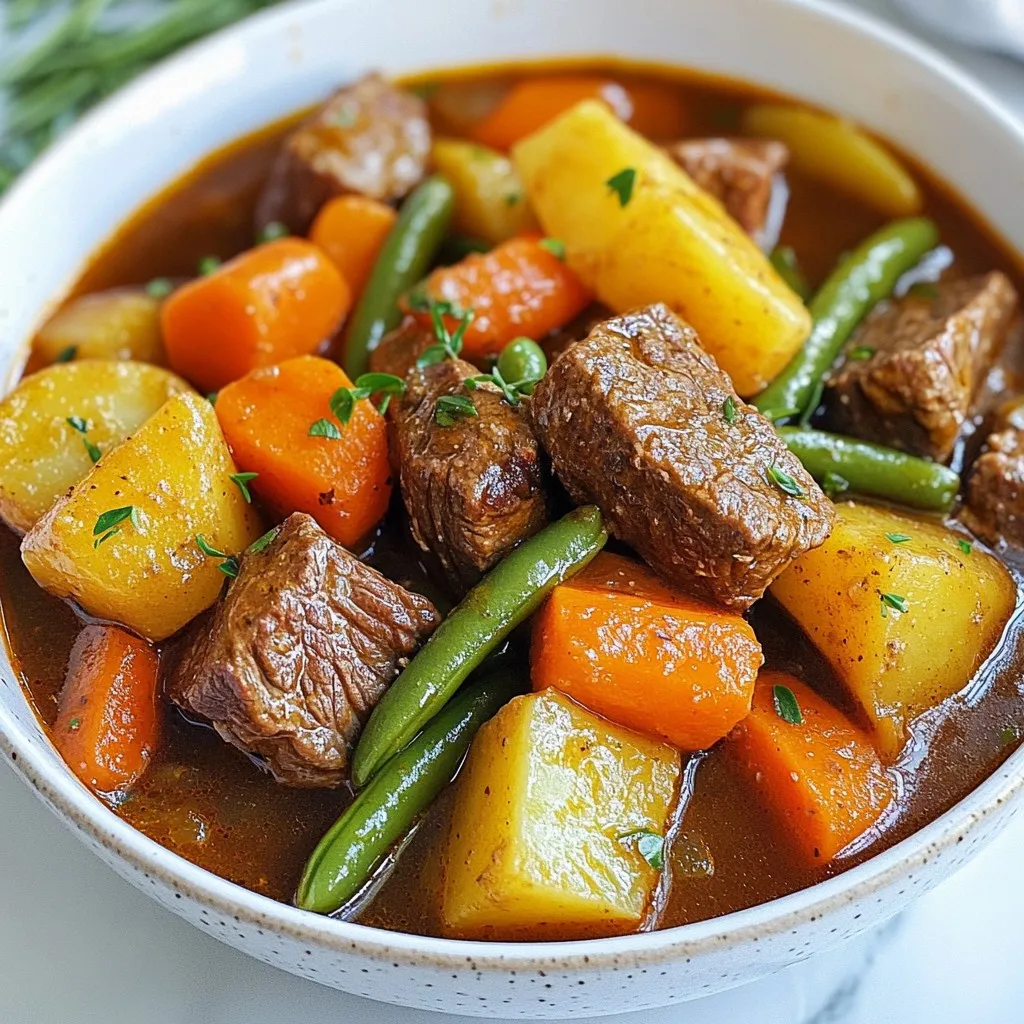 - 2 lbs beef chuck, cut into 1-inch cubes - 1 large onion, diced - 3 cloves garlic, minced - 3 medium carrots, sliced - 2 medium potatoes, cubed - 1 cup green beans, trimmed and cut into 1-inch pieces - 4 cups beef broth - 2 tablespoons tomato paste - 2 tablespoons olive oil - 1 teaspoon smoked paprika - 1 teaspoon dried thyme - 1 teaspoon ground cumin - Salt and pepper to taste - 1 bay leaf - 1 tablespoon Worcestershire sauce The main ingredients for this beef stew create a rich and hearty meal. The beef chuck provides a tender texture when cooked. The vegetables add color and nutrition. Onions and garlic bring depth to the flavor. The beef broth acts as the base for the stew, while the spices enhance the taste, making every bite delicious. - Additional vegetables like mushrooms or peas - Fresh herbs such as parsley or rosemary - Spices like cayenne pepper or Italian seasoning You can add extra veggies or herbs to make the stew your own. Mushrooms bring an earthy taste. Peas add sweetness. Fresh herbs can brighten the dish. If you like heat, add cayenne pepper. This flexibility allows you to customize your stew based on what you have at home or what you enjoy. {{ingredient_image_1}} - Searing the beef: Start by setting your Instant Pot to the sauté function. Add 2 tablespoons of olive oil and let it heat for one minute. Next, add 2 pounds of beef chuck, cut into 1-inch cubes. Sear the beef until it is browned on all sides. This should take about 5 to 7 minutes. A good sear adds flavor to the stew. - Setting aside: Once the beef is well-browned, remove it from the pot and set it aside. This step helps keep the beef tender. - Sautéing onions: In the same pot, add the diced onion. Cook for 3 to 4 minutes until it softens. The onion adds a sweet flavor to the dish. - Adding garlic: Stir in 3 minced garlic cloves and cook for an additional 30 seconds. This will make your kitchen smell amazing. - Incorporating tomato paste and spices: Add 2 tablespoons of tomato paste, 1 teaspoon of smoked paprika, 1 teaspoon of dried thyme, and 1 teaspoon of ground cumin. These ingredients build a rich flavor base. - Coating ingredients: Stir well to coat the onions and garlic evenly. Cook for one more minute to let the spices bloom. - Adding vegetables and broth: Return the browned beef to the pot. Add 3 sliced carrots, 2 cubed potatoes, and 1 cup of green beans that are trimmed and cut. Then pour in 4 cups of beef broth. - Seasoning the mixture: Add 1 tablespoon of Worcestershire sauce, and toss in a bay leaf. Season with salt and pepper to taste, mixing everything well. - Instant Pot settings: Close the lid of the Instant Pot. Make sure the steam release valve is set to sealing. Set it to high pressure for 35 minutes. - Natural and quick release: After cooking, allow a natural release for 10 minutes. Then switch to a quick release for any remaining pressure. - Adjusting seasonings: Open the lid and taste the stew. Adjust the seasonings if needed. This step ensures each bite is packed with flavor. - Garnishing: Serve the stew hot. Garnish with fresh parsley if desired for a touch of color and freshness. Thickening the stew If your stew is too thin, you can thicken it easily. First, mix one tablespoon of cornstarch with two tablespoons of cold water. Stir this into the hot stew. Cook for a few more minutes to help it thicken. Another method is to mash some of the potatoes in the stew. This adds body and helps thicken it naturally. Avoiding overcooking To avoid overcooking, keep an eye on the time. The Instant Pot cooks food quickly. Set the timer for 35 minutes on high pressure. After cooking, wait for 10 minutes before releasing the pressure. This natural release helps keep the meat tender. If you cook too long, the beef may become dry. Recommended seasoning adjustments Taste your stew before serving. If it needs more flavor, add a pinch of salt or a dash of Worcestershire sauce. You can also add fresh herbs like parsley or thyme at the end. These herbs brighten the dish and add freshness. Marinating beef For extra flavor, marinate the beef before cooking. Use a simple mix of olive oil, garlic, and spices. Let the beef sit for at least an hour, or overnight if possible. This step adds depth to the flavor and makes the beef more tasty. Common troubleshooting tips If the Instant Pot does not reach pressure, check the sealing ring. It must be in place and free of debris. If your stew burns on the bottom, add more liquid next time. Always scrape the bottom well after sautéing. Safety tips for pressure cooking Always ensure the steam release valve is set to sealing before cooking. When the cooking time is up, wait for the natural release. This prevents hot steam from escaping suddenly. Use a long utensil when moving the steam release valve to avoid burns. Pro Tips Choose the Right Cut: Using beef chuck is ideal for stews as it becomes tender during cooking. Avoid lean cuts as they may dry out. Layer Flavors: Searing the beef and sautéing the aromatics first enhances the overall flavor of the stew significantly. Vegetable Variations: Feel free to add other vegetables like peas or parsnips for added flavor and nutrition. Thickening the Stew: If you prefer a thicker stew, mix a tablespoon of cornstarch with cold water and stir it in during the last few minutes of cooking. {{image_2}} You can use different cuts of beef in this stew. Chuck is great, but brisket or round also work well. Each cut offers a unique taste and texture. If you want a vegetarian option, try using mushrooms or lentils. Mushrooms add a rich umami flavor. Lentils give you protein and a nice texture. Both options make the stew hearty and filling. Adding wine or beer can change the flavor. Red wine boosts richness, while beer adds depth. Just a cup enhances the stew’s taste. You can also play with herbs. Fresh rosemary or parsley brightens the dish. Thyme and bay leaves deepen the flavor. Feel free to mix and match your favorites. I love serving beef stew with crusty bread. It soaks up the sauce perfectly. Mashed potatoes are another great side. They add creaminess to each bite. For garnishing, fresh parsley is my go-to. It adds a pop of color and freshness. You could also sprinkle some grated cheese on top for extra flavor. After you enjoy this stew, let it cool first. This step helps keep it fresh. Pack the stew in airtight containers. Glass or plastic containers work well. Make sure to leave some space at the top. This space allows for expansion if you freeze it. To freeze beef stew, let it cool completely. Then, pour it into freezer bags or containers. Remove as much air as you can from bags. This keeps the stew from getting freezer burn. For best taste, eat the frozen stew within three months. When you are ready to eat, thaw it in the fridge overnight. Reheat it in the microwave or on the stove. Stir it well to heat evenly. For best freshness, eat leftover stew within three to four days. Always store it in the fridge, covered. Check for spoilage by looking for off smells or changes in color. If the stew smells sour or looks different, throw it away. This keeps you safe and healthy. The total time for Instant Pot beef stew is about one hour. This includes 15 minutes for prep and 35 minutes for cooking. After cooking, let it rest for 10 minutes before serving. The Instant Pot speeds things up, making this dish quick and easy. You can use frozen beef, but it will change the cooking time. If you use frozen chunks, add about 10 more minutes to the cook time. Ensure the beef is cut into smaller pieces for even cooking. It will still be tasty and tender. If your stew is too salty, don’t worry. You can fix it easily. Add more broth or water to dilute the saltiness. If you want, add diced potatoes or carrots. They soak up some salt while cooking. Taste as you go to find the right balance. Yes, you can double the recipe. Just keep the cooking time the same. Make sure not to fill the pot beyond the max fill line. This way, your stew will cook evenly and taste great. To thicken your stew, try these methods. First, mash some of the potatoes in the stew. This will add creaminess. Another way is to mix a tablespoon of cornstarch with water. Stir this mixture into the stew and let it cook for a few more minutes. In this blog post, we explored how to make a delicious beef stew in an Instant Pot. We covered main ingredients like beef chuck, vegetables, and seasonings. You learned about optional add-ins for extra flavor. The step-by-step guide included tips for prepping, cooking, and storing your stew. Remember, experimenting with flavors and ingredients can make your stew unique. Enjoy the cooking process, and don't forget to savor every bite! This hearty dish is not just a meal but also a chance to create memories.