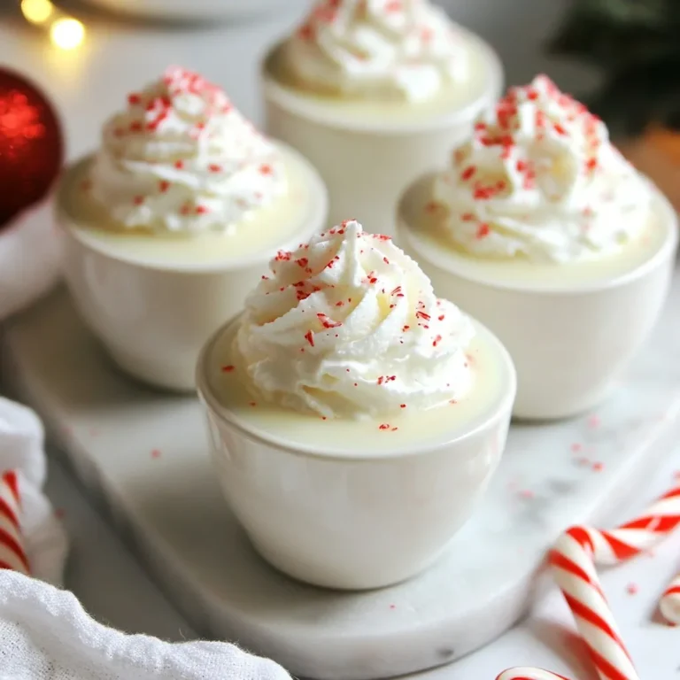 - 1 cup coconut milk - 1/2 cup peppermint syrup - 1/4 cup crushed candy canes (plus extra for garnish) - 1/2 teaspoon vanilla extract - 1 tablespoon cornstarch - 1/4 teaspoon peppermint extract (optional) - Whipped cream for topping To make the perfect peppermint Christmas shots, gather your ingredients. Coconut milk gives a rich, creamy base. Peppermint syrup adds that sweet minty flavor. Crushed candy canes bring a fun crunch and festive look. Vanilla extract adds warmth to the mix. Cornstarch helps thicken the shots nicely. You can add a bit of peppermint extract for extra minty goodness. Finally, whipped cream makes these shots look and taste amazing. These ingredients are easy to find. You can use regular or sugar-free peppermint syrup if you're watching your sugar. Feel free to adjust the amount of crushed candy canes to your taste. You can even switch the coconut milk for almond or oat milk if you prefer. Make sure to prepare everything before you start cooking. Having your ingredients ready makes the process smooth and fun. These shots are a great treat for holiday parties or cozy nights in. Enjoy the sweet and minty flavors with family and friends. {{ingredient_image_1}} - Combine coconut milk and syrups: Start by pouring 1 cup of coconut milk into a medium saucepan. Add 1/2 cup of peppermint syrup and 1/2 teaspoon of vanilla extract. If you want more minty flavor, add 1/4 teaspoon of peppermint extract. Heat this mixture over medium heat until it’s warm. Stir it often to mix well. - Create cornstarch slurry: In a small bowl, mix 1 tablespoon of cornstarch with 2 tablespoons of cold water. Stir until there are no lumps. This will help thicken your shots. - Thicken the mixture: Once the coconut mixture is warm, slowly pour in the cornstarch slurry. Whisk it in as you add it. Keep cooking this on medium heat while stirring. After about 3-5 minutes, it should start to thicken. - Add crushed candy canes: Take the saucepan off the heat. Let the mixture cool for a few minutes. Then, stir in 1/4 cup of crushed candy canes. This adds a fun crunch and peppermint flavor. - Pour into shot glasses: Carefully pour the thickened mixture into small shot glasses. Fill them about three-quarters full. This ensures you have room for toppings later. - Chill and garnish: Place the shot glasses in the refrigerator. Chill them for at least 1 hour or until they set. Before serving, add a dollop of whipped cream on top of each shot. Sprinkle extra crushed candy canes for a festive touch. These peppermint Christmas shots are sure to bring joy to your holiday gatherings! To achieve the ideal consistency in your peppermint shots, you must use cornstarch. First, mix the cornstarch with cold water to make a slurry. This helps thicken your mixture without lumps. When you add the slurry to the warm coconut milk, whisk it well. Keep stirring on medium heat until it thickens. This process takes about 3-5 minutes. Chilling time is very important for these shots. After you pour the mixture into shot glasses, place them in the fridge for at least 1 hour. This helps the shots set and makes them easier to eat. If you skip this step, your shots may be too runny. Choosing the right glassware also matters. Small shot glasses work best for this recipe. They hold the perfect amount and look festive. You can use clear glass to show off the pretty layers. This makes your peppermint shots even more inviting. Pro Tips Use Full-Fat Coconut Milk: For a creamier texture and richer flavor, opt for full-fat coconut milk instead of light coconut milk. Chill the Shot Glasses: For an extra refreshing experience, chill your shot glasses in the freezer for about 15 minutes before pouring in the mixture. Customize Your Garnish: Feel free to experiment with different garnishes such as chocolate shavings or crushed nuts for added texture and flavor. Adjust Sweetness: Taste the mixture before chilling and adjust the sweetness by adding more peppermint syrup if desired. {{image_2}} You can have fun with peppermint Christmas shots by mixing in new flavors. Here are some ideas to get you started: - Adding chocolate for a peppermint mocha shot: Mix in chocolate syrup to your coconut milk. This makes a rich mocha flavor. You can also use cocoa powder for a deeper taste. The mix of peppermint and chocolate tastes great together. - Using different types of milk: If you want a different base, try almond or oat milk. Almond milk adds a nutty flavor, while oat milk gives it a creamy texture. Both options are dairy-free and tasty. This way, you can enjoy your shots even if you are lactose intolerant. - Non-alcoholic versus alcoholic versions: You can keep it festive and fun with or without alcohol. For a non-alcoholic shot, stick to the original recipe. If you want a kick, add a splash of peppermint schnapps or vodka. This gives your shot a nice warmth and extra flavor. These variations let you explore different flavors while having fun. Each combination can change your peppermint shot experience. Try them out and see what you like best! To keep your peppermint Christmas shots fresh, store any leftovers in the fridge. Use an airtight container to avoid any odors. This method keeps the shots tasty and ready to enjoy later. You can keep the shots for up to three days. After that, the flavors may fade. The whipped cream can lose its texture, so add it fresh when serving. Reheating is not needed for these shots. They are best served cold. If you want a warm treat, consider making a new batch. The peppermint flavor is best when fresh and chilled. Can I use sugar-free peppermint syrup? Yes, you can use sugar-free peppermint syrup. It will still give you that great mint flavor without the extra sugar. Just make sure to check the taste, as some sugar-free syrups may have a different sweetness level. How long can I make these shots in advance? You can make these shots up to two days in advance. Just store them in the fridge in a sealed container. They will keep well and be ready for your festive party! What can I serve with peppermint shots for a festive party? These peppermint shots pair well with holiday cookies and cakes. You can also serve them with hot cocoa or coffee for a fun drink mix. Think about adding some festive snacks like cheese and crackers for balance. Are there gluten-free options for these shots? Yes, all the ingredients in this recipe are naturally gluten-free. Just be sure to check any store-bought ingredients like peppermint syrup and whipped cream to confirm they are gluten-free. Enjoy your festive treat worry-free! You now know how to create delicious Peppermint Christmas Shots. We covered the key ingredients, preparation steps, and tips to perfect your shots. You can spice them up with variations like peppermint mocha. Storing extras is easy if you follow the best practices. These festive treats will impress your friends at any gathering. Enjoy making and sharing them this holiday season!