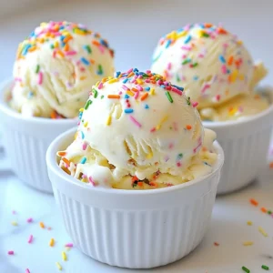 To make Funfetti Birthday Cake Ice Cream, you need the following ingredients: - 2 cups heavy cream - 1 cup whole milk - 3/4 cup granulated sugar - 1 tablespoon vanilla extract - 1/2 cup rainbow sprinkles - 1 cup crumbled birthday cake (store-bought or homemade) - A pinch of salt These ingredients create a rich and creamy base. The heavy cream adds thickness, while the whole milk balances the sweetness. The sugar gives that delightful sweetness we all love. Vanilla extract adds flavor, and the sprinkles bring a fun touch. You can make this ice cream even better by trying some optional ingredients: - Use flavored extracts like almond or butter for variety. - Substitute coconut milk for a dairy-free option. - Swap granulated sugar for brown sugar for a deeper flavor. These changes can add new tastes. Feel free to mix and match! Using quality ingredients is key for the best ice cream. Fresh heavy cream and milk create a smooth texture. Good sugar dissolves well, ensuring sweetness throughout. High-quality vanilla extract makes a big difference in flavor. Fresh cake makes sure you taste the love in every scoop. Always choose the best for a treat that shines! {{ingredient_image_1}} First, grab a large mixing bowl. You will need 2 cups of heavy cream and 1 cup of whole milk. Add 3/4 cup of granulated sugar and 1 tablespoon of vanilla extract. Don't forget a pinch of salt! Whisk these ingredients well. Make sure the sugar dissolves completely. This step builds a rich and creamy base for your ice cream. Now, pour the mixture into your ice cream maker. Follow your machine&rsquo;s instructions for churning. It usually takes about 20 to 25 minutes. When it gets thick, it&rsquo;s time to mix in some fun! In the last 5 minutes, add 1/2 cup of rainbow sprinkles and 1 cup of crumbled birthday cake. This adds color and flavor. Mix them gently to spread everything evenly. Once you have that soft-serve texture, transfer the ice cream to an airtight container. Freeze it for at least 4 hours. This will give it a nice, firm texture. When serving, let it sit at room temperature for 5 to 10 minutes. This makes scooping easier. For a fun touch, serve it in colorful bowls or cones. Top with extra sprinkles and a slice of birthday cake for a festive look! To get that perfect texture, you need to churn the ice cream well. Use an ice cream maker and follow its instructions. Churn for about 20-25 minutes. This helps the mixture become light and fluffy. After churning, freeze it in an airtight container. Let it sit for at least 4 hours. This step makes the ice cream firm yet creamy. If it&rsquo;s too hard, let it sit out for 5-10 minutes before scooping. You can make this ice cream even better with some fun tweaks. Add a splash of almond extract for a nutty flavor. Mix in some chocolate chips for a sweet crunch. You can also add more sprinkles for extra color. For a fruity twist, try adding crushed strawberries or cherries. These additions can make your ice cream unique and delightful. Watch out for some common pitfalls. First, make sure your mixing bowl is cold. A warm bowl can ruin the ice cream's texture. Second, avoid overchurning. If you churn too long, the ice cream can become icy. Lastly, don&rsquo;t add the sprinkles and cake too early. Add them in the last few minutes of churning to keep them from breaking down. Following these tips will help you create the best Funfetti Birthday Cake Ice Cream! Pro Tips Chill Your Machine: Ensure your ice cream maker bowl is thoroughly chilled before use for the best texture. Use Quality Ingredients: Opt for high-quality vanilla extract and fresh ingredients to enhance the flavor of your ice cream. Customize Your Sprinkles: Feel free to experiment with different types of sprinkles or mix-ins to suit your taste! Store Properly: For the best texture, store the ice cream in an airtight container to prevent ice crystals from forming. {{image_2}} You can switch up the cake flavor for funfetti birthday cake ice cream. Here are some great options: - Chocolate cake - Vanilla bean cake - Lemon cake - Red velvet cake Each cake adds a new twist to your ice cream. For example, chocolate cake gives a rich taste. Lemon cake adds a bright zing. You can mix and match flavors with the same sprinkles for a fun look. If you want a non-dairy treat, you can still enjoy this ice cream. Use these ingredients for a tasty swap: - Coconut cream instead of heavy cream - Almond milk or oat milk for whole milk - A sugar substitute if needed These changes keep the creaminess while making it easier for those with dietary needs. The flavor stays delightful and sweet, just like the original! You can make funfetti birthday cake ice cream fit any season. Here are some ideas: - For spring, add pastel sprinkles and floral cake flavors. - In summer, use fruity cake like strawberry for a refreshing treat. - For fall, try pumpkin spice cake with warm spices. - In winter, add peppermint cake and red and green sprinkles. These themes add joy to your ice cream, making it perfect for any celebration! To keep your Funfetti Birthday Cake Ice Cream fresh, store it right. First, use an airtight container. This helps prevent ice crystals. It also keeps out strong smells from your freezer. Fill the container to the top to limit air exposure. I like to press a piece of plastic wrap directly on the ice cream. This extra layer helps it stay creamy and tasty. Ice cream can last a while in the freezer. It usually stays good for about two weeks. To keep it longer, freeze it at a steady temperature. The best spot is in the back of the freezer. Avoid opening the freezer too much. This can change the temperature. If you see any ice crystals, that means it&rsquo;s starting to lose quality. Scoop out any icy parts before serving to enjoy its smooth texture. Choose containers wisely for storage. Look for ones made of thick plastic or glass. These materials help keep the cold in. Avoid using flimsy containers, as they can break easily. If you want to reuse containers, make sure they are clean. Label your container with the date. This way, you will know when it was made. Enjoy your ice cream while it&rsquo;s fresh for the best taste! Yes, you can use store-bought cake! It saves time and still tastes great. Just crumble it into small pieces. The cake adds flavor and texture to the ice cream. Store-bought options fit perfectly into the funfetti vibe. Choosing a vanilla or funfetti cake will enhance the overall taste. The ice cream can last about two weeks in the freezer. To keep it fresh, store it in an airtight container. Make sure to scoop the ice cream with a clean spoon. This prevents ice crystals from forming. After two weeks, the flavor may fade, but it will still be safe to eat. Yes, you can make this ice cream without a machine! Just mix the ingredients in a bowl. Then, pour it into a container and freeze it. Stir the mixture every 30 minutes for about 3 hours. This helps it become creamy and smooth. You&rsquo;ll still enjoy a tasty treat! You&rsquo;ve learned how to make funfetti birthday cake ice cream from scratch. We covered key ingredients, preparation steps, and tips for success. Remember to choose quality ingredients for the best taste. Explore variations to make this treat your own. Store it properly to keep it fresh longer. With these tips, you can create a delicious dessert that everyone will love. Enjoy your ice cream making journey and share it with friends and family!