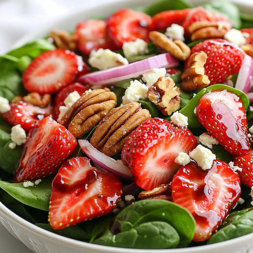 - Spinach: Use 4 cups of fresh spinach. Look for bright green leaves. Avoid any wilted or yellowed spinach for best taste. - Strawberries: Choose 2 cups of ripe strawberries. Look for shiny, deep red berries with no white spots. They should smell sweet and feel firm. - Red Onion: Use 1/4 of a red onion, thinly sliced. This onion adds a sharp flavor. It balances well with the sweet strawberries. - Pecans: Use 1/2 cup of pecans, toasted for best flavor. To toast, place them in a dry pan over medium heat. Stir them often until they smell nutty. This should take about 5 minutes. - Feta Cheese: You can add 1/4 cup of crumbled feta cheese if you like. It adds creaminess and saltiness. If you want a vegan option, skip the cheese or use a plant-based substitute. - Balsamic Vinegar: I recommend a good quality balsamic vinegar. The flavor can vary, so taste it first. Look for one that is rich and sweet. - Honey: Use 2 tablespoons of honey for sweetness. If you prefer, maple syrup or agave nectar can be good substitutes. - Olive Oil: Add 1 tablespoon of olive oil to the dressing. Extra virgin olive oil works best for its rich flavor. {{ingredient_image_1}} To make a great dressing, start with a small bowl. Combine 3 tablespoons of balsamic vinegar, 2 tablespoons of honey, and 1 tablespoon of olive oil. Use a whisk to blend these ingredients well. This technique helps mix the flavors evenly. For seasoning, add salt and pepper to taste. A pinch of salt enhances the sweetness of the honey and the tang of the vinegar. Adjust to your liking. Set the dressing aside while you prepare the salad. Next, grab a large mixing bowl. Add 4 cups of washed and torn fresh spinach. Then, pile in 2 cups of hulled and sliced strawberries. Toss in 1/2 cup of toasted pecans for crunch. Add 1/4 thinly sliced red onion for a zesty bite. If you like, sprinkle in 1/4 cup of crumbled feta cheese for creaminess. Mix the ingredients gently with a large spoon. This order helps the flavors meld together nicely. Now it’s time to dress the salad. Drizzle the dressing over the mixture. Using salad tongs or two large spoons, toss the salad gently. Be careful not to bruise the spinach or strawberries. For serving, transfer the salad to a bright serving dish or individual plates. To make it look lovely, garnish with extra sliced strawberries and a sprinkle of feta on top. Serve your salad chilled or at room temperature for the best taste. You can save time by preparing some ingredients in advance. Wash and tear the spinach a day before. Slice the strawberries and store them in the fridge. This keeps them fresh and ready to go. For the pecans, toast them ahead of time and let them cool. Store them in an airtight container. Always store the dressing separately. Mixing it with the salad too early can make it soggy. You can whisk the dressing and keep it in the fridge for a few days. Just give it a good shake before using it. To enhance flavors, try adding fresh herbs like basil or mint. These herbs bring a new twist to your salad. You can also sprinkle in some black pepper or a pinch of cumin for extra depth. Balancing sweetness and acidity is key. If the dressing is too sweet, add a splash more balsamic vinegar. This will brighten the dish and make it more refreshing. Using the right tools makes salad prep easier. A large mixing bowl works best for combining ingredients. Grab a salad spinner to wash and dry the spinach. For leftovers, choose glass containers with tight lids. This keeps the salad fresh. If you have leftover dressing, store it in a small jar. You can easily grab it for your next salad! Pro Tips Use Fresh Ingredients: Always opt for fresh spinach and ripe strawberries for the best flavor and texture in your salad. Toast Your Nuts: Toasting pecans enhances their flavor and adds a delightful crunch to the salad. Let It Rest: Allow the salad to sit for a few minutes after dressing to let the flavors meld together. Experiment with Dressings: Try adding citrus juices or herbs to the dressing for a different flavor profile. {{image_2}} You can change up the salad by adding different fruits. Here are some tasty options: - Blueberries: They add a nice pop of color and flavor. - Raspberries: These berries bring a tartness that works well. - Mandarin oranges: They add sweetness and a juicy bite. You can also swap out the pecans for other nuts. Consider these tasty alternatives: - Almonds: Sliced or slivered, they add a crunchy texture. - Walnuts: They offer a rich flavor that pairs nicely with the salad. You can make your own dressing for this salad. Try mixing these flavors: - Lemon juice: Use it instead of balsamic vinegar for a fresh taste. - Maple syrup: Swap honey for this for a different sweetness. If you prefer store-bought dressings, here are some good choices: - Honey mustard: It adds a tangy sweetness that complements the salad. - Raspberry vinaigrette: This dressing enhances the berry flavor. You can adapt this salad to fit different diets. For vegan options, replace these ingredients: - Honey: Use agave syrup or maple syrup. - Feta cheese: Try tofu or leave it out entirely. If you need gluten-free options, rest easy. All the ingredients are gluten-free. Just check any packaged items, like dressings, for gluten. Enjoy this fresh dish without worry! To store leftover salad, place it in an airtight container. This keeps it fresh and prevents sogginess. Use a container with a tight lid to block out air. Aim to eat the salad within 1-2 days for the best taste. If the salad is dressed, it may wilt faster. Consider storing the dressing separately to keep the greens crisp. Freezing this salad is not recommended. However, you can freeze individual ingredients. For example, you can freeze sliced strawberries. Wash and dry them first, then place them in a single layer on a baking sheet. Once frozen, transfer them to a freezer bag. You can also freeze pecans. Just make sure they are in a sealed bag to avoid freezer burn. When you're ready to use frozen strawberries, thaw them in the fridge overnight. This keeps them from getting mushy. You can also use them in smoothies or desserts. For pecans, you can toast them again in a pan to bring back their crunch. Enjoy your salad fresh for the best flavor! This salad is full of goodness! It offers vitamins A, C, and K. Spinach is great for your eyes and skin. Strawberries are rich in antioxidants and boost your immune system. Pecans add healthy fats and protein. Together, these ingredients make a balanced meal. Eating this salad can help you feel full and satisfied. It’s a delicious way to get your daily nutrients. Yes, you can! To keep it fresh, prep the salad ingredients early. Store the spinach, strawberries, and nuts separately. Mix them together just before serving. This way, the spinach stays crisp. Keep the dressing in a jar in the fridge. Dress the salad right before you eat. This will keep the flavors bright and the textures perfect. To tone down the sweetness, add more balsamic vinegar. Start with a teaspoon at a time. You can also add a pinch of salt to balance the flavors. If you want, try using less honey. Taste as you go to find your perfect mix. Adjust the dressing until it fits your taste. Enjoy your custom salad! This blog post covered how to make a delicious Strawberry Spinach Pecan Salad. We explored fresh produce, nuts, cheese, and dressing components. You learned how to prepare, assemble, and serve the salad for the best flavor. I shared tips for making it ahead and offered helpful variations. Remember, you can always adjust ingredients to suit your taste. Enjoy experimenting with flavors and find what works for you! Your perfect salad awaits.