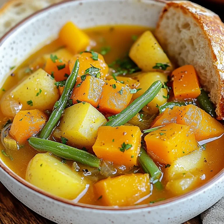 To make a great Harvest Apple Cider Stew, you need fresh and tasty ingredients. Here’s what you will need: - 2 tablespoons olive oil - 1 medium onion, chopped - 2 cloves garlic, minced - 3 medium carrots, sliced - 2 celery stalks, chopped - 4 medium potatoes, diced - 1 pound butternut squash, peeled and cubed - 4 cups apple cider - 2 cups vegetable broth - 1 teaspoon ground cinnamon - 1/2 teaspoon ground nutmeg - 1 bay leaf - 1 cup fresh or frozen green beans, trimmed and cut - Salt and pepper to taste - 2 tablespoons fresh parsley, chopped (for garnish) These ingredients create a warm, hearty flavor. The apple cider gives a sweet touch, while the spices add warmth and depth. You can make the stew even better with some optional add-ins and garnishes. Consider these: - Chopped apples for extra sweetness - A splash of apple cider vinegar for tang - Cooked lentils for added protein - A sprinkle of cheese, like cheddar, on top - Crusty bread on the side for dipping These options let you customize the stew to your taste and make it even more special. If you don’t have something on hand, don’t worry! You can easily swap some ingredients. Here are a few ideas: - Use chicken broth instead of vegetable broth for a richer flavor. - Swap butternut squash with sweet potatoes for a different taste. - Use frozen mixed vegetables if you want to save time on chopping. - Replace fresh parsley with dried herbs, like thyme or rosemary. These substitutions keep your stew delicious and fit your pantry. Enjoy experimenting with what you have! {{ingredient_image_1}} Start by gathering all your veggies. You'll need a medium onion, carrots, celery, potatoes, and butternut squash. Chop the onion finely. Slice the carrots into rounds. Chop the celery into small pieces. Dice the potatoes into cubes. Finally, peel and cube the butternut squash. This prep makes cooking easier and faster. 1. Heat 2 tablespoons of olive oil in a large pot over medium heat. 2. Add the chopped onion and cook until it turns translucent, about 5 minutes. 3. Stir in 2 minced garlic cloves and cook for another minute until it smells great. 4. Next, add the sliced carrots and chopped celery. Cook these for 3-4 minutes until they start to soften. 5. Now, toss in the diced potatoes and cubed butternut squash. Cook for another 5 minutes, stirring every so often. 6. Pour in 4 cups of apple cider and 2 cups of vegetable broth. Stir in 1 teaspoon of ground cinnamon, 1/2 teaspoon of ground nutmeg, and 1 bay leaf. 7. Bring the stew to a boil. Then, reduce the heat and let it simmer uncovered for 20 minutes. The veggies should be tender. 8. After that, add 1 cup of green beans. Let the stew simmer for another 5-10 minutes. Don’t forget to remove the bay leaf before serving. Taste your stew and season it with salt and pepper to your liking. For a nice finish, serve it hot in rustic bowls. Garnish with fresh chopped parsley for color. Pair the stew with a slice of crusty bread. This adds a nice touch for dipping. Enjoy warm and cozy flavors that remind you of fall! To make your Harvest Apple Cider Stew extra tasty, try these tips: - Use fresh herbs. Fresh parsley adds a bright touch and fresh taste. - Sauté your veggies. Cooking your onions and garlic in olive oil brings out their natural sweetness. - Choose quality cider. A good apple cider adds depth and warmth to the stew. - Add a splash of vinegar. A dash of apple cider vinegar at the end brightens the flavors. - Experiment with spices. Adding a pinch of cloves or allspice can give more warmth. These small changes can take your stew from good to amazing. Stews are simple, but small errors can ruin them. Here are some common pitfalls: - Overcooking vegetables. If you cook them too long, they turn mushy. Aim for tender but firm. - Not seasoning properly. Taste as you go. Adjust salt and pepper to bring out the flavors. - Skipping the bay leaf. This herb adds a subtle depth. Don't forget to remove it before serving. - Using low-quality cider. Cheap cider can taste sour or flat. Invest in a good brand for the best results. Avoiding these mistakes will help you create a comforting dish. Cooking a great stew involves a few best practices. Here are my top tips: - Layer your flavors. Cook aromatics first to build a strong base. - Simmer gently. A slow simmer allows the flavors to meld beautifully. - Use a heavy pot. A sturdy pot retains heat well and cooks food evenly. - Cook in batches. If you’re making a lot, consider cooking in smaller portions for better control. - Let it rest. Stews often taste even better the next day. Letting it cool and sit allows flavors to develop. Following these practices ensures your stew is rich and full of flavor. Pro Tips Fresh Ingredients: Use fresh, in-season vegetables for the best flavor. They will enhance the taste and nutritional value of your stew. Customize Your Spices: Feel free to adjust the spices to your taste. Adding a pinch of cayenne pepper can give the stew a delightful kick! Make It Ahead: This stew tastes even better the next day. Make a big batch and enjoy the leftovers for an easy lunch or dinner. Thicken If Desired: For a thicker stew, mash some of the potatoes or add a cornstarch slurry during the last few minutes of cooking. {{image_2}} You can easily make this stew vegetarian or vegan. Simply swap the vegetable broth for a richer flavor. Use vegetable stock or make your own at home. For a vegan touch, ensure you check your apple cider. Some brands add honey. Look for a pure apple cider to keep it plant-based. This way, you keep all the taste without any animal products. Change up the veggies based on the season. In spring, add fresh peas or asparagus. Summer is great for zucchini or bell peppers. In winter, try root vegetables like parsnips or turnips. Each season brings new flavors. This keeps your stew fresh and exciting all year long. Don't be afraid to play with flavors. Add a splash of balsamic vinegar for tang. Try adding lentils for extra protein. You can also mix in some sweet potatoes for a different taste. Herbs like thyme or rosemary can add depth. Experiment with spices too, like cumin or smoked paprika. Your stew can be a canvas for your creativity! After enjoying your Harvest Apple Cider Stew, let it cool to room temperature. Then, transfer the stew into an airtight container. Make sure to seal it well. Store it in the fridge for up to 4 days. If you want to keep it longer, consider freezing it. To freeze your stew, follow the same cooling steps. Use freezer-safe containers or bags. Leave some space in the container as the stew may expand when frozen. Your stew can last up to 3 months in the freezer. When you are ready to eat, just thaw it in the fridge overnight. When you’re ready to reheat, pour the stew into a pot. Heat it over medium-low heat until it bubbles. Stir it often to prevent sticking. If the stew seems thick, add a splash of vegetable broth or water. This will help return its original texture and flavor. Enjoy the cozy warmth and taste! Yes, you can use different types of cider. Each cider adds its own taste. If you want a sweeter stew, use apple cider. For a tart flavor, go for hard cider. You can mix ciders too! Just remember to balance the flavors with spices. You can serve many sides with this stew. Crusty bread is a great choice. It soaks up the tasty broth. You could also try a simple green salad. A fresh salad adds a nice crunch. For a cozy meal, serve it with baked apples or apple pie. Harvest Apple Cider Stew lasts about 3 to 5 days in the fridge. Make sure to cool it before you store it. Use an airtight container to keep it fresh. If you want to keep it longer, freeze it! It can last up to 3 months in the freezer. This blog post covers everything you need for Harvest Apple Cider Stew. We discussed key ingredients, optional add-ins, and substitutions. The cooking steps are clear, making preparation easy. Remember our tips to boost flavor and avoid common mistakes. There are fun variations for every season and diet. Proper storage keeps leftovers tasty for longer. With this guide, you can enjoy a warm bowl of stew anytime. Let's keep cooking and experimenting in the kitchen!