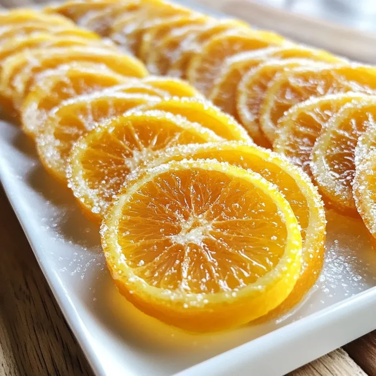 - 3 medium oranges - 1 ½ cups granulated sugar - 1 cup water - 1 tablespoon lemon juice - ½ teaspoon vanilla extract - A pinch of salt To make sweet and tangy candied orange slices, you need just a few simple items. Start by choosing three medium oranges. Fresh oranges give the best flavor. Next, gather granulated sugar. You will need one and a half cups. Then, get one cup of water, which helps create the syrup. You will also need one tablespoon of lemon juice. This adds a bright, zesty flavor. A half teaspoon of vanilla extract will give it a warm touch. Lastly, a pinch of salt brings out all the flavors. Having these items ready makes the process smooth. It’s fun to watch the orange slices transform into a sweet treat. Gather your ingredients, and let’s get started! {{ingredient_image_1}} First, wash the oranges well under running water. This removes any dirt or wax. Next, slice the oranges into thin rounds, about 1/4 inch thick. Each slice should be even for the best results. If you see any seeds, remove them carefully. This helps keep the slices nice to eat. Now, grab a medium saucepan. Combine 1 ½ cups of sugar, 1 cup of water, 1 tablespoon of lemon juice, and a pinch of salt in it. Stir the mixture well and turn the heat to medium. Boil it gently. Keep stirring until the sugar fully dissolves. This syrup is key to the sweet and tangy flavor. With the syrup boiling, it’s time to add the orange slices. Carefully add them to the saucepan. Turn down the heat to a simmer. Let the slices cook for about 40-50 minutes. Check them as they cook. They should become translucent and tender. This is when they turn into candy. Once done, use a slotted spoon to take the slices out. Place them on a wire rack set over a baking sheet. This helps the slices cool and dry out. Let them sit for 1-2 hours. Don’t forget about the syrup. You can save it for drizzling over desserts later or using as a glaze. If you want extra sweetness, roll the cooled orange slices in sugar. This gives them a nice crunch. After coating, let the slices sit for an additional 30 minutes. This allows the sugar to stick well and dry slightly. For even cooking, slice the oranges thinly, about 1/4 inch thick. Thin slices cook uniformly in the syrup. Use a sharp knife for clean cuts. This helps avoid mushy edges. To prevent bitterness, remove all seeds. Seeds can release unwanted flavors. Also, keep the heat low when simmering. High heat can scorch the syrup. Present your candied orange slices on a pretty plate. They look great stacked or arranged in a circle. You can also add them to cakes or tarts for a bright touch. Pair them with soft cheeses like brie for a tasty contrast. They add a sweet zing to a cheese platter. Be careful with slicing thickness. Slices that are too thick take longer to candy. This can lead to uneven cooking. Watch the temperature while simmering. If it’s too hot, the slices may caramelize too fast and burn. Keep an eye on them for the best results. Pro Tips Choose the Right Oranges: Opt for organic oranges if possible, as they have a more vibrant flavor and are less likely to contain pesticides. Adjust Sweetness: If you prefer a less sweet version, reduce the amount of sugar in the syrup by 1/4 cup without affecting the overall process. Experiment with Flavors: Add spices like cinnamon or cardamom to the syrup for a unique flavor twist that complements the citrus. Utilize the Syrup: Don't discard the leftover syrup! Use it to sweeten drinks, drizzle over pancakes, or as a glaze for meats. {{image_2}} You can add fun flavors to your candied orange slices. Try mixing in spices like cinnamon or ginger. These spices give a warm, cozy taste. You can also switch up the fruit. Grapefruits or lemons can add a nice twist. Experiment with different citrus fruits to find your favorite! If you want a different sweetness, try using honey or agave syrup. These sweeteners can change the taste and make it unique. You will need to adjust the liquid in the recipe. This ensures the syrup stays the right thickness. Make your candied orange slices even more special! Drizzle them with melted chocolate for a rich touch. You can also sprinkle some zest on top for color and taste. These simple decorations will make your treat look and taste amazing! To keep your candied orange slices fresh, use airtight containers. These containers lock in moisture and prevent air from ruining your treat. Store the slices in a cool, dry place. This helps maintain their sweet and tangy flavor. At room temperature, candied orange slices last up to a month. Be sure to check for any signs of spoilage. If the slices become sticky, moldy, or develop an off smell, it’s time to toss them. For longer storage, you can freeze the orange slices. First, place them in a single layer on a baking sheet. Freeze them for about two hours. Once frozen, transfer the slices to a freezer bag. Remove as much air as possible. To thaw, place them in the fridge overnight for best results. Candied orange slices can last for up to a month. Store them in an airtight container at room temperature. Keep them away from direct sunlight. This helps maintain their taste and texture. Yes, you can use other fruits! Try lemons, limes, or even apples. Each fruit gives a unique taste and texture. Just adjust the cooking time based on the fruit you choose. You can use leftover syrup in many ways. Drizzle it over pancakes or waffles. Use it in cocktails or tea for added flavor. You can also brush it on cakes for extra sweetness. Candied orange slices have sugar, but they also provide vitamins. They are a sweet treat, so enjoy them in moderation. Pair them with nuts or cheese for a balanced snack. Yes, this recipe is already vegan! It uses plant-based ingredients. The sugar and fruits make it a great choice for vegan diets. Enjoy this sweet treat without worry! You've learned how to make tasty candied orange slices. From washing the oranges to simmering in syrup, each step is fun. Remember to avoid thin slices and control the heat for the best taste. Don’t hesitate to mix things up with spices or different fruits. Store your treats properly in airtight containers for lasting flavor. Now, enjoy sharing your sweet creations with friends and family, or use them to elevate your desserts. Happy candying!
