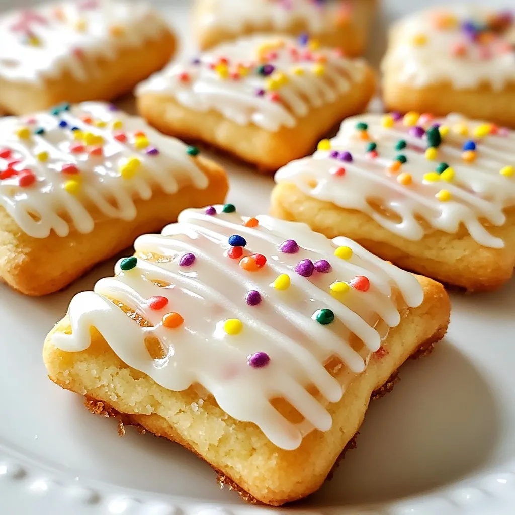 To make Brown Sugar Pop Tart Cookies, you need a few simple items. Here’s the full list: - 1 cup unsalted butter, softened - 1 cup brown sugar, packed - 1 large egg - 1 teaspoon vanilla extract - 2 cups all-purpose flour - 1 teaspoon baking powder - 1/2 teaspoon salt - 1/2 teaspoon cinnamon - 1/2 cup fruit preserves (strawberry or raspberry work great) - 1 cup powdered sugar - 2 tablespoons milk (or more for desired consistency) - Colorful sprinkles (optional) Each ingredient plays a key role in making these cookies taste great. The butter gives them a rich flavor and soft texture. Brown sugar adds a hint of caramel taste, making them sweet and chewy. The egg helps bind everything together. Vanilla brings a warm aroma that is hard to resist. The flour and baking powder are essential for structure. Salt and cinnamon add depth to the flavor. The fruit preserves create a delightful surprise inside each cookie. Finally, the powdered sugar and milk make a sweet glaze that adds a nice finish. You can also customize with colorful sprinkles to make them fun and festive! {{ingredient_image_1}} Start by preheating your oven to 350°F (175°C). This ensures even baking. While the oven heats, line a baking sheet with parchment paper. This keeps the cookies from sticking. In a large mixing bowl, cream together 1 cup of softened unsalted butter and 1 cup of packed brown sugar. Mix until the mixture is light and fluffy, about 2-3 minutes. Next, beat in 1 large egg and 1 teaspoon of vanilla extract. Make sure everything blends well. In a separate bowl, whisk together the dry ingredients: 2 cups of all-purpose flour, 1 teaspoon of baking powder, 1/2 teaspoon of salt, and 1/2 teaspoon of cinnamon. Gradually add this dry mix to the wet mixture. Stir until a dough forms. Cover the dough with plastic wrap and chill it in the fridge for about 30 minutes. Chilling the dough makes it easier to handle. Once chilled, roll out the dough on a lightly floured surface to about 1/4 inch thick. Use a cookie cutter or a knife to cut out rectangles or squares. Make sure to cut out pairs since each cookie will be a sandwich. Now, place half of the cutouts on the prepared baking sheet. Add about 1 teaspoon of fruit preserves to the center of each. You can use strawberry or raspberry preserves. Then, cover with the remaining cutouts. Gently press the edges to seal. Chilling the dough is key to great cookies. It helps the dough firm up. A firm dough is easier to roll and cut. I recommend chilling it for at least 30 minutes. This time lets the flavors blend and the butter harden. For a creamy filling, use soft butter when mixing. It should be soft but not melted. This makes the cookies light and fluffy. Creaming butter and sugar together well is very important. Aim for a light and fluffy mix that takes around 2-3 minutes. To make the perfect glaze, mix powdered sugar and milk until smooth. Start with 2 tablespoons of milk. If it’s too thick, slowly add more milk. You want a drizzle that will coat your cookies well. For fun, add colorful sprinkles on top of the glaze. You can also use edible glitter or small candies. These make your cookies look festive and fun! Pro Tips Chill the Dough: Make sure to chill the dough for at least 30 minutes to prevent the cookies from spreading too much while baking. Use Quality Preserves: Opt for high-quality fruit preserves for richer flavor. Homemade preserves can elevate the taste even further! Perfect Glaze Consistency: Adjust the milk in the glaze slowly until you reach a drizzle-like consistency that will hold its shape but not be too thick. Customize Your Sprinkles: Feel free to use themed or colored sprinkles to match occasions! They add a fun decorative touch to your cookies. {{image_2}} You can switch things up with different fruit preserves. Try peach, apricot, or even a tangy lemon curd. Each gives a unique twist to your cookies. If you want to spice things up, add ginger or nutmeg. These spices blend well with the sweet brown sugar. You can also use a pinch of cardamom for a warm, cozy flavor. The options are endless! If you need gluten-free cookies, use almond flour or a gluten-free blend. This keeps the texture nice while making it safe for those with gluten issues. For a vegan version, swap the butter for coconut oil. Use flaxseed meal mixed with water instead of the egg. This change keeps the dough moist and tasty. You can still enjoy these cookies while meeting your dietary needs! To keep your Brown Sugar Pop Tart Cookies fresh, you have a couple of easy options. You can store them at room temperature or in the fridge. - Room temperature: Place cookies in an airtight container. They will stay good for about 3-5 days. This keeps them soft and tasty. - Refrigerator: If you want to keep them longer, store them in the fridge. They can last up to a week. Just remember to seal them well to avoid drying out. For both methods, adding a slice of bread to the container can help keep the cookies soft. Freezing is a great way to save your cookies for later. Here’s how to do it step-by-step: 1. Cool Completely: Make sure your cookies are cool before freezing. This helps them keep their shape. 2. Wrap Each Cookie: Use plastic wrap for each cookie. This prevents freezer burn. 3. Store in a Bag: Place the wrapped cookies in a freezer bag or container. Squeeze out as much air as possible before sealing. 4. Label and Date: Write the date on the bag. This helps you keep track of how long they have been frozen. When you’re ready to enjoy your cookies: 1. Thawing: Take out the cookies and let them sit at room temperature for about 30 minutes. 2. Warm Up: For a fresh-baked taste, pop them in the oven at 350°F (175°C) for 5-10 minutes. Now, you can enjoy your Brown Sugar Pop Tart Cookies whenever you like! Brown Sugar Pop Tart Cookies can last about one week if stored right. Keep them in an airtight container at room temperature. This keeps them soft and fresh. If you want them to last longer, you can freeze them. They can stay good for up to three months in the freezer. Just make sure to wrap them tightly to prevent freezer burn. Yes, you can use other types of sugar. White sugar works well if you want a lighter taste. You can also mix brown sugar with white sugar for a nice balance. If you want a fun twist, try using coconut sugar. It has a unique flavor and is a little healthier. Just remember that different sugars can change the texture a bit. If your dough is too sticky, don't worry! You can fix it. First, try adding a little more flour, a tablespoon at a time. Mix it in until the dough feels better. Another tip is to chill the dough longer. Cold dough is easier to handle. If it's still sticky, dust your work surface and rolling pin with flour to help. This blog post covered everything you need to make tasty Brown Sugar Pop Tart Cookies. You learned about the simple ingredients, easy steps, and helpful tips to get the right texture. Variations exist for flavors and dietary needs, so you can make it your own. Proper storage will keep your cookies fresh. If you follow these steps, you will enjoy delicious cookies that friends and family will love. Remember, baking is fun, so enjoy every bite!