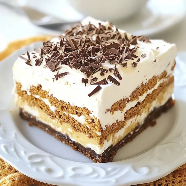 To make a delicious mocha icebox cake, you will need: - 2 cups strong brewed coffee, cooled - 1 cup heavy whipping cream - 1/2 cup powdered sugar - 1 teaspoon vanilla extract - 2 tablespoons unsweetened cocoa powder - 2 packages of chocolate wafer cookies (about 10 oz each) - Dark chocolate shavings, for garnish For a more intense coffee flavor, consider adding: - Instant coffee granules Mix a teaspoon into your coffee while it brews. This small step boosts the mocha flavor. You can also use flavored whipping cream to add more depth. If you have dietary needs, here are some substitutes: - Use dairy-free whipping cream for a vegan option. - Replace chocolate wafers with gluten-free cookies if needed. - Substitute powdered sugar with a sugar alternative for a lower-calorie dessert. These swaps keep the taste enjoyable while meeting your needs. {{ingredient_image_1}} Start by brewing 2 cups of strong coffee. Let it cool to room temperature. If you want a stronger taste, add a teaspoon of instant coffee granules. Mix it in while the coffee is warm. This step boosts the flavor and richness. In a bowl, add 1 cup of heavy whipping cream, 1/2 cup of powdered sugar, 1 teaspoon of vanilla extract, and 2 tablespoons of cocoa powder. Use a whisk to mix these ingredients. Whip until you see soft peaks form. Be careful not to overwhip, or the cream will become too thick. Dip each chocolate wafer cookie in the cooled coffee for about 1-2 seconds. Don’t let them soak too long; you want them moist but not soggy. Take a rectangular or square dish and start layering. Place a layer of dipped cookies on the bottom. Then, spread a layer of the whipped cream mixture over the cookies. Repeat this process, alternating layers of cookies and cream. Finish with a layer of whipped cream on top. Cover the dish with plastic wrap and refrigerate for at least 4 hours, or overnight if you can wait. This helps the flavors blend and the cookies soften. Before serving, sprinkle dark chocolate shavings on top for a nice touch. Slice it up and enjoy the delicious layers of coffee and cocoa! To make great whipped cream, start with cold tools. Chill your mixing bowl and beaters in the fridge for 10 minutes. This helps the cream whip better. Use heavy whipping cream for the best results. Whisk on medium speed until soft peaks form. Be careful not to overwhip, or it will turn to butter. Add powdered sugar, vanilla extract, and cocoa powder for flavor. Mix gently until combined, and you’re ready to layer. Layering is key to a great Mocha Icebox Cake. Begin with a layer of coffee-dipped cookies. Make sure to dip each cookie for just 1-2 seconds. If you soak them too long, they will become mushy. Follow with a layer of your whipped cream mixture. Spread it smoothly with a spatula. Repeat this process until all cookies and whipped cream are used. End with whipped cream on top. This creates a beautiful finish. You can boost the flavor of your cake with a few extra ingredients. Consider adding a teaspoon of instant coffee granules to your whipped cream mix. This intensifies the coffee flavor. You can also sprinkle some cocoa powder between layers for more depth. For fun, try adding a layer of crushed nuts for crunch. Dark chocolate shavings on top add elegance and flavor. Experiment with these tips to make your cake uniquely yours. Pro Tips Use Fresh Coffee: For the best flavor, always use freshly brewed coffee. Avoid pre-ground coffee that has been sitting for too long. Whip Cream to Soft Peaks: Be careful not to overwhip the cream; you want soft peaks to ensure a light and airy texture in the cake. Layering Technique: Alternate layers evenly to ensure that every bite has a perfect balance of cookie and cream. Chill Overnight: For the best flavor and texture, let the cake chill overnight. This allows the cookies to soften and absorb the coffee flavor fully. {{image_2}} You can switch up the cookies in your mocha icebox cake. Instead of chocolate wafer cookies, try using graham crackers or vanilla wafers. Both will give a fun twist. The taste will change, but the layers will still be creamy and rich. Just make sure to dip them in coffee as you do with the chocolate ones. Want to mix things up? You can add different flavors to your mocha icebox cake. For a minty twist, add peppermint extract to the cream mixture. This will give you a fresh taste. If you like hazelnuts, use hazelnut coffee instead of regular coffee. You can also mix in some chopped hazelnuts for a nice crunch. If you have dietary needs, don't worry! You can make this cake gluten-free. Use gluten-free chocolate cookies. For a dairy-free version, swap heavy cream with coconut cream. Both options will keep the cake just as tasty. Enjoy your delightful dessert without worry! To keep your Mocha Icebox Cake fresh, cover it tightly with plastic wrap. This keeps the moisture in and prevents the cake from drying out. You can also use an airtight container if you have one. Store it in the fridge for up to five days. Just remember, the longer it sits, the softer the cookies will get. You can freeze this cake, too! First, let it chill in the fridge for at least four hours. After that, slice the cake into portions. Wrap each slice in plastic wrap and then in aluminum foil. This keeps it well protected. You can freeze it for up to three months. When you're ready to enjoy it, just thaw it in the fridge overnight. This cake is best served cold, so you don't need to reheat it. If you prefer it slightly warm, let it sit at room temperature for about 10 minutes before serving. This helps enhance the flavors without melting the whipped cream. Enjoy each slice as a delightful treat! Yes, you can use decaf coffee. It works well in this cake. The flavor remains rich and smooth. If you want less caffeine, decaf is a great choice. Just brew it strong like regular coffee. This keeps the taste bold and lovely. You can store the Mocha Icebox Cake for up to five days. Keep it covered in the fridge. This helps it stay fresh and tasty. The flavors also deepen over time. Just remember to slice it with a clean knife to avoid mess. Absolutely! Making this cake ahead is a smart idea. It needs at least four hours to chill. For best results, let it sit overnight. This allows the cookies to soften and soak up all the coffee flavor. Your guests will enjoy a rich, creamy treat. This blog post covered how to make a great Mocha Icebox Cake. We discussed key ingredients, step-by-step instructions, and helpful tips. You learned about variations and how to store leftovers too. Try this recipe for a fun dessert that suits your taste. It’s simple and adaptable. Enjoy creating your delicious Mocha Icebox Cake with your favorite flavors!